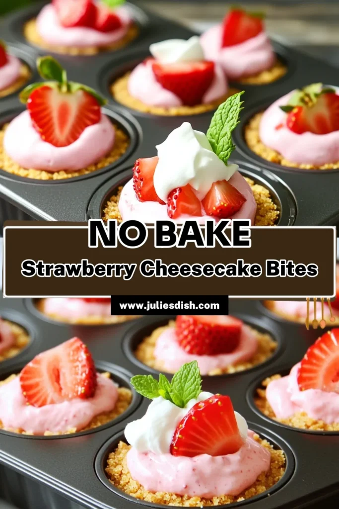 Indulge in a deliciously easy treat with these No Bake Strawberry Cheesecake Bites! Perfect for summer gatherings or a sweet snack, these delightful bites combine cream cheese, fresh strawberries, and a buttery crust for an irresistible dessert. Ready in just 20 minutes, they’re a breeze to make. Click through for the full recipe and discover how to impress your friends and family effortlessly! #NoBakeDessert #StrawberryCheesecake #SweetTreats #DessertRecipes