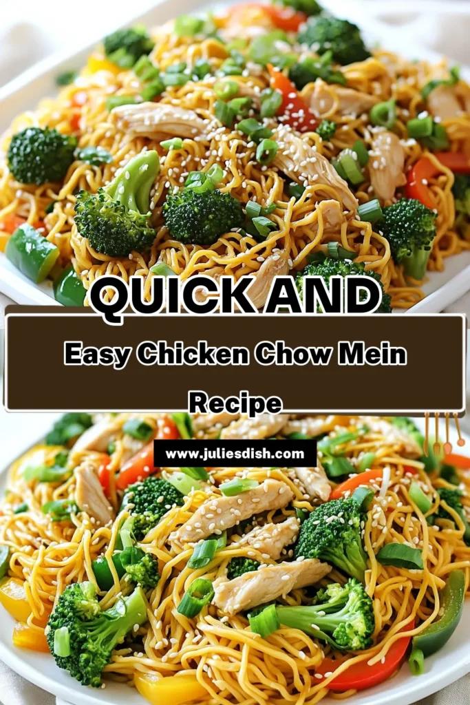 Savor the delicious flavors of Chicken Chow Mein with this quick and easy recipe! Perfect for busy weeknights, this dish combines tender chicken, vibrant vegetables, and savory noodles to create a satisfying meal everyone will love. Discover the full recipe and make this favorite dish in just 30 minutes. Click to explore the step-by-step instructions and garnish ideas! #ChickenChowMein #EasyRecipes #DinnerIdeas #FoodieFavorites