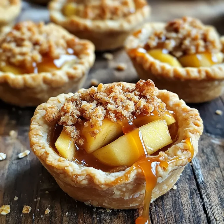 - 2 cups all-purpose flour - 1/2 cup unsalted butter, cold and cubed - 1/4 cup granulated sugar - 3 medium apples (Granny Smith or Honeycrisp) - 1/2 cup caramel sauce - 1 tablespoon lemon juice - 1 teaspoon ground cinnamon - 1/4 teaspoon nutmeg - 1/4 cup brown sugar - 1/2 cup rolled oats - 1/4 cup all-purpose flour - 1/4 cup unsalted butter, melted When I plan to make caramel apple mini pies, I gather these ingredients first. The all-purpose flour gives a great base for my pie crust. I use cold, cubed unsalted butter to keep the crust flaky. The granulated sugar mixes in to add sweetness. For the filling, I prefer Granny Smith or Honeycrisp apples. These apples balance tartness and sweetness well. For the filling, I use caramel sauce to give a rich flavor. A splash of lemon juice brightens the apples. I add ground cinnamon and nutmeg for warmth and spice. The streusel topping adds a crunchy layer. Brown sugar gives it a deep sweetness, while rolled oats add texture. I use a bit more flour in the streusel to help it bind. Finally, I melt some unsalted butter and mix it all together for that perfect crumbly topping. Each ingredient plays an important role in making these mini pies delicious. They help create a balance of flavors and textures. To start, mix the dry ingredients. In a bowl, combine 2 cups of all-purpose flour, 1/4 cup of granulated sugar, and 1/4 teaspoon of salt. This mix brings balance to your crust. Next, incorporate the butter. Add 1/2 cup of cold, cubed unsalted butter. Use your fingers or a pastry cutter to blend until it looks like coarse crumbs. This step is key for a flaky texture. Now, add cold water. Gradually pour in 5-6 tablespoons of cold water, one tablespoon at a time. Mix until the dough holds together. Wrap it in plastic and chill in the fridge for at least 30 minutes. Chilling helps the dough relax for easy rolling later. For the filling, prepare the apples first. Peel and dice 3 medium apples, like Granny Smith or Honeycrisp. These apples add a nice tartness. Next, add caramel and spices. In a bowl, mix the diced apples with 1 tablespoon of lemon juice, 1/2 cup of caramel sauce, 1 teaspoon of ground cinnamon, and 1/4 teaspoon of nutmeg. Stir well to coat the apples. This creates a sweet and spicy filling. Now, let’s make the streusel topping. In a bowl, combine 1/2 cup of rolled oats, 1/4 cup of flour, and 1/4 cup of brown sugar. This mix will add a crunchy texture. Combine with melted butter. Pour in 1/4 cup of melted unsalted butter and stir until crumbly. This will give your topping a rich flavor. Roll out the dough next. Once chilled, roll the dough out on a floured surface to 1/8-inch thick. Use a round cutter to cut circles about 4 inches in diameter. Place the dough rounds in a greased muffin tin. Fill each cup with the caramel apple mixture. Top each pie with the streusel topping. Make sure to cover the apples well. Preheat the oven now. Set it to 375°F (190°C) so it's hot when the pies go in. Bake the mini pies. Place the muffin tin in the oven and bake for about 20-25 minutes. You want the crust to be golden brown and the apples bubbling. The aroma will fill your kitchen! Let the pies cool. Once baked, allow them to cool in the muffin tin for about 10 minutes. This makes them easier to remove. Drizzle with caramel sauce before serving. If you like, add extra caramel sauce on top for a sweet finish. Enjoy your delicious caramel apple mini pies! For baking, I love using Granny Smith or Honeycrisp apples. These types have the right mix of tartness and sweetness. Granny Smith apples bring a nice zing, while Honeycrisp adds a soft, sweet bite. To balance flavors, I suggest mixing both types. This mix gives your pies depth and makes each bite exciting. You can also try Fuji apples for a sweeter taste. To make a flaky pie crust, keep your butter cold. I cube it straight from the fridge. When mixing, stop when you see small lumps of butter. This creates those nice, flaky layers. Preventing sogginess is key. I recommend chilling your crust before filling it. A quick chill helps keep the crust firm when the filling goes in. You can also brush the inside with a little melted butter before adding the apples. For the perfect streusel, focus on crumb texture. You want it to be crumbly but still hold together. Mix the oats, flour, and sugar well. Then add melted butter gradually until it looks like wet sand. You can add flavors to your streusel too! Try mixing in chopped nuts, like pecans or walnuts. You can also add some cocoa powder for a chocolate twist. This makes your pies even more special. {{image_2}} To mix things up, try adding nuts or chocolate to your streusel. Chopped walnuts or pecans add a nice crunch. If you love chocolate, consider mixing in mini chocolate chips. Both options elevate the flavor and texture. You can also experiment with different fruits. While apples shine, pears or berries can be delicious too. Each fruit brings its own unique taste. You can even mix them for a fun twist. If you need a gluten-free option, substitute all-purpose flour with a gluten-free blend. Many great blends work well in pie crusts. Make sure to check if your blend has a binding agent like xanthan gum. Adjust your baking times slightly. Gluten-free crusts can bake faster. Keep an eye on the mini pies to avoid over-baking. For a vegan version, replace butter with plant-based alternatives. Coconut oil or vegan butter works well. You can also use coconut cream or a nut-based cream as a caramel substitute. Other dairy-free options include almond or soy milk. These swaps keep your mini pies tasty and suitable for a plant-based diet. Don’t hesitate to get creative! To keep your caramel apple mini pies fresh, store them in the fridge. Place them in an airtight container. This helps keep the crust crisp and the filling tasty. Your mini pies will last up to five days in the fridge. They make a great snack or dessert anytime! If you want to save some for later, freezing works well. First, let the mini pies cool completely. Then, wrap each pie in plastic wrap and place them in a freezer-safe bag. Make sure to remove as much air as you can before sealing. They can stay good in the freezer for about three months. When you're ready to eat, take one out and let it thaw in the fridge overnight. To reheat, place it in a warm oven for about 10 minutes. This way, the crust stays crisp! These mini pies are perfect with a scoop of vanilla ice cream or a dollop of whipped cream. The cold creaminess goes well with the warm pie. For a fun touch, drizzle some extra caramel sauce on top before serving. You can also sprinkle a little cinnamon for extra flavor. Serve them on a pretty plate to impress your guests! Yes, you can make the dough ahead of time. It saves you time later. Here are some tips for preparing dough in advance: - Chill the Dough: After mixing, wrap the dough in plastic wrap. Chill it for at least 30 minutes. - Store It Right: If you want to keep it longer, freeze it. Just wrap it tightly in plastic wrap and then in foil. - Thaw Before Use: When ready to bake, thaw the dough in the fridge overnight. To avoid a watery filling, use these techniques: - Choose Firm Apples: Select apples like Granny Smith or Honeycrisp. They hold their shape well. - Add Thickeners: Mix in a tablespoon of cornstarch or flour with your filling. This helps absorb excess moisture. - Cook the Filling: You can cook the apple mixture for a few minutes. This will reduce some moisture before filling the pies. If you don’t have caramel sauce, you have options: - Homemade Caramel: You can make your own with sugar and cream. It’s simple and tasty. - Sweetened Condensed Milk: Heat it lightly for a caramel-like flavor. - Maple Syrup: This gives a different flavor but still adds sweetness. In this post, we covered how to make delicious mini apple pies. You learned about key ingredients like flour, butter, and apples. We detailed the steps for mixing, filling, and baking the pies. You also got tips on choosing apples and perfecting the crust. Remember the variations to customize your pies and the storage tips for keeping them fresh. Making these mini pies can be fun and rewarding. Enjoy sharing them with friends and family!