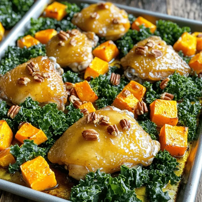 - 4 bone-in, skin-on chicken thighs - 1 medium butternut squash, peeled and cubed - 2 tablespoons olive oil - 1/4 cup pure maple syrup - 1 teaspoon cinnamon - 1/2 teaspoon nutmeg - Salt and pepper to taste - 2 cups fresh kale, stems removed and roughly chopped - 2 tablespoons apple cider vinegar - Optional: Chopped pecans for garnish Gathering the right ingredients is key to a great meal. I love using bone-in, skin-on chicken thighs. They stay juicy and full of flavor. Butternut squash adds a sweet, nutty taste that pairs well with the chicken. Olive oil helps everything roast nicely. Pure maple syrup is a must for that sweet glaze. Spices play a big role, too. Cinnamon brings warmth, while nutmeg adds depth. Don’t forget salt and pepper; they enhance all the flavors. For a twist, I often add kale, which cooks down nicely. A splash of apple cider vinegar brightens the dish. If you want a crunch, sprinkle chopped pecans on top. With these ingredients, you set the stage for a delightful meal that shines in taste and presentation. First, preheat your oven to 425°F (220°C). This helps the chicken and squash cook evenly. Next, take your medium butternut squash and peel it. Cut it into small cubes. Aim for pieces about an inch in size. This ensures they roast well and get tender. In a large bowl, toss the butternut squash cubes with 1 tablespoon of olive oil. Add 1 teaspoon of cinnamon, 1/2 teaspoon of nutmeg, and a pinch of salt and pepper. Mix well so all pieces are coated. This blend of spices adds warmth and flavor. Now, take your chicken thighs and add them to the same bowl. Pour in 1/4 cup of pure maple syrup and the remaining tablespoon of olive oil. Sprinkle more salt and pepper. Mix until the chicken is well coated. The maple syrup gives a sweet glaze that pairs nicely with the squash. Arrange the seasoned butternut squash on one side of a large sheet pan. Place the chicken thighs on the other side, skin-side up. This setup allows everything to cook evenly. Roast them in the preheated oven for about 25 minutes. After 25 minutes, remove the pan from the oven. Scatter 2 cups of fresh, chopped kale over the chicken and squash. Drizzle 2 tablespoons of apple cider vinegar over the kale. Return the pan to the oven and roast for an additional 10-15 minutes. The chicken should reach an internal temperature of 165°F (74°C), and the squash should be tender. Once done, take the pan out of the oven. Let it cool for a few minutes before serving. For an extra crunch, sprinkle chopped pecans on top. Enjoy this delightful dish! To get the best roast, aim for 425°F (220°C). This heat cooks the chicken well and makes the squash tender. After 25 minutes, check if the chicken is ready. Use a meat thermometer to see if it hits 165°F (74°C). This ensures it is safe to eat. Want more flavor? You can add spices like garlic powder or smoked paprika. These will give a new taste. Fresh herbs like thyme or rosemary can also boost flavor. Just toss them in with the chicken and squash before roasting. Serve straight from the pan for a cozy look. This makes it easy and fun for everyone. For a fancier touch, plate the chicken and squash on separate dishes. Drizzle with extra maple syrup for a shiny finish. You could also sprinkle chopped pecans on top for a crunchy texture. {{image_2}} You can switch the chicken thighs with chicken breasts. Chicken breasts cook faster and stay juicy if not overcooked. If you prefer turkey, use turkey thighs. They have a rich flavor and pair well with maple syrup. Seasonal veggies can add a twist. Try sweet potatoes or carrots for a different taste. You can also use Brussels sprouts for a hearty side. If you want greens other than kale, try spinach or Swiss chard. Both add great color and nutrients. To change the flavor, add different syrups. Try honey for a floral note or agave for a milder sweetness. You can also use balsamic vinegar instead of apple cider vinegar for a tangy kick. Adding citrus, like orange or lemon zest, can brighten the dish. Fresh fruit, such as apples or pears, can also boost sweetness. To store your sheet pan maple roasted butternut squash and chicken, let it cool first. Cooling helps prevent sogginess. Place leftover food in an airtight container. Glass containers work best but plastic is fine too. Label the container with the date to keep track of freshness. When reheating, use the oven for best results. Preheat your oven to 350°F (175°C). Place the chicken and squash on a baking sheet. Heat for about 15-20 minutes until warmed through. This method keeps the chicken skin crispy and the squash tender. You can also use a microwave, but it may lose some texture. To freeze, let the dish cool completely. Divide it into single portions for easy use. Use freezer-safe containers or bags. Squeeze out air before sealing. For thawing, move the portions to the fridge overnight. Reheat in the oven or microwave when ready to eat. This keeps the flavors and texture intact. Cook bone-in, skin-on chicken thighs at 425°F (220°C) for 25 to 30 minutes. Use a meat thermometer to check for doneness. The internal temperature should reach 165°F (74°C). This ensures the chicken is safe to eat and juicy. Yes, you can prep this dish ahead. Cut the butternut squash and store it in the fridge. You can also marinate the chicken with maple syrup and spices a day before. Keep the chicken covered in the fridge. Pair this dish with a fresh salad or roasted vegetables. A simple green salad with vinaigrette works well. You could also add grains like quinoa or brown rice for extra texture. Consider serving it with crusty bread for a hearty meal. This article guided you through creating a delicious maple roasted chicken and butternut squash dish. We covered key ingredients, step-by-step instructions, and tips for perfect roasting. You can have fun with variations and storage ideas, making your meal prep easier. Embrace this recipe’s flexibility and make it your own. Enjoy the warmth and flavors that come from this dish. Cooking should be simple and enjoyable for everyone. Happy roasting!