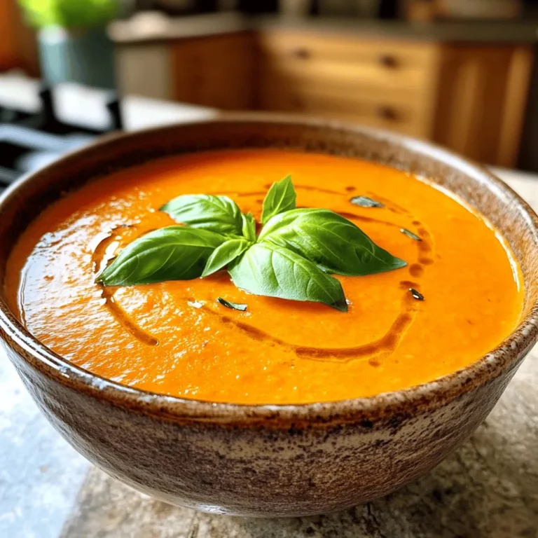 To make this tasty soup, gather the following ingredients: - 4 large red bell peppers, roasted and peeled - 1 medium onion, diced - 3 cloves garlic, minced - 1 medium potato, peeled and cubed - 4 cups vegetable broth - 1 cup coconut milk (or heavy cream) - 1 teaspoon smoked paprika - 1 teaspoon dried basil - Salt and pepper to taste - 2 tablespoons olive oil - Fresh basil leaves for garnish You can enhance the flavor with these optional ingredients: - A pinch of red pepper flakes for heat - A squeeze of fresh lemon juice for brightness - Some croutons for a crunchy texture - A dollop of yogurt for creaminess To make this soup, you will need: - A large pot for cooking - A sharp knife for chopping - A cutting board for prep - An immersion blender or regular blender for pureeing - Measuring cups and spoons for accuracy To roast the red peppers, you can use an open flame or an oven. If using an oven, place the peppers on a baking sheet. Roast them until they turn dark and charred. This may take about 20-30 minutes at 450°F. Once charred, place them in a bowl and cover with plastic wrap. Let them steam for around 10 minutes. This helps loosen the skins. When cooled, peel off the skins and remove the seeds. Now, you have sweet and smoky peppers for your soup. In a large pot, heat 2 tablespoons of olive oil over medium heat. Add 1 medium diced onion. Cook for about 5 minutes until it turns soft and translucent. Next, add 3 minced garlic cloves. Cook for another 1-2 minutes. The smell will be amazing! This step builds a great base for your soup. Add 1 medium cubed potato to the pot. Stir it for 3 minutes. Then, toss in the roasted red peppers you prepared earlier. Pour in 4 cups of vegetable broth. This will give your soup depth and flavor. Stir well to combine all the ingredients. Bring your mixture to a boil. Once boiling, reduce the heat to a simmer. Add 1 teaspoon of smoked paprika, 1 teaspoon of dried basil, and salt and pepper to taste. Cover the pot and let it simmer for 20 minutes. This allows the potatoes to become tender and the flavors to meld together nicely. After simmering, check if the potatoes are soft. If they are, use an immersion blender to puree the soup until smooth. If you don’t have an immersion blender, carefully transfer the soup in batches to a regular blender. Blend until smooth, then return the soup to the pot. Stir in 1 cup of coconut milk or heavy cream. This adds a rich creaminess to your soup. Let it warm through for another 5 minutes. Taste the soup and adjust the seasoning if needed. Now, your soup is ready to serve! Ladle it into bowls and garnish with fresh basil leaves for a lovely finish. Roasting peppers is key to great flavor. Use fresh, ripe red bell peppers for the best taste. You can roast them over an open flame or in the oven. If using the oven, set it to broil. Place the peppers on a baking sheet and turn them every few minutes. You want them to char on all sides. Once charred, put them in a bowl and cover with plastic wrap. This makes peeling easier. Let them sit for about 10 minutes, then peel off the skins and remove the seeds. Taste is vital in cooking. The balance of flavors makes your soup shine. Start with a pinch of salt and pepper. After blending, taste the soup again. If it seems bland, add more salt or a squeeze of lemon juice. For a kick, add a dash of hot sauce or red pepper flakes. Remember, you can always add more, but you can’t take it out! For a creamier texture, use coconut milk or heavy cream. Coconut milk adds a nice sweetness. Make sure to stir it in after blending the soup. If you want it super smooth, blend longer. If you prefer a chunkier soup, blend only half of it. You can also add cooked potatoes for extra creaminess. Presentation matters! Use shallow bowls for serving. Ladle the soup in the center, leaving some space around it. Top with fresh basil leaves for a pop of color. You can drizzle some olive oil on top for a nice finish. For extra flair, add a sprinkle of smoked paprika or some croutons. This makes your dish look and taste gourmet! {{image_2}} You can easily make this soup vegan. Simply replace the coconut milk with almond or cashew milk. Both options give a nice creamy texture. You can also skip the heavy cream for a lighter touch. The rest of the soup stays the same. This keeps it rich in flavor and full of nutrients. Spices change the soup's flavor a lot. For a kick, try adding cayenne pepper or red pepper flakes. You can also use Italian herbs like oregano or thyme for a different twist. If you want a smoky flavor, add more smoked paprika. It makes the soup even better! If you don't have coconut milk, use heavy cream or Greek yogurt. These options keep the soup creamy. You can also try silken tofu blended until smooth for a dairy-free choice. Each option brings a unique taste and texture to the soup. Adjust the seasoning to fit your choice, and enjoy! To keep your one-pot roasted red pepper soup fresh, let it cool first. Pour it into airtight containers. Make sure to leave some space at the top. This allows for expansion if you freeze it. Store it in the fridge for up to three days. Always check for signs of spoilage before reheating. You can freeze this soup for longer storage. Use freezer-safe containers or bags. Label them with the date and contents. The soup can last for about three months in the freezer. To prevent ice crystals, remove as much air as possible from bags. When you’re ready to enjoy it, thaw overnight in the fridge. Reheat the soup on the stove over low heat. Stir it occasionally to keep it from sticking. You can also use a microwave. Pour it into a microwave-safe bowl and cover it loosely. Heat in short intervals, stirring in between. Make sure it's hot throughout before serving. If needed, add a splash of coconut milk for extra creaminess. Yes, you can use store-bought roasted red peppers. They save time and are easy to find. Just rinse and chop them before adding to your pot. This keeps the flavor strong and rich. To add spice, try adding a pinch of cayenne pepper or red pepper flakes. You can also mix in diced jalapeños for a fresh kick. Adjust the heat to match your taste. Roasted red pepper soup pairs well with crusty bread or grilled cheese. You may also serve it with a fresh salad for a balanced meal. These sides complement the soup's rich flavor. This recipe is already gluten-free! The main ingredients, like peppers and broth, do not contain gluten. Just check your vegetable broth for any added gluten. Absolutely! You can use yellow or orange bell peppers for a different flavor. For a smoky taste, try using poblano peppers. Each type will give the soup a unique twist. This article covered how to make a tasty one-pot roasted red pepper soup. You learned the key ingredients, steps for prep, and cooking methods. I shared tips on seasoning and making it creamy. You also discovered some fun variations and storage methods. In the end, this soup is simple, versatile, and rewarding to make. Dive in and enjoy your flavorful, homemade creation!