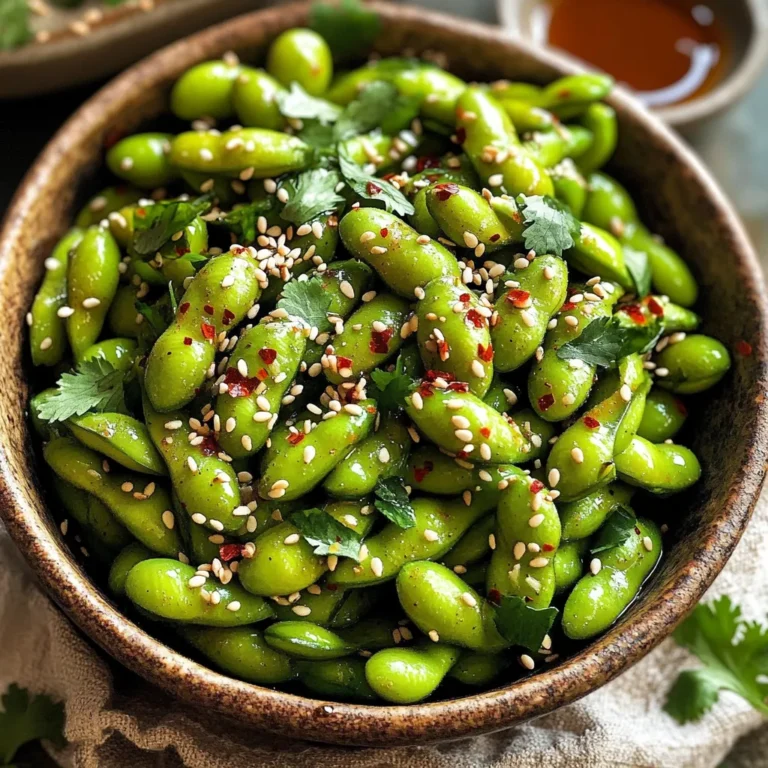 - 2 cups frozen edamame in pods - 2 tablespoons olive oil - 3 cloves garlic, minced - 1 teaspoon red pepper flakes - 1 teaspoon soy sauce - 1 tablespoon sesame seeds - Salt to taste - Fresh cilantro for garnish (optional) The main ingredients for Air Fryer Spicy Garlic Edamame are simple yet powerful. Edamame provides a great base. It is packed with protein, which makes it a healthy choice. Olive oil adds richness and helps the flavors meld. Garlic brings a strong, aromatic taste. Red pepper flakes give it a spicy kick that you can adjust. Soy sauce adds umami, while sesame seeds add a nice crunch. Salt enhances all these flavors. If you want, add fresh cilantro for a pop of color and freshness. You can vary the spice level by changing the amount of red pepper flakes. If you want it milder, use less. For more heat, add more flakes or use a hot sauce. You can also switch up the oil. Instead of olive oil, try avocado or sesame oil for different flavors. Edamame is not just tasty; it is also nutritious. It is high in protein and fiber, making it filling. Edamame also contains vitamins and minerals, like vitamin K and folate. Garlic is another superfood. It can help boost your immune system and lower blood pressure. Together, these ingredients make a snack that is both delicious and good for you. Start with a large bowl. Add 2 cups of frozen edamame pods. Pour in 2 tablespoons of olive oil. Next, add 3 cloves of minced garlic. Sprinkle in 1 teaspoon of red pepper flakes. Finally, pour in 1 teaspoon of soy sauce. Toss everything well. You want the edamame to be evenly coated. This step is key for flavor. Set your air fryer to 350°F (175°C). Preheat it for about 3 to 5 minutes. Preheating helps cook the edamame evenly. It also gives it a nice crisp. Don’t skip this step if you want great results. Place the coated edamame in the air fryer basket. Spread them out in a single layer. Cook for 10 to 12 minutes. Make sure to shake the basket halfway through. This helps all sides cook well. Keep an eye on them. You want them tender, not overcooked. After 12 minutes, take the basket out. Now, sprinkle 1 tablespoon of sesame seeds over the edamame. Toss them to mix well. Return the basket to the air fryer for another 2 minutes. This gives the seeds a nice toast. Once done, serve the spicy garlic edamame. Adjust salt to taste. Garnish with fresh cilantro if you like. Enjoy this tasty snack! To avoid overcooking your edamame, watch the time closely. Cook for 10-12 minutes at 350°F. Shake the basket halfway through to keep them from sticking. This helps cook them evenly. For a crispy finish, make sure the edamame are in a single layer. Crowding the basket can lead to soggy pods. You can add more flavor by trying different ingredients. A squeeze of lime juice brightens the taste. You might also mix in ginger for a warm spice. If you like it hot, add more red pepper flakes. For sauces, think about adding a drizzle of sriracha or a splash of teriyaki. Both can enhance the flavor nicely. For presentation, serve your edamame in a rustic bowl. Add a small dish of soy sauce on the side for dipping. You can also sprinkle more sesame seeds on top for added crunch. To create a complete meal, pair the edamame with rice or a salad. They make a great side dish to grilled chicken or fish. Enjoy your snack as a tasty appetizer or a healthy snack! {{image_2}} You can change the flavor of your spicy garlic edamame easily. Try a sweet and spicy version. Simply add a tablespoon of honey or maple syrup to the mix. This makes a great balance of heat and sweetness. For an Asian-inspired seasoning, use five spice powder or miso paste instead of soy sauce. This gives a richer taste and adds depth to each bite. If you need gluten-free options, switch to tamari instead of soy sauce. This keeps the dish safe for those who avoid gluten. For a vegan alternative, ensure your soy sauce is labeled vegan. Most soy sauces are already vegan, but it’s good to check. You can also skip the sesame seeds if you want a nut-free snack. Edamame pairs well with many drinks and sides. A light beer or sake complements the spicy flavor. You can also serve it with a fresh salad or rice dish. This snack fits nicely with Asian cuisines like Japanese or Thai food. It adds a healthy touch to your meal while keeping it fun and flavorful. To keep your spicy garlic edamame fresh, store it in an airtight container. Let it cool to room temperature first. Then, place it in the fridge. This method helps maintain its flavor and texture. Aim to eat leftovers within three days for the best taste. - Proper storage techniques: Use a clean, dry container. Avoid stacking too many layers. - Tips for extending freshness: You can sprinkle a little salt to help preserve flavor. Keeping it sealed prevents moisture from ruining your snack. When reheating edamame, your goal is to restore its crispness. The air fryer is the best choice. Set it to 350°F (175°C) and heat for about 5 minutes. This method maintains both flavor and texture. - Best methods for reheating edamame: Air fry for 5 minutes or heat on the stove with a splash of oil. - Tips to maintain texture and flavor: Avoid microwaving, as it can make the edamame soggy. If using the stove, keep the heat low and stir often. It takes about 10-12 minutes to cook edamame in an air fryer. Preheat the air fryer to 350°F (175°C) for a few minutes. Toss the edamame in olive oil and spices, then place them in a single layer in the basket. Shake halfway for even cooking. Yes, you can use fresh edamame. Fresh edamame may cook a bit faster than frozen. Adjust the cooking time to about 8-10 minutes. Make sure to toss them in the same olive oil and spice mix for great flavor. To adjust the spice level, change the amount of red pepper flakes. Start with half a teaspoon if you prefer less heat. You can also add a bit of hot sauce or chili oil. Taste as you go to find your perfect balance. Some tasty dipping sauces include soy sauce, sriracha, or a spicy mayo. You can also try a simple mix of soy sauce and rice vinegar for a lighter taste. These sauces add extra flavor and make the snack even more fun! In this blog post, we explored how to make delicious air-fried edamame. We covered the main ingredients like edamame, olive oil, garlic, and more. You learned step-by-step instructions to prepare and cook it perfectly. We also discussed tips for achieving a great texture and flavor enhancements to try. Finally, we shared storage tips and ways to enjoy leftovers. Air-fried edamame is a healthy snack that’s quick and easy. Enjoy experimenting with different flavors and serving suggestions!
