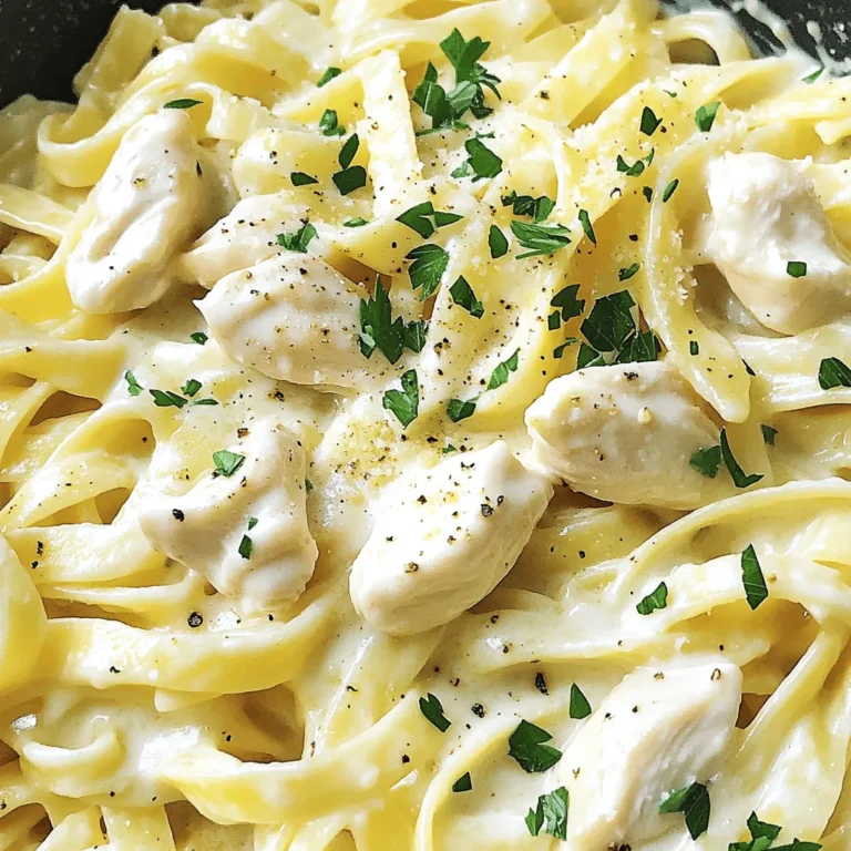 - 1 lb boneless, skinless chicken breasts, cut into bite-sized pieces - 8 oz fettuccine pasta, uncooked - 2 cups heavy cream - 1 cup chicken broth These main ingredients form the heart of your Creamy Chicken Alfredo. The chicken brings protein, while the fettuccine adds a nice texture. The heavy cream and chicken broth create a rich and tasty sauce. - 4 cloves garlic, minced - 1 teaspoon Italian seasoning - Salt and pepper to taste - 1 tablespoon olive oil - Fresh parsley, chopped (for garnish) Seasoning is key to flavor. Garlic adds a warm aroma. Italian seasoning gives depth. Salt and pepper enhance all the flavors. Olive oil helps cook the chicken, while fresh parsley brightens the dish. This mix makes every bite delicious and fresh. Start by heating one tablespoon of olive oil in a pan over medium heat. Once hot, add one pound of boneless, skinless chicken breasts cut into bite-sized pieces. Season the chicken with salt, pepper, and one teaspoon of Italian seasoning. Cook it until it's lightly browned, which should take about five to seven minutes. The chicken will finish cooking later in the slow cooker, so focus on getting that nice color and flavor. Now it’s time to layer everything in the slow cooker. First, add the cooked chicken on the bottom. Then, place eight ounces of uncooked fettuccine pasta right on top of the chicken. This way, the pasta absorbs all those tasty flavors. Pour two cups of heavy cream and one cup of chicken broth over the chicken and pasta. Make sure the pasta is fully submerged in the liquid. This step is key to making sure the pasta cooks well. Cover the slow cooker and set it to low heat. Let it cook for three to four hours. Check the pasta and chicken around the three-hour mark. The pasta should be tender, and the chicken should be fully cooked. If you have a slow cooker with a timer, use it! This helps you keep track of time without worrying. Once everything is cooked, add one cup of freshly grated Parmesan cheese to the slow cooker. Stir it in until it melts and gives the sauce a creamy texture. If the sauce looks too thick, add a splash of chicken broth to loosen it up. This will help you get the perfect consistency for your creamy chicken Alfredo pasta. To boost flavor, try adding more Italian seasoning. You can also use fresh herbs like basil or oregano. For chicken, cook it in olive oil until lightly browned. This adds a nice taste before the slow cooker does its magic. Every slow cooker is different. If yours cooks faster, check the pasta after 2.5 hours. If the pasta is overcooked, it can turn mushy. To prevent this, stir the dish halfway through cooking. This helps the pasta cook evenly. Pair this creamy chicken Alfredo pasta with a side salad or garlic bread. A crisp Caesar salad complements the dish well. For wine, a light Pinot Grigio works perfectly. It balances the creaminess of the pasta. {{image_2}} You can make this dish your own by swapping ingredients. Instead of chicken, try shrimp. Shrimp cooks fast, so add it late in the cooking time. You can also use vegetables like broccoli or bell peppers for a meatless option. This adds color and crunch. If you need gluten-free options, go for gluten-free pasta. Many brands offer tasty alternatives. Just keep an eye on the cooking time. Gluten-free pasta often cooks faster than regular pasta. To boost flavors, add sun-dried tomatoes or fresh spinach. Sun-dried tomatoes bring a nice tang. Spinach adds nutrition and a pop of green. You can mix them in during the last hour of cooking for the best results. Cheese is another way to enhance flavor. Try using a mix of cheddar or mozzarella with the Parmesan. Each cheese adds its unique taste, making each bite special. You can give your dish a regional twist with herbs. Try adding fresh basil or oregano for an Italian flair. These herbs brighten the flavors and make the dish feel fresh. Another fun idea is to use different Alfredo sauce kinds. Some sauces have garlic or herbs mixed in. These variations can change the taste profile and keep things exciting. Mix it up and see what you like best! To store leftovers, let your creamy chicken Alfredo pasta cool first. Then, place it in an airtight container. This keeps the pasta fresh and tasty. I recommend using glass containers. They work well and do not stain. Store in the fridge for up to three days. To reheat, the best method is using a stove. Gently warm it in a pan over low heat. Add a splash of chicken broth to keep the creaminess. Stir often to avoid sticking. If it seems dry, add a bit more broth or cream. This helps restore the sauce's smooth texture. You can freeze creamy chicken Alfredo pasta. First, let it cool completely. Then, place it in a freezer-safe container. Make sure to leave some space at the top for expansion. You can freeze it for up to three months. When ready to eat, thaw in the fridge overnight. Reheat on the stove with a splash of broth or cream. This keeps it creamy and delicious. Enjoy your meal! You should cook the pasta for 3 to 4 hours on low heat. This time works well for most slow cookers. If your slow cooker runs hot, check the pasta after 2.5 hours. It should be tender but not mushy. Overcooking can make the pasta gummy. So, keep an eye on it! Yes, you can use cream cheese. It will change the flavor and texture a bit. Cream cheese makes the dish thicker and richer. Mix it well to avoid lumps. You may need to add a little chicken broth to reach your desired creaminess. You can use several other cheeses. Pecorino Romano adds a salty kick. Mozzarella gives a soft, gooey texture. For a sharper taste, try aged Gouda. Each cheese brings a unique flavor to the dish. Don't be afraid to experiment with what you have! In this blog post, I covered how to make creamy chicken Alfredo pasta in a slow cooker. I shared key ingredients like chicken, fettuccine, and heavy cream, along with tips for seasoning and cooking. I also explored variations and storage ideas to enjoy leftovers later. With these simple steps and tips, you can create a satisfying meal. Enjoy trying different flavors and ingredients for your own twist on this dish!