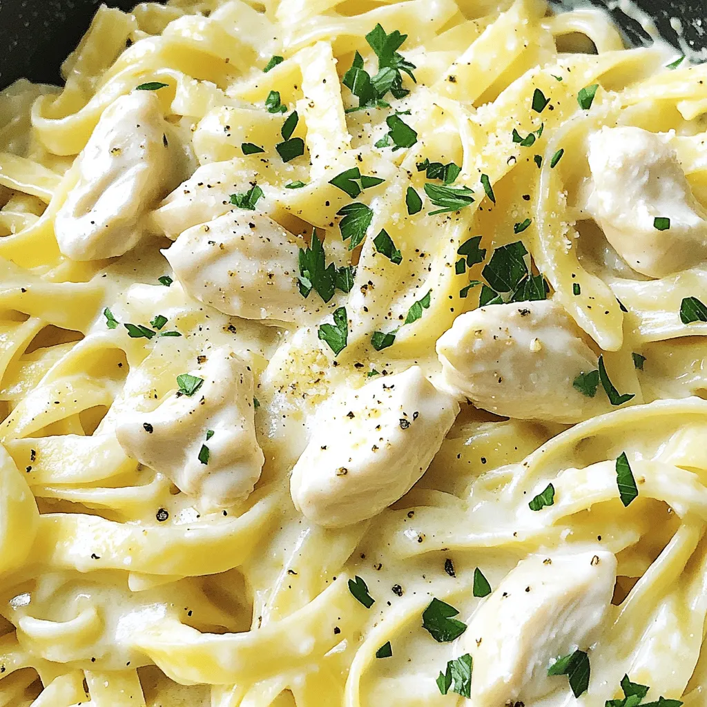 - 1 lb boneless, skinless chicken breasts, cut into bite-sized pieces - 8 oz fettuccine pasta, uncooked - 2 cups heavy cream - 1 cup chicken broth These main ingredients form the heart of your Creamy Chicken Alfredo. The chicken brings protein, while the fettuccine adds a nice texture. The heavy cream and chicken broth create a rich and tasty sauce. - 4 cloves garlic, minced - 1 teaspoon Italian seasoning - Salt and pepper to taste - 1 tablespoon olive oil - Fresh parsley, chopped (for garnish) Seasoning is key to flavor. Garlic adds a warm aroma. Italian seasoning gives depth. Salt and pepper enhance all the flavors. Olive oil helps cook the chicken, while fresh parsley brightens the dish. This mix makes every bite delicious and fresh. Start by heating one tablespoon of olive oil in a pan over medium heat. Once hot, add one pound of boneless, skinless chicken breasts cut into bite-sized pieces. Season the chicken with salt, pepper, and one teaspoon of Italian seasoning. Cook it until it's lightly browned, which should take about five to seven minutes. The chicken will finish cooking later in the slow cooker, so focus on getting that nice color and flavor. Now it’s time to layer everything in the slow cooker. First, add the cooked chicken on the bottom. Then, place eight ounces of uncooked fettuccine pasta right on top of the chicken. This way, the pasta absorbs all those tasty flavors. Pour two cups of heavy cream and one cup of chicken broth over the chicken and pasta. Make sure the pasta is fully submerged in the liquid. This step is key to making sure the pasta cooks well. Cover the slow cooker and set it to low heat. Let it cook for three to four hours. Check the pasta and chicken around the three-hour mark. The pasta should be tender, and the chicken should be fully cooked. If you have a slow cooker with a timer, use it! This helps you keep track of time without worrying. Once everything is cooked, add one cup of freshly grated Parmesan cheese to the slow cooker. Stir it in until it melts and gives the sauce a creamy texture. If the sauce looks too thick, add a splash of chicken broth to loosen it up. This will help you get the perfect consistency for your creamy chicken Alfredo pasta. To boost flavor, try adding more Italian seasoning. You can also use fresh herbs like basil or oregano. For chicken, cook it in olive oil until lightly browned. This adds a nice taste before the slow cooker does its magic. Every slow cooker is different. If yours cooks faster, check the pasta after 2.5 hours. If the pasta is overcooked, it can turn mushy. To prevent this, stir the dish halfway through cooking. This helps the pasta cook evenly. Pair this creamy chicken Alfredo pasta with a side salad or garlic bread. A crisp Caesar salad complements the dish well. For wine, a light Pinot Grigio works perfectly. It balances the creaminess of the pasta. {{image_2}} You can make this dish your own by swapping ingredients. Instead of chicken, try shrimp. Shrimp cooks fast, so add it late in the cooking time. You can also use vegetables like broccoli or bell peppers for a meatless option. This adds color and crunch. If you need gluten-free options, go for gluten-free pasta. Many brands offer tasty alternatives. Just keep an eye on the cooking time. Gluten-free pasta often cooks faster than regular pasta. To boost flavors, add sun-dried tomatoes or fresh spinach. Sun-dried tomatoes bring a nice tang. Spinach adds nutrition and a pop of green. You can mix them in during the last hour of cooking for the best results. Cheese is another way to enhance flavor. Try using a mix of cheddar or mozzarella with the Parmesan. Each cheese adds its unique taste, making each bite special. You can give your dish a regional twist with herbs. Try adding fresh basil or oregano for an Italian flair. These herbs brighten the flavors and make the dish feel fresh. Another fun idea is to use different Alfredo sauce kinds. Some sauces have garlic or herbs mixed in. These variations can change the taste profile and keep things exciting. Mix it up and see what you like best! To store leftovers, let your creamy chicken Alfredo pasta cool first. Then, place it in an airtight container. This keeps the pasta fresh and tasty. I recommend using glass containers. They work well and do not stain. Store in the fridge for up to three days. To reheat, the best method is using a stove. Gently warm it in a pan over low heat. Add a splash of chicken broth to keep the creaminess. Stir often to avoid sticking. If it seems dry, add a bit more broth or cream. This helps restore the sauce's smooth texture. You can freeze creamy chicken Alfredo pasta. First, let it cool completely. Then, place it in a freezer-safe container. Make sure to leave some space at the top for expansion. You can freeze it for up to three months. When ready to eat, thaw in the fridge overnight. Reheat on the stove with a splash of broth or cream. This keeps it creamy and delicious. Enjoy your meal! You should cook the pasta for 3 to 4 hours on low heat. This time works well for most slow cookers. If your slow cooker runs hot, check the pasta after 2.5 hours. It should be tender but not mushy. Overcooking can make the pasta gummy. So, keep an eye on it! Yes, you can use cream cheese. It will change the flavor and texture a bit. Cream cheese makes the dish thicker and richer. Mix it well to avoid lumps. You may need to add a little chicken broth to reach your desired creaminess. You can use several other cheeses. Pecorino Romano adds a salty kick. Mozzarella gives a soft, gooey texture. For a sharper taste, try aged Gouda. Each cheese brings a unique flavor to the dish. Don't be afraid to experiment with what you have! In this blog post, I covered how to make creamy chicken Alfredo pasta in a slow cooker. I shared key ingredients like chicken, fettuccine, and heavy cream, along with tips for seasoning and cooking. I also explored variations and storage ideas to enjoy leftovers later. With these simple steps and tips, you can create a satisfying meal. Enjoy trying different flavors and ingredients for your own twist on this dish!