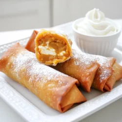 - 1 cup pumpkin puree - 1/2 cup cream cheese, softened - 1/2 cup brown sugar - 1 teaspoon vanilla extract - 1 teaspoon pumpkin pie spice - 1 pack of egg roll wrappers - 1 tablespoon melted butter (for brushing) - Powdered sugar (for dusting) - Cooking spray Gather these simple ingredients for your pumpkin pie egg rolls. The pumpkin puree adds a rich flavor. Cream cheese gives a creamy texture. Brown sugar adds sweetness, while vanilla extract enhances the taste. Pumpkin pie spice brings warmth and a hint of fall. Egg roll wrappers hold everything together. They turn golden and crispy in the air fryer. Melted butter helps achieve that perfect crispness. Dust with powdered sugar for a sweet finish. Using cooking spray ensures even cooking and helps prevent sticking. Make sure to have these items ready before you start. The right ingredients make all the difference in creating a delightful treat. To start, grab a mixing bowl. You will need to combine 1 cup of pumpkin puree, 1/2 cup of softened cream cheese, 1/2 cup of brown sugar, 1 teaspoon of vanilla extract, and 1 teaspoon of pumpkin pie spice. Mix these ingredients well. You want a smooth and creamy filling without lumps. This step is key for a great taste. Next, it's time to prepare the egg roll wrappers. Lay one wrapper on a clean surface, in a diamond shape. Make sure one point is facing you. Spoon about 2 tablespoons of your pumpkin filling onto the center. Fold the bottom point over the filling first. Then, fold the sides in. Roll it away from you tightly. To seal it, wet the top point with a little water. Repeat this with all the wrappers and filling until you are done. Now, let's cook these treats in the air fryer. Preheat your air fryer to 375°F (190°C). While it heats, brush the egg rolls lightly with melted butter. This helps them get crispy. Arrange the egg rolls in a single layer in the basket. Don't crowd them! Spray them lightly with cooking spray for extra crunch. Cook for about 10-12 minutes. Flip them halfway through to ensure even cooking. Once golden brown and crispy, take them out. Let them cool slightly and dust with powdered sugar before enjoying! Brushing the egg rolls with melted butter is key. It helps them turn golden brown. The butter adds a rich flavor and a lovely crunch. You want to coat every side. This step is simple but vital. Using cooking spray is another great trick. It helps with even crisping. Lightly spray the egg rolls before they go in the air fryer. This will help create a nice outer layer. Make sure you don’t skip this step! Set your air fryer to 375°F (190°C). This is the sweet spot for cooking. It allows the egg rolls to cook through without burning. You want them crispy, not charred. To check for doneness, look for a deep golden color. The egg rolls should be firm to the touch. If they feel soft, they need more time. Flip them halfway through for even cooking. This ensures every side gets crispy. Presentation matters when serving your egg rolls. Try placing them on a rustic plate. Dust them with powdered sugar for a sweet touch. A small bowl of whipped cream makes a perfect dip. It adds a creamy contrast to the crispy shell. You can also serve them with a scoop of vanilla ice cream. The warm egg rolls and cold ice cream create a great mix. Enjoy experimenting with different dips to find your favorite! {{image_2}} You can switch up the cream cheese flavor for fun. Try cinnamon cream cheese for more spice. Or use maple cream cheese for a sweet twist. Each flavor adds a new layer to the egg rolls. You can also mix in different spices. For a warm, cozy taste, try adding nutmeg or ginger. These spices work well with pumpkin and can enhance the flavor. If you need gluten-free options, look for gluten-free egg roll wrappers. Many stores carry them now. This way, everyone can enjoy these treats. For those who want a dairy-free version, use dairy-free cream cheese. It works just as well in the filling and keeps the taste creamy. These swaps make the recipe more inclusive. Want to serve more people? You can easily scale the recipe. Just double or triple the ingredients as needed. This keeps the cooking time the same. If you want mini egg rolls, simply change the size of your filling. Use a smaller spoon for the filling. This makes bite-sized snacks perfect for gatherings or parties. To keep your pumpkin pie egg rolls fresh, store them in the refrigerator. Place them in an airtight container. They will last for about 3 to 4 days. If you want a longer shelf life, freezing is a great option. Wrap each egg roll tightly in plastic wrap. Then, place them in a freezer-safe bag. They can stay frozen for up to 3 months. When you’re ready to eat, simply thaw them in the fridge overnight. For the best taste and texture, reheat your egg rolls in the air fryer. Set it to 375°F (190°C). Cook for about 5 to 7 minutes until they are warm and crispy again. If you don’t have an air fryer, you can use an oven. Preheat the oven to 350°F (175°C). Place the egg rolls on a baking sheet and heat for about 10 to 12 minutes. The microwave is an option too, but it may make them soft. If you choose this method, heat them for about 30 seconds, then check and heat in short bursts until warm. Yes, you can use fresh pumpkin! To make homemade pumpkin puree, first, choose a sugar pumpkin. Cut it in half and remove the seeds. Roast the pumpkin halves at 350°F (175°C) for about 45 minutes or until soft. Scoop out the flesh and blend it until smooth. This fresh puree adds a lovely flavor to your egg rolls. You can store these egg rolls in the fridge for up to five days. Place them in an airtight container to keep them fresh. If you want to keep them longer, freeze the cooked egg rolls. They can last in the freezer for about three months. Just make sure to wrap them well. Yes, you can prepare the egg rolls ahead of time! Assemble them and store them in the fridge for up to a day before cooking. To keep them fresh, cover them with a damp cloth or plastic wrap. This way, you can enjoy a quick and easy treat whenever you want. To wrap up, we explored how to make delicious pumpkin pie egg rolls. We covered the key ingredients, from pumpkin puree to egg roll wrappers. I shared step-by-step instructions for mixing, assembling, and cooking your treats in an air fryer. You learned tips for achieving the perfect crisp and variations to suit your taste. Finally, I provided storage methods and answered common questions. Enjoy your baking adventure and savor every bite!