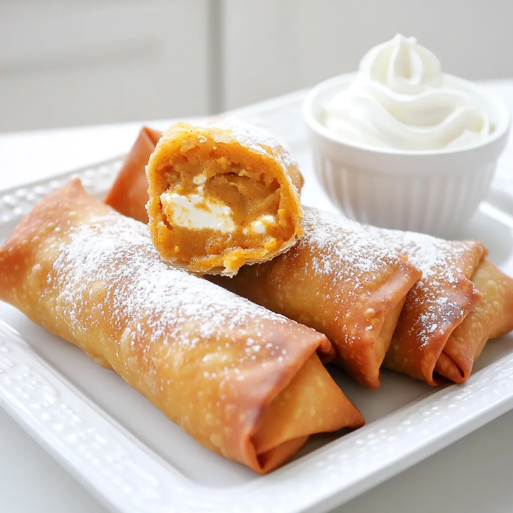 - 1 cup pumpkin puree - 1/2 cup cream cheese, softened - 1/2 cup brown sugar - 1 teaspoon vanilla extract - 1 teaspoon pumpkin pie spice - 1 pack of egg roll wrappers - 1 tablespoon melted butter (for brushing) - Powdered sugar (for dusting) - Cooking spray Gather these simple ingredients for your pumpkin pie egg rolls. The pumpkin puree adds a rich flavor. Cream cheese gives a creamy texture. Brown sugar adds sweetness, while vanilla extract enhances the taste. Pumpkin pie spice brings warmth and a hint of fall. Egg roll wrappers hold everything together. They turn golden and crispy in the air fryer. Melted butter helps achieve that perfect crispness. Dust with powdered sugar for a sweet finish. Using cooking spray ensures even cooking and helps prevent sticking. Make sure to have these items ready before you start. The right ingredients make all the difference in creating a delightful treat. To start, grab a mixing bowl. You will need to combine 1 cup of pumpkin puree, 1/2 cup of softened cream cheese, 1/2 cup of brown sugar, 1 teaspoon of vanilla extract, and 1 teaspoon of pumpkin pie spice. Mix these ingredients well. You want a smooth and creamy filling without lumps. This step is key for a great taste. Next, it's time to prepare the egg roll wrappers. Lay one wrapper on a clean surface, in a diamond shape. Make sure one point is facing you. Spoon about 2 tablespoons of your pumpkin filling onto the center. Fold the bottom point over the filling first. Then, fold the sides in. Roll it away from you tightly. To seal it, wet the top point with a little water. Repeat this with all the wrappers and filling until you are done. Now, let's cook these treats in the air fryer. Preheat your air fryer to 375°F (190°C). While it heats, brush the egg rolls lightly with melted butter. This helps them get crispy. Arrange the egg rolls in a single layer in the basket. Don't crowd them! Spray them lightly with cooking spray for extra crunch. Cook for about 10-12 minutes. Flip them halfway through to ensure even cooking. Once golden brown and crispy, take them out. Let them cool slightly and dust with powdered sugar before enjoying! Brushing the egg rolls with melted butter is key. It helps them turn golden brown. The butter adds a rich flavor and a lovely crunch. You want to coat every side. This step is simple but vital. Using cooking spray is another great trick. It helps with even crisping. Lightly spray the egg rolls before they go in the air fryer. This will help create a nice outer layer. Make sure you don’t skip this step! Set your air fryer to 375°F (190°C). This is the sweet spot for cooking. It allows the egg rolls to cook through without burning. You want them crispy, not charred. To check for doneness, look for a deep golden color. The egg rolls should be firm to the touch. If they feel soft, they need more time. Flip them halfway through for even cooking. This ensures every side gets crispy. Presentation matters when serving your egg rolls. Try placing them on a rustic plate. Dust them with powdered sugar for a sweet touch. A small bowl of whipped cream makes a perfect dip. It adds a creamy contrast to the crispy shell. You can also serve them with a scoop of vanilla ice cream. The warm egg rolls and cold ice cream create a great mix. Enjoy experimenting with different dips to find your favorite! {{image_2}} You can switch up the cream cheese flavor for fun. Try cinnamon cream cheese for more spice. Or use maple cream cheese for a sweet twist. Each flavor adds a new layer to the egg rolls. You can also mix in different spices. For a warm, cozy taste, try adding nutmeg or ginger. These spices work well with pumpkin and can enhance the flavor. If you need gluten-free options, look for gluten-free egg roll wrappers. Many stores carry them now. This way, everyone can enjoy these treats. For those who want a dairy-free version, use dairy-free cream cheese. It works just as well in the filling and keeps the taste creamy. These swaps make the recipe more inclusive. Want to serve more people? You can easily scale the recipe. Just double or triple the ingredients as needed. This keeps the cooking time the same. If you want mini egg rolls, simply change the size of your filling. Use a smaller spoon for the filling. This makes bite-sized snacks perfect for gatherings or parties. To keep your pumpkin pie egg rolls fresh, store them in the refrigerator. Place them in an airtight container. They will last for about 3 to 4 days. If you want a longer shelf life, freezing is a great option. Wrap each egg roll tightly in plastic wrap. Then, place them in a freezer-safe bag. They can stay frozen for up to 3 months. When you’re ready to eat, simply thaw them in the fridge overnight. For the best taste and texture, reheat your egg rolls in the air fryer. Set it to 375°F (190°C). Cook for about 5 to 7 minutes until they are warm and crispy again. If you don’t have an air fryer, you can use an oven. Preheat the oven to 350°F (175°C). Place the egg rolls on a baking sheet and heat for about 10 to 12 minutes. The microwave is an option too, but it may make them soft. If you choose this method, heat them for about 30 seconds, then check and heat in short bursts until warm. Yes, you can use fresh pumpkin! To make homemade pumpkin puree, first, choose a sugar pumpkin. Cut it in half and remove the seeds. Roast the pumpkin halves at 350°F (175°C) for about 45 minutes or until soft. Scoop out the flesh and blend it until smooth. This fresh puree adds a lovely flavor to your egg rolls. You can store these egg rolls in the fridge for up to five days. Place them in an airtight container to keep them fresh. If you want to keep them longer, freeze the cooked egg rolls. They can last in the freezer for about three months. Just make sure to wrap them well. Yes, you can prepare the egg rolls ahead of time! Assemble them and store them in the fridge for up to a day before cooking. To keep them fresh, cover them with a damp cloth or plastic wrap. This way, you can enjoy a quick and easy treat whenever you want. To wrap up, we explored how to make delicious pumpkin pie egg rolls. We covered the key ingredients, from pumpkin puree to egg roll wrappers. I shared step-by-step instructions for mixing, assembling, and cooking your treats in an air fryer. You learned tips for achieving the perfect crisp and variations to suit your taste. Finally, I provided storage methods and answered common questions. Enjoy your baking adventure and savor every bite!