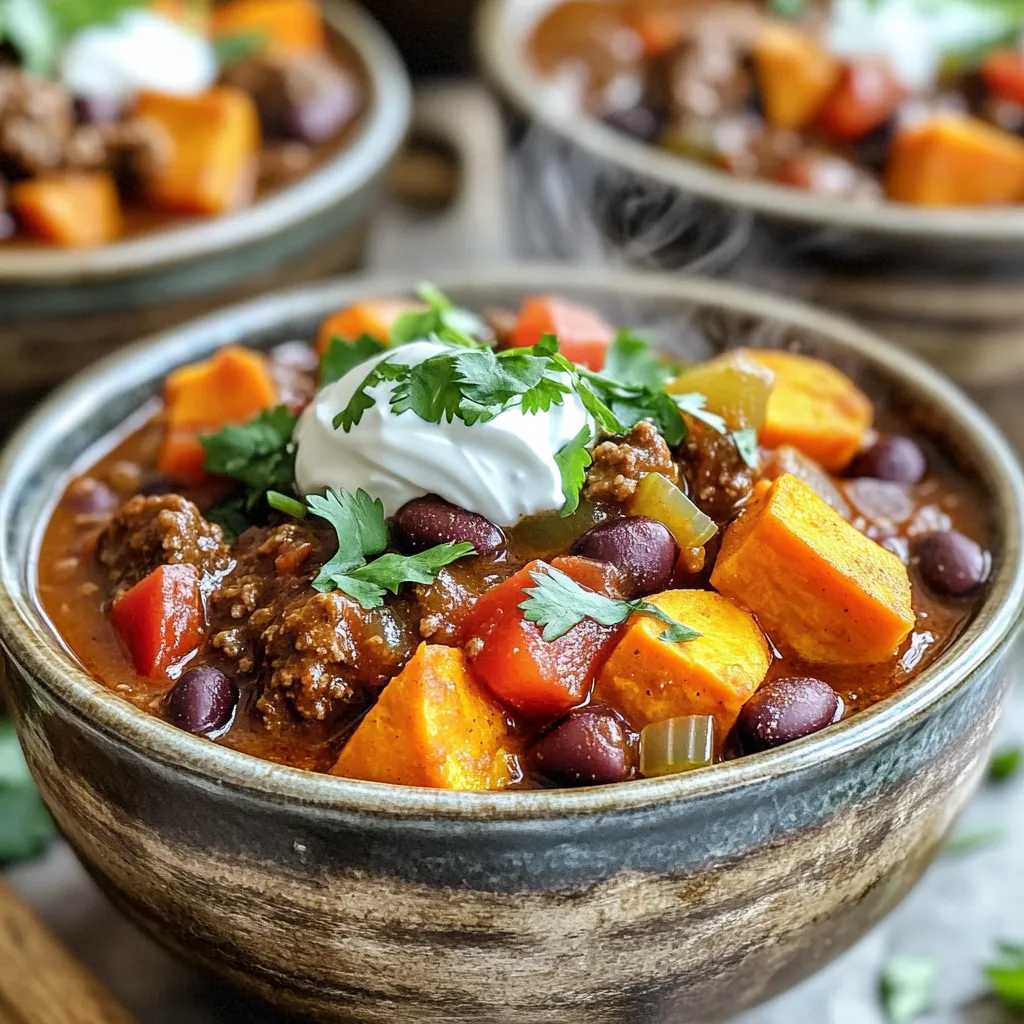 To make this chili, you need a few key items: - 1 lb ground beef - 2 medium sweet potatoes, peeled and diced - 1 can (15 oz) black beans, rinsed and drained - 1 can (15 oz) kidney beans, rinsed and drained - 1 can (28 oz) crushed tomatoes - 1 medium onion, chopped - 2 cloves garlic, minced - 1 red bell pepper, diced - 2 tablespoons chili powder - 1 teaspoon cumin - 1 teaspoon smoked paprika - 1/2 teaspoon salt - 1/4 teaspoon black pepper - 1 cup beef broth These ingredients create a rich, hearty chili that warms you up. Each one plays a role in adding flavor and texture. You can add some optional items to kick up the taste: - 1-2 jalapeños, finely chopped (for heat) - Fresh cilantro, for garnish - Sour cream or Greek yogurt, for serving The jalapeños add spice, while cilantro brightens the dish. A dollop of sour cream adds creaminess, making each bite even better. Accurate measurements help your chili taste great. Use a kitchen scale for the beef to ensure you have exactly 1 lb. For sweet potatoes, dice them evenly for even cooking. When using canned beans, rinse them under water to reduce sodium. If you want spiciness, adjust the jalapeño amount to your taste. Keep these tips in mind to make sure your chili turns out perfect every time! Start by heating a large skillet on medium. Add 1 pound of ground beef. Cook it until brown. This usually takes about 5 to 7 minutes. Make sure to drain any extra fat. Next, add 1 chopped onion and 2 minced garlic cloves. Cook until the onion turns clear, about 3 minutes. This builds great flavor. Now it’s time to mix everything in the slow cooker. Transfer the beef mixture you cooked into it. Then, add 2 diced sweet potatoes, 1 can of black beans, and 1 can of kidney beans. Don’t forget to include 1 can of crushed tomatoes and 1 diced red bell pepper. Pour in 1 cup of beef broth. Then, sprinkle in 2 tablespoons of chili powder, 1 teaspoon of cumin, 1 teaspoon of smoked paprika, 1/2 teaspoon of salt, and 1/4 teaspoon of black pepper. If you like heat, add 1 or 2 finely chopped jalapeños. Stir everything well to mix. Set your slow cooker to low for 6 to 8 hours. If you are short on time, you can set it to high for 4 to 5 hours. The sweet potatoes should be soft and tender. Once done, taste the chili. Adjust the seasoning if needed. Enjoy your hearty chili! To make your chili burst with flavor, focus on the spices. Use fresh chili powder, cumin, and smoked paprika. These ingredients add deep, rich notes. I find that browning the beef first brings out its savory taste. Don't skip the garlic and onion; they create a great base. If you want more heat, add jalapeños. Adjust the spice level to your taste. A touch of salt at the end enhances the flavors too. The balance of your chili's texture is key. If it’s too thick, add more beef broth or water. Stir slowly while adding liquid to avoid clumps. If it’s too thin, let it cook longer with the lid off. This helps it thicken naturally. Sweet potatoes also help absorb some liquid, giving a nice texture. Aim for a hearty consistency that’s still spoonable. Garnishing adds flair to your chili. Fresh cilantro brings a bright touch. A dollop of sour cream or Greek yogurt adds creaminess. You can also sprinkle some cheese on top. Serve the chili hot in bowls. Pair it with crusty bread or tortilla chips for dipping. The right garnish makes your dish look inviting and appetizing. Enjoy the colorful presentation! {{image_2}} You can easily make this chili vegetarian or vegan. Swap the ground beef for a can of lentils or chickpeas. These add protein and texture. Use vegetable broth instead of beef broth. Replace sour cream with a vegan alternative like cashew cream. The sweet potatoes still give it a hearty feel, making it delicious and satisfying. You can adjust the heat level to your liking. If you want a mild chili, leave out the jalapeños. For a spicy kick, add more jalapeños or try diced serrano peppers. Use hot chili powder instead of regular. Just remember to taste as you go, so it’s just right for you! Feel free to swap ingredients based on what you have. Black beans and kidney beans can be replaced with pinto or navy beans. If you don't have sweet potatoes, use regular potatoes or butternut squash. You can also use fresh tomatoes instead of canned. Just chop about four medium tomatoes, and they will work great! You can keep leftover chili in the fridge. Use an airtight container to store it. It stays fresh for about 3 to 4 days. Make sure it cools down first. This helps keep flavors intact. You can freeze this chili for longer storage. Use freezer-safe containers. It stays good for up to 3 months in the freezer. To reheat, let it thaw in the fridge overnight. Heat it on the stove or in the microwave. Stir well to ensure even heating. When saving leftovers, portion them out. This makes it easy to grab a meal later. Add some fresh toppings when serving again. A little cilantro or sour cream can brighten the dish. Always check for any off smells or changes in texture before eating. Yes, you can use frozen vegetables in this chili. Frozen corn or diced peppers work well. Just add them in with the other ingredients. They will cook perfectly in the slow cooker. However, fresh veggies give a better taste and texture. To boost the heat, add more jalapeños. You can also mix in some chili flakes or hot sauce. Start with small amounts, then taste as you go. This way, you can find the right heat level for you. Chili pairs great with several sides. Here are some favorites: - Crusty bread for dipping - Tortilla chips for crunch - Rice for a filling option - A fresh salad for balance Each side adds a nice touch to your meal. Enjoy exploring different pairings! In this post, we explored the key ingredients for beef and sweet potato chili. I shared step-by-step instructions, tips to enhance flavor, and variations for all tastes. Remember, freshness matters, and storage affects taste. Chili can be adjusted to fit your needs. Try different spices or swap ingredients. Crafting chili is fun and satisfying. Enjoy every bowl you make, and share it with friends!