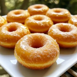 To make these delightful cinnamon sugar pumpkin donuts, gather the following ingredients: - 1 cup canned pumpkin puree - 1/2 cup granulated sugar - 1/4 cup brown sugar - 2 large eggs - 1/4 cup vegetable oil - 1 teaspoon vanilla extract - 1 1/2 cups all-purpose flour - 1 teaspoon baking powder - 1/2 teaspoon baking soda - 1 teaspoon ground cinnamon - 1/2 teaspoon ground nutmeg - 1/2 teaspoon salt - 1/4 cup unsalted butter (for coating) - 1/4 cup granulated sugar (for topping) - 1 tablespoon ground cinnamon (for topping) Choose fresh ingredients for the best taste. Look for: - Pumpkin puree: Use 100% pure pumpkin, not pumpkin pie filling. - Sugars: Use fine granulated sugar and dark brown sugar for rich flavor. - Eggs: Select large, fresh eggs for the best rise and texture. - Flour: Use all-purpose flour for a light, fluffy donut. - Spices: Opt for fresh ground cinnamon and nutmeg for maximum flavor. - Butter: Use unsalted butter to control salt levels in your donuts. These donuts are a treat, but they also offer some nutrition. Here's a general idea per donut: - Calories: Approximately 150 - Total Fat: 6g - Saturated Fat: 3g - Cholesterol: 35mg - Sodium: 100mg - Carbohydrates: 22g - Fiber: 1g - Sugar: 9g - Protein: 2g This information can vary based on portion sizes and specific brands used, so adjust accordingly. Enjoy every bite of these warm, spiced donuts! To start, preheat your oven to 350°F (175°C). This step ensures even baking. Next, take a large mixing bowl. Add 1 cup of canned pumpkin puree, 1/2 cup of granulated sugar, and 1/4 cup of brown sugar. Crack in 2 large eggs and pour in 1/4 cup of vegetable oil. Don't forget 1 teaspoon of vanilla extract! Whisk all these ingredients together until the mixture is smooth and well-combined. In another bowl, sift together 1 1/2 cups of all-purpose flour, 1 teaspoon of baking powder, 1/2 teaspoon of baking soda, 1 teaspoon of ground cinnamon, 1/2 teaspoon of ground nutmeg, and 1/2 teaspoon of salt. This helps keep your donuts light and fluffy. Gradually add the dry mix into the wet mix. Stir gently until everything is just combined. Avoid overmixing, as that can make your donuts tough. Now, it’s time to fill the donut pan. I recommend using a piping bag for easy filling. If you don’t have one, a ziplock bag works too! Just snip the corner off. Fill each cavity about 2/3 full with the batter. This allows room for the donuts to rise without spilling over. Place the donut pan in your preheated oven. Bake for 10 to 12 minutes. You’ll know they are ready when the tops spring back when lightly pressed. After baking, let the donuts cool for a few minutes. They should come out of the pan easily. Once cooled, you can move them to a wire rack to cool completely. Enjoy the smell of these warm cinnamon sugar pumpkin donuts filling your kitchen! To get soft and fluffy donuts, focus on your mixing. Combine wet and dry ingredients gently. Overmixing can create tough donuts. Aim for a smooth batter but leave some lumps. This helps keep the texture light. Also, make sure your oven is preheated. Baking at 350°F is key. Donuts should spring back when touched. A few simple mistakes can ruin your donuts. First, do not skip the baking powder and baking soda. They help the donuts rise. Second, avoid packing the flour. This can lead to heavy donuts. Use a spoon to scoop flour into the measuring cup, then level it off. Lastly, be careful with the baking time. Overbaking makes them dry. Using the right tools can make baking easier. Here’s what I suggest: - A donut pan for shaping - Mixing bowls for wet and dry ingredients - A whisk for blending - A piping bag or ziplock bag for filling the pan - A wire rack for cooling and setting the sugar coating These tools help create a fun and easy baking experience. Enjoy your delicious cinnamon sugar pumpkin donuts! {{image_2}} You can make these donuts gluten-free with a few simple swaps. Use a gluten-free flour blend instead of all-purpose flour. Look for one that has xanthan gum, as it helps with texture. This small change keeps the donuts soft and tasty. You won’t lose any flavor or fun when you go gluten-free! You can choose to bake or fry your donuts. Baking makes them lighter and easier to prepare. They will still be fluffy and delicious. Frying gives a rich, crispy texture. However, frying takes more time and has more calories. Both ways are fun, so pick what fits your mood! Want to add more flavor? You can try different spices like ginger or cloves. These spices work well with pumpkin. You can also mix in chocolate chips or nuts for a fun twist. If you like a little crunch, add some toasted pecans or walnuts to the batter. Each add-in brings a new taste to your donuts! To keep your cinnamon sugar pumpkin donuts fresh, store them in an airtight container. This helps maintain their soft texture. Place parchment paper between layers to prevent sticking. Enjoy them within three days for the best flavor. You can freeze these donuts to enjoy later. First, let them cool completely. Then, wrap each donut in plastic wrap. Place the wrapped donuts in a freezer-safe bag or container. They will last up to three months in the freezer. When you’re ready to eat, just thaw them at room temperature. Reheating your donuts is easy. You can warm them in the microwave for about 10-15 seconds. This gives them a fresh, soft texture. For a crispier option, place them in the oven at 350°F (175°C) for about 5 minutes. Enjoy your delicious treat warm! Yes, you can use fresh pumpkin. Just cook it first. Bake or steam the pumpkin until soft. Then, let it cool and mash it well. You need about one cup of fresh puree. Fresh pumpkin gives a nice flavor and texture. To make healthier donuts, try these swaps: - Use whole wheat flour instead of all-purpose flour. - Replace half of the sugar with unsweetened applesauce. - Use Greek yogurt instead of vegetable oil for moisture. - Add nuts or seeds for healthy fats and crunch. These changes keep the flavor while boosting nutrition. If your batter feels too thick, add a little liquid. Mix in one tablespoon of milk or water at a time. Stir gently until the batter reaches a smooth consistency. Remember, a thick batter can lead to dry donuts, so make it just right! This blog post covered the key points of making delicious donuts. We went over ingredient selection and shared helpful tips. You learned step-by-step instructions for the perfect donut. We also discussed variations, storage, and answered common questions. Keep experimenting with flavors and enjoy your baking journey. Perfecting donuts takes practice, but you can do it!