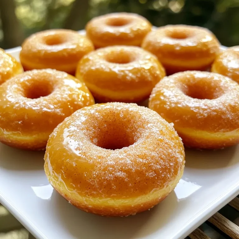 To make these delightful cinnamon sugar pumpkin donuts, gather the following ingredients: - 1 cup canned pumpkin puree - 1/2 cup granulated sugar - 1/4 cup brown sugar - 2 large eggs - 1/4 cup vegetable oil - 1 teaspoon vanilla extract - 1 1/2 cups all-purpose flour - 1 teaspoon baking powder - 1/2 teaspoon baking soda - 1 teaspoon ground cinnamon - 1/2 teaspoon ground nutmeg - 1/2 teaspoon salt - 1/4 cup unsalted butter (for coating) - 1/4 cup granulated sugar (for topping) - 1 tablespoon ground cinnamon (for topping) Choose fresh ingredients for the best taste. Look for: - Pumpkin puree: Use 100% pure pumpkin, not pumpkin pie filling. - Sugars: Use fine granulated sugar and dark brown sugar for rich flavor. - Eggs: Select large, fresh eggs for the best rise and texture. - Flour: Use all-purpose flour for a light, fluffy donut. - Spices: Opt for fresh ground cinnamon and nutmeg for maximum flavor. - Butter: Use unsalted butter to control salt levels in your donuts. These donuts are a treat, but they also offer some nutrition. Here's a general idea per donut: - Calories: Approximately 150 - Total Fat: 6g - Saturated Fat: 3g - Cholesterol: 35mg - Sodium: 100mg - Carbohydrates: 22g - Fiber: 1g - Sugar: 9g - Protein: 2g This information can vary based on portion sizes and specific brands used, so adjust accordingly. Enjoy every bite of these warm, spiced donuts! To start, preheat your oven to 350°F (175°C). This step ensures even baking. Next, take a large mixing bowl. Add 1 cup of canned pumpkin puree, 1/2 cup of granulated sugar, and 1/4 cup of brown sugar. Crack in 2 large eggs and pour in 1/4 cup of vegetable oil. Don't forget 1 teaspoon of vanilla extract! Whisk all these ingredients together until the mixture is smooth and well-combined. In another bowl, sift together 1 1/2 cups of all-purpose flour, 1 teaspoon of baking powder, 1/2 teaspoon of baking soda, 1 teaspoon of ground cinnamon, 1/2 teaspoon of ground nutmeg, and 1/2 teaspoon of salt. This helps keep your donuts light and fluffy. Gradually add the dry mix into the wet mix. Stir gently until everything is just combined. Avoid overmixing, as that can make your donuts tough. Now, it’s time to fill the donut pan. I recommend using a piping bag for easy filling. If you don’t have one, a ziplock bag works too! Just snip the corner off. Fill each cavity about 2/3 full with the batter. This allows room for the donuts to rise without spilling over. Place the donut pan in your preheated oven. Bake for 10 to 12 minutes. You’ll know they are ready when the tops spring back when lightly pressed. After baking, let the donuts cool for a few minutes. They should come out of the pan easily. Once cooled, you can move them to a wire rack to cool completely. Enjoy the smell of these warm cinnamon sugar pumpkin donuts filling your kitchen! To get soft and fluffy donuts, focus on your mixing. Combine wet and dry ingredients gently. Overmixing can create tough donuts. Aim for a smooth batter but leave some lumps. This helps keep the texture light. Also, make sure your oven is preheated. Baking at 350°F is key. Donuts should spring back when touched. A few simple mistakes can ruin your donuts. First, do not skip the baking powder and baking soda. They help the donuts rise. Second, avoid packing the flour. This can lead to heavy donuts. Use a spoon to scoop flour into the measuring cup, then level it off. Lastly, be careful with the baking time. Overbaking makes them dry. Using the right tools can make baking easier. Here’s what I suggest: - A donut pan for shaping - Mixing bowls for wet and dry ingredients - A whisk for blending - A piping bag or ziplock bag for filling the pan - A wire rack for cooling and setting the sugar coating These tools help create a fun and easy baking experience. Enjoy your delicious cinnamon sugar pumpkin donuts! {{image_2}} You can make these donuts gluten-free with a few simple swaps. Use a gluten-free flour blend instead of all-purpose flour. Look for one that has xanthan gum, as it helps with texture. This small change keeps the donuts soft and tasty. You won’t lose any flavor or fun when you go gluten-free! You can choose to bake or fry your donuts. Baking makes them lighter and easier to prepare. They will still be fluffy and delicious. Frying gives a rich, crispy texture. However, frying takes more time and has more calories. Both ways are fun, so pick what fits your mood! Want to add more flavor? You can try different spices like ginger or cloves. These spices work well with pumpkin. You can also mix in chocolate chips or nuts for a fun twist. If you like a little crunch, add some toasted pecans or walnuts to the batter. Each add-in brings a new taste to your donuts! To keep your cinnamon sugar pumpkin donuts fresh, store them in an airtight container. This helps maintain their soft texture. Place parchment paper between layers to prevent sticking. Enjoy them within three days for the best flavor. You can freeze these donuts to enjoy later. First, let them cool completely. Then, wrap each donut in plastic wrap. Place the wrapped donuts in a freezer-safe bag or container. They will last up to three months in the freezer. When you’re ready to eat, just thaw them at room temperature. Reheating your donuts is easy. You can warm them in the microwave for about 10-15 seconds. This gives them a fresh, soft texture. For a crispier option, place them in the oven at 350°F (175°C) for about 5 minutes. Enjoy your delicious treat warm! Yes, you can use fresh pumpkin. Just cook it first. Bake or steam the pumpkin until soft. Then, let it cool and mash it well. You need about one cup of fresh puree. Fresh pumpkin gives a nice flavor and texture. To make healthier donuts, try these swaps: - Use whole wheat flour instead of all-purpose flour. - Replace half of the sugar with unsweetened applesauce. - Use Greek yogurt instead of vegetable oil for moisture. - Add nuts or seeds for healthy fats and crunch. These changes keep the flavor while boosting nutrition. If your batter feels too thick, add a little liquid. Mix in one tablespoon of milk or water at a time. Stir gently until the batter reaches a smooth consistency. Remember, a thick batter can lead to dry donuts, so make it just right! This blog post covered the key points of making delicious donuts. We went over ingredient selection and shared helpful tips. You learned step-by-step instructions for the perfect donut. We also discussed variations, storage, and answered common questions. Keep experimenting with flavors and enjoy your baking journey. Perfecting donuts takes practice, but you can do it!