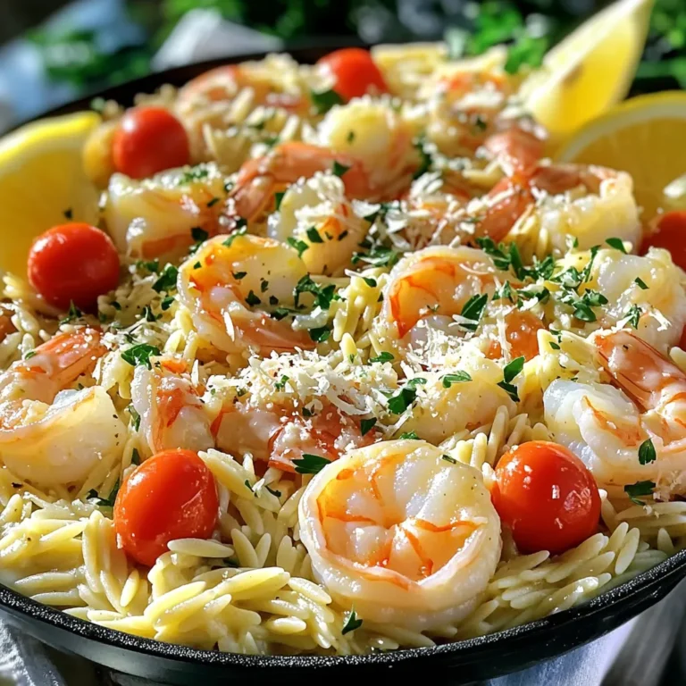 Here is the full list of ingredients for One-Pan Creamy Garlic Butter Shrimp Orzo: - 1 pound large shrimp, peeled and deveined - 1 cup orzo pasta - 3 tablespoons unsalted butter - 4 cloves garlic, minced - 2 cups vegetable broth - 1 cup heavy cream - 1 cup cherry tomatoes, halved - 1/2 cup grated Parmesan cheese - 1 teaspoon dried oregano - Salt and pepper, to taste - Fresh parsley, chopped (for garnish) - Lemon wedges (for serving) Each of these ingredients plays a key role in the dish's flavor and texture. The shrimp brings a sweet and briny taste, while the orzo adds a nice bite. Butter and garlic create a rich base, making every bite creamy and savory. The heavy cream adds a lovely thickness. Cherry tomatoes give a burst of freshness. Finally, Parmesan and oregano enhance the overall flavor profile. Don't forget to have salt and pepper handy to adjust the seasoning to your liking. Fresh parsley is perfect for garnish, adding color and a hint of herbiness. Lemon wedges serve as a bright finish, balancing the dish's richness. Enjoy gathering these ingredients, as they set the stage for a delightful meal! First, melt the butter in a large skillet over medium heat. You want it to be hot but not burning. Next, add the minced garlic and sauté it for about 30 seconds. This step makes your kitchen smell amazing! Then, toss in the shrimp. Cook them for 2 to 3 minutes until they turn pink. Pink means they are ready! Once cooked, set the shrimp aside on a plate. In the same pan, add the orzo pasta. Toast it lightly for about 1 minute. This step adds a nice nutty flavor to the orzo. After toasting, pour in the vegetable broth. Bring it to a simmer. Cook the orzo for around 8 minutes. Stir it occasionally until it is al dente. Al dente means it should still have a bit of a bite. When the orzo is ready, lower the heat. Add the heavy cream, cherry tomatoes, and dried oregano. Stir everything well to combine. Then, mix in the cooked shrimp and grated Parmesan cheese. This will make the dish rich and creamy! Cook it for an additional 2 to 3 minutes until the sauce thickens slightly. Finally, season with salt and pepper to taste. Garnish with chopped parsley before serving. Enjoy your meal! - Cooking shrimp to the right doneness: Shrimp cook fast. Sauté them for 2-3 minutes until they turn pink. Overcooking makes them rubbery. Watch them closely! - Ensuring creamy consistency of sauce: For a rich sauce, add heavy cream slowly. Stir well to blend. It should be smooth and thick. If it’s too thick, add a bit more broth. - Timing for adding ingredients: Add the shrimp back at the end. This keeps them tender. Mix in the cheese right before serving. This ensures it melts perfectly into the sauce. - Alternatives for heavy cream: You can use half-and-half for a lighter option. Coconut milk adds a twist and is dairy-free. Greek yogurt can also work for creaminess. - Different types of pasta to use: If you don’t have orzo, try small shells or ditalini. They cook well and soak up the sauce nicely. - Varieties of shrimp and seasoning options: Fresh shrimp are best, but frozen works too. For seasoning, try Old Bay or Cajun spice for a kick. Experiment to find your favorite flavor! {{image_2}} You can make this dish even better with some fun add-ins. Try adding spinach or kale for a boost of greens. They add great color and nutrients. You can also toss in other vegetables like bell peppers or zucchini. These veggies bring crunch and sweetness. For more flavor, add spices or fresh herbs. A pinch of red pepper flakes gives heat. Fresh basil or cilantro adds a nice touch too. If you need dietary changes, this recipe is flexible. For a gluten-free option, swap orzo with rice or quinoa. They cook well and keep the dish hearty. If you want a dairy-free meal, use coconut cream instead of heavy cream. Nutritional yeast can replace Parmesan cheese for a cheesy taste. Low-carb lovers can skip the pasta. Use spiralized zucchini or cauliflower rice instead for a lighter meal. To keep your creamy garlic butter shrimp orzo fresh, store it in an airtight container. Place it in the refrigerator within two hours of cooking. It can last for 3-4 days. If you want to keep it longer, consider freezing. In that case, let it cool completely before placing it in a freezer-safe bag or container. This way, it can last for up to three months. When reheating, the best method is to use the stovetop. Add a splash of broth or cream to keep it moist. Cook over low heat, stirring gently. This helps maintain the creamy texture. You can also use a microwave. Heat in short intervals, stirring in between. This will heat it evenly and prevent drying out. Enjoy your meal just as delicious as the first time! Can I use frozen shrimp? Yes, you can use frozen shrimp. Just thaw them first. Pat them dry before cooking. This helps them cook evenly and taste better. How long can the dish be stored? You can store leftovers in the fridge for 3 days. Use an airtight container to keep it fresh. Reheat gently on the stove or in the microwave. What can I serve with creamy garlic butter shrimp orzo? This dish pairs well with a simple green salad or garlic bread. You can also serve it with lemon wedges for extra zest. How do I know when shrimp are fully cooked? Shrimp are ready when they turn pink and opaque. They should curl slightly and have an internal temperature of 120°F. What can I substitute for orzo if I don't have it? If you don’t have orzo, use rice or small pasta like ditalini. Quinoa is a great gluten-free option too. How can I make the dish spicier? To add heat, mix in red pepper flakes or diced jalapeños. You can also use spicy seasoning blends for extra flavor. This recipe for creamy garlic butter shrimp orzo is simple and delicious. You’ve learned about the key ingredients, step-by-step instructions, and helpful tips to make it perfect. Don’t hesitate to try different variations, substitute ingredients, or get creative with add-ins. You can also store leftovers easily for later meals. Enjoy making this dish and impressing others with your cooking skills! You have many options to customize it just for you. Happy cooking!