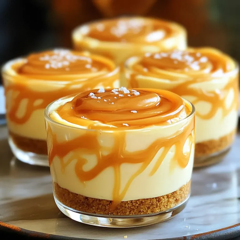 To make these delightful cheesecake cups, you need: - 1 cup graham cracker crumbs - 4 tablespoons unsalted butter, melted - 16 oz cream cheese, softened - 1/2 cup granulated sugar - 1 teaspoon vanilla extract - 1 cup heavy whipping cream - 1/4 cup salted caramel sauce (plus extra for drizzling) - A pinch of sea salt These ingredients create a rich and creamy dessert. The graham cracker crumbs form a sweet crust. The cream cheese and whipped cream blend together for a smooth filling. The salted caramel adds that perfect touch of sweetness and salt. You can add some optional ingredients to make your cheesecake cups even better: - Whipped cream for topping This whipped cream adds a light, fluffy layer on top. It makes the dessert feel more special and indulgent. You can also sprinkle some flaky sea salt on top for a gourmet touch. If you need to swap out some ingredients, here are a few ideas: - Use gluten-free graham crackers for a gluten-free crust. - Low-fat cream cheese works well if you want a lighter option. - You can use homemade salted caramel sauce for a fresh taste. These substitutions help you customize the recipe to fit your needs. Always remember to taste as you go to find the best balance of flavors. First, grab a medium bowl. Add 1 cup of graham cracker crumbs and 4 tablespoons of melted unsalted butter. Mix them well. You want the crumbs to be coated nicely. Next, take your serving cups or small jars. Divide the crust mixture evenly into each cup. Use the back of a spoon to press it down firmly. This makes a solid base. Set the cups aside for later. Now, get a large mixing bowl. Beat 16 ounces of softened cream cheese with 1/2 cup of granulated sugar and 1 teaspoon of vanilla extract. Mix until it’s smooth and creamy. Check for lumps; none should be there. In a separate bowl, whip 1 cup of heavy cream until stiff peaks form. This makes it light and fluffy. Gently fold the whipped cream into the cream cheese mixture. Be careful not to deflate the whipped cream. Then, stir in 1/4 cup of salted caramel sauce and a pinch of sea salt. This adds a nice flavor boost. Next, take the cheesecake mixture and spoon it over the graham cracker crusts. Fill each cup about ¾ full. This leaves room for toppings. Place the cups in the refrigerator. Chill them for at least 4 hours, or until set. This helps the flavors meld. Before serving, drizzle some extra salted caramel sauce on top of each cup. If you like, add whipped cream for a treat. Enjoy your delightful dessert! To get that perfect whipped cream, start with cold cream. Cold cream whips better and faster. Whip until you see stiff peaks. This means the cream holds its shape. Then, fold it gently into the cheesecake mix. Be careful not to stir too hard. You want to keep that light and airy texture. This will make your cheesecake cups creamy and fluffy. Salted caramel is all about balance. You need both sweet and salty flavors. When mixing in the salted caramel sauce, taste as you go. Start with a little, then add more if needed. The pinch of sea salt adds depth. It enhances the sweet caramel flavor. Just make sure not to over-salt. A perfect mix will leave you craving more. Make your dessert cups shine with simple touches. After chilling, drizzle extra salted caramel on top. This adds a glossy finish. For a fancy touch, sprinkle flaky sea salt on top. Use a dollop of whipped cream for height. You can even add a small piece of caramel candy as a garnish. These little details will wow your guests and make your dessert look gourmet. {{image_2}} You can change the flavor of your cheesecake cups easily. Try adding fruit purees. Strawberry, blueberry, or raspberry work great. Just mix 1/2 cup of fruit puree into the cream cheese mixture. You can also swap out the salted caramel for chocolate sauce. Melted chocolate mixed in will create a rich flavor. For a citrus twist, add lemon or lime zest to the cream cheese. This gives a bright and fresh taste. If you want a gluten-free option, use almond flour or gluten-free cookies. Simply replace the graham cracker crumbs with 1 cup of almond flour. Mix it with 4 tablespoons of melted butter. This will give you a tasty and crunchy crust. Another option is to use gluten-free digestive biscuits. Crush them and follow the same steps as the original crust. You can make your cheesecake cups special for holidays. In the fall, add pumpkin puree and spices like cinnamon and nutmeg. This gives a cozy taste perfect for autumn. During the winter, try peppermint extract in the cream cheese. Top with crushed candy canes for a festive look. In spring, mix in fresh lemon juice and zest. This makes a light, refreshing dessert for warm weather. Each season brings new flavors to enjoy! To keep your salted caramel cheesecake cups fresh, store them in the fridge. Use an airtight container or cover the cups tightly with plastic wrap. This keeps moisture in and prevents the cheesecake from absorbing odors. Make sure to chill them right after they set. Enjoy them cold for the best taste. You can freeze these cheesecake cups if you want to save some for later. First, let them chill completely in the fridge. Then, place them in a freezer-safe container. Make sure they are well covered to avoid freezer burn. To thaw, move them to the fridge the night before you eat them. This helps them regain their creamy texture. When stored properly, cheesecake cups last about five days in the fridge. For the best taste, eat them within this time frame. If frozen, they can last up to three months. Just remember to check for any signs of spoilage before enjoying them. Keeping an eye on freshness helps you savor every bite. Yes, you can use low-fat cream cheese. It will still taste great. The texture might be a bit different. Your cheesecake cups may be less rich but still creamy. These cheesecake cups last up to five days in the fridge. Store them in an airtight container. Keep them away from strong odors to maintain their flavor. The best toppings include whipped cream and extra salted caramel. You can also use chocolate shavings or fresh fruit. A sprinkle of sea salt adds a nice touch too. Yes, you can make these cups a day or two ahead. They chill well in the fridge. Just add any toppings right before serving for freshness. You can find great salted caramel sauce at local grocery stores. Look for brands that focus on quality ingredients. You can also make your own at home for a personal touch. In this post, we explored making salted caramel cheesecake cups. We covered key ingredients, including optional items that boost flavor. The step-by-step instructions made the process clear and easy. I shared tips to improve whipped cream and balance sweetness. You can even try different flavors or make gluten-free versions. Remember to store your cups properly to keep them fresh. Enjoy creating these simple desserts, and have fun experimenting with variations! Your kitchen will smell amazing, and your taste buds will thank you.