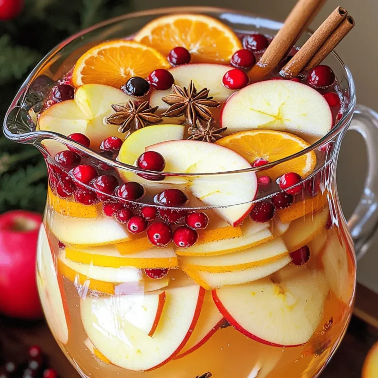 To make a delightful Spiced Apple Cider Sangria, you will need the following ingredients: - 4 cups apple cider - 1 cup pomegranate juice - 1 cup sparkling water - 1 medium apple, thinly sliced - 1 orange, thinly sliced - 1/2 cup fresh cranberries - 2 cinnamon sticks - 3-4 whole cloves - 1 star anise - 2 tablespoons honey or maple syrup (optional) These ingredients work together to create a tasty drink. The apple cider gives it sweetness and warmth. Pomegranate juice adds a lovely tartness and color. Fresh fruits like apple and orange bring bright flavors and make it look pretty. The spices, like cinnamon and cloves, add a comforting aroma. You can choose to sweeten it with honey or maple syrup if you like. This drink is perfect for fall and winter gatherings. It is refreshing and warm, making you feel cozy. 1. Start by taking a large pitcher. In it, combine 4 cups of apple cider and 1 cup of pomegranate juice. Stir it well until mixed. This blend gives a sweet and tart base. 2. Next, add the sliced fruit. Use 1 medium apple and 1 orange, both thinly sliced. Toss in 1/2 cup of fresh cranberries too. These fruits add a nice pop of color and flavor. 3. Now, it’s time for the spices. Drop in 2 cinnamon sticks, 3 to 4 whole cloves, and 1 star anise. These spices give warmth and aroma to the drink. 4. If you like it sweeter, this is the moment to add 2 tablespoons of honey or maple syrup. Stir until it dissolves well. This step is optional, but it can enhance the overall taste. 1. Cover the pitcher and chill the mixture in the refrigerator for at least 1 hour. This chilling time helps all the flavors meld together. 2. When you’re ready to serve, take the pitcher out. Add 1 cup of sparkling water to give your sangria a refreshing fizz. Stir gently to mix it well. 3. Pour the sangria into glasses filled with ice. For a nice touch, garnish each glass with extra slices of apple and orange. This makes it look lovely and inviting. - Adjust sweetness to taste: You can control the sweetness. If you like it sweeter, add honey or maple syrup. Start with a little, then taste. Add more if needed. - Substitute seasonal fruits: Use any fruit you like. Pears, berries, or even peaches work well. They add a nice twist to the drink. - Experiment with different spices: Don't just stick to the classic spices. Try nutmeg or cardamom for new flavors. Each spice gives a unique taste to your sangria. - Best occasions to serve: This drink shines at fall parties, Thanksgiving, or cozy nights in. It’s perfect for gatherings with friends and family. - Ideal glassware and garnishes: Serve in clear glasses to show off the colors. Garnish with extra fruit slices. A cinnamon stick also makes a great touch. {{image_2}} You can add wine or spirits to the Spiced Apple Cider Sangria for a kick. A good choice is dry white wine, like Sauvignon Blanc. This wine pairs well with the sweet apple cider. You can also use red wine, like Merlot, if you want a bolder taste. For a fun twist, try adding spiced rum. It enhances the warm flavors of the spices. If you want a family-friendly drink, you can make a mocktail version. Just skip the wine and enjoy the fruity flavors of the cider and juice. You can use sparkling grape juice instead of sparkling water for extra sweetness. You can also add more fresh fruit, like pears or berries, for color and fun. This way, everyone can enjoy a delicious drink! To keep your spiced apple cider sangria fresh, pour leftovers into a clean pitcher. Cover it with a lid or plastic wrap. Place it in the fridge right away. This drink stays tasty for up to three days. After that, the fruits may lose their crunch. You can freeze sangria, but it’s not the best choice. The fruits may become mushy. If you want to freeze it, strain out the solids first. Pour the liquid into a freezer-safe container. Leave some space at the top for expansion. To thaw, move the container to the fridge overnight. When ready, stir well and serve it chilled. The flavors will still be good, but the texture might not be the same. Yes, you can use other juices. For example, apple juice or cranberry juice works well. Each juice brings its own unique flavor. Feel free to mix and match based on your taste. You should let the sangria sit for at least 1 hour. This time helps the flavors blend nicely. If you can wait longer, even better! Letting it sit for a few hours makes it even tastier. Absolutely! You can make this sangria a day in advance. Just skip adding the sparkling water until ready to serve. This keeps it bubbly and fresh for your guests. This blog post explored a refreshing sangria recipe. You learned about the key ingredients, like apple cider and pomegranate juice, and how to prepare them. We discussed tips for personalizing your drink and suggested serving occasions. In closing, making sangria is fun and easy. It fits many tastes and events, from family gatherings to parties. By trying out different flavors and spices, you can create your own special version. Enjoy crafting your perfect drink!