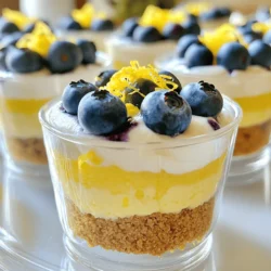 - 1 cup graham cracker crumbs - 1/4 cup melted butter - 8 oz cream cheese, softened - 1/2 cup powdered sugar - 1 teaspoon vanilla extract - Zest of 1 lemon - 1/4 cup fresh lemon juice - 1 cup heavy whipping cream - 1 cup fresh blueberries - 2 tablespoons honey (optional, adjust to taste) These ingredients make the base for my Lemon Blueberry Cheesecake Cups. Each item has a role that makes this treat special. Graham cracker crumbs form a crunchy crust. The melted butter binds them together. Both create a strong base for the creamy filling. Next, we need cream cheese. It gives the cheesecake its rich flavor. Make sure to soften it first. This way, it mixes well and becomes smooth. Powdered sugar adds sweetness. It blends better than granulated sugar. The vanilla extract gives a warm flavor that pairs nicely with lemon. Lemon zest and fresh lemon juice brighten the filling. They bring a burst of citrus flavor that makes every bite refreshing. Heavy whipping cream adds lightness. Whipping it until stiff peaks form gives the cheesecake a fluffy texture. It makes the dessert feel light and airy. Fresh blueberries are the star topping. They add color and freshness. Honey is optional but can enhance sweetness. Adjust it to your taste. Gather these ingredients, and you're ready to create a delightful dessert. Each one plays a vital part in making these cheesecake cups a hit! To start, grab a mixing bowl. Add 1 cup of graham cracker crumbs and 1/4 cup of melted butter. Mix them well until the crumbs look wet. This step makes your crust tasty and firm. Next, divide this mixture into your serving cups. Press it down firmly with your fingers. Make sure the crust is even at the bottom. Now, let’s make the filling. Take 8 oz of softened cream cheese and put it in a large bowl. Beat it with an electric mixer until it’s smooth. Then, add in 1/2 cup of powdered sugar, 1 teaspoon of vanilla extract, the zest of 1 lemon, and 1/4 cup of fresh lemon juice. Mix until it’s creamy and well combined. In a separate bowl, pour 1 cup of heavy whipping cream. Whip it until you see stiff peaks form. This is key for a light texture. Gently fold the whipped cream into the lemon cream cheese mixture. Be careful not to mix too hard; you want to keep that airy feel. Now it's time to build the cups. Spoon the lemon cheesecake mixture on top of your crusts in each cup. Spread it evenly. Then, top each cup with fresh blueberries. If you like, drizzle some honey on top for added sweetness. Finally, don’t skip this step. Refrigerate your cheesecake cups for at least 2 hours. This helps them set well. The cold makes each bite refreshing and delicious. To get the right texture for your cheesecake cups, start with softened cream cheese. This step is key. Soft cream cheese mixes better and gives a smooth filling. If it's cold, it won't blend well. Leave it out for about 30 minutes before you start. Whipping the cream is also important. You need stiff peaks for the best results. This means the cream holds its shape well. Use a chilled bowl and beaters to help. Once you reach stiff peaks, fold it gently into the cream cheese mix. This keeps your filling light and airy. Serving these cheesecake cups chilled makes a big difference. The flavors come alive when cold. After making them, chill them for at least 2 hours. This helps the filling set and taste fresh. For a beautiful touch, garnish each cup with blueberries and a sprinkle of lemon zest. This adds color and makes each cup look inviting. Place an extra blueberry on top for a fun pop of color. It makes the dessert even more special. You can adjust the sweetness with honey. If you like it sweeter, add more honey to taste. Mix it in after you combine the cream cheese and other ingredients. This way, you control the sweetness level. Adding lemon zest can boost the lemon flavor. You may also try other fruits like strawberries or raspberries for a twist. This gives you a chance to customize each cup to your liking. {{image_2}} You can switch up the fruit toppings for fun. Strawberries or raspberries work great. They add a sweet and tart flavor that pairs well with the creamy cheesecake. You can also mix and match seasonal fruits. Try peaches in summer or apples in fall for a new taste. To change the flavor, think about adding a drizzle of chocolate or caramel. This will give your cheesecake cups a rich touch. You can also add mint leaves for a fresh twist. Just chop a few leaves and mix them into the filling. Mint brings a nice balance to the lemon. If you need gluten-free options, use gluten-free graham cracker crumbs for the crust. You can find these at most grocery stores. For a vegan version, swap the cream cheese and heavy cream with coconut cream. This keeps the cups creamy while being plant-based. To store leftovers, keep the cheesecake cups in an airtight container. This helps keep them fresh. You can also cover them with plastic wrap. They will stay good in the fridge for about three days. This ensures you enjoy them at their best. Can cheesecake cups be frozen? Yes, you can freeze them, but the texture may change. To freeze, place the cups in a freezer-safe container. Make sure they are sealed well to prevent ice crystals. Best practices for thawing include moving the cups to the fridge overnight. This helps them defrost slowly. Avoid using the microwave, as it can make the texture grainy. Enjoy your cheesecake cups after thawing for a delicious treat! Yes, you can use different types of cream cheese. Neufchâtel cheese is a great option. It's lower in fat but has a similar taste. You can also try vegan cream cheese for a dairy-free version. Just keep in mind that the texture may change slightly. These cheesecake cups last about 3 to 5 days in the fridge. Store them in airtight containers to keep them fresh. After a few days, the flavors may fade, but they should still taste good. Fresh blueberries are best for flavor and texture. They add a nice burst of juice. If you use frozen blueberries, they might release extra water. This can make the cheesecake cups a bit watery. If using frozen berries, let them thaw and drain them first. You can substitute heavy cream with half-and-half or coconut cream. Both will change the texture a bit. Coconut cream gives a nice flavor but is richer. Half-and-half will make it less creamy but still tasty. In this blog post, we explored how to create delicious cheesecake cups. You learned about key ingredients like cream cheese and fresh lemons. We covered step-by-step instructions for making the crust and filling. I shared helpful tips to achieve the best texture and flavor. You can also try different topping ideas or dietary modifications. Finally, I discussed storage options to keep your treats fresh. Enjoy making these cheesecake cups your way!