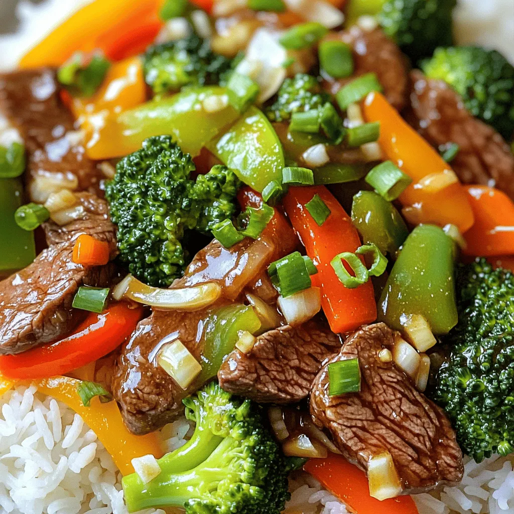 - 1 lb beef sirloin, thinly sliced - 4 cloves garlic, minced - 2 tablespoons fresh ginger, grated - 1 bell pepper, sliced - 1 cup broccoli florets - 2 carrots, julienned - 2 green onions, chopped The star of our dish is beef sirloin. It is tender and full of flavor. Thinly slicing it helps it cook fast and evenly. Garlic and ginger add a bright, zesty taste that wakes up the palate. You can’t go wrong with fresh garlic and ginger. For vegetables, I like bell peppers, broccoli, and carrots. They bring color and crunch to the dish. - 1 tablespoon soy sauce - 1 tablespoon oyster sauce - 1 teaspoon sesame oil For sauces, I use soy sauce and oyster sauce. These give the dish umami flavor. They also add a savory depth that makes your taste buds dance. Sesame oil adds a nutty aroma that makes everything better. Just a little goes a long way. - Salt and black pepper to taste - Additional garnishes like chopped green onions Seasoning is key to any stir fry. A sprinkle of salt and black pepper brightens flavors. You can adjust these to your taste. I like to garnish with green onions for a fresh finish. They add a pop of color and a mild onion taste. Using these ingredients makes Garlic Ginger Beef Stir Fry a true delight. Each part plays a role in crafting a flavorful dinner. Remember, fresh makes a big difference, so choose the best you can find. First, take the beef sirloin. Slice it thinly against the grain. This helps make it tender. Next, prepare the vegetables. Slice the bell pepper, julienne the carrots, and cut the broccoli into small florets. Set these aside for later. In a bowl, mix the sliced beef with soy sauce, oyster sauce, salt, and black pepper. Make sure each piece is well coated. Let the beef marinate for about 15 minutes. This step is key for flavor. Now, heat the vegetable oil in a large skillet or wok. Turn the heat to medium-high. Wait until the oil shimmers. Add the marinated beef to the skillet in a single layer. Sear it for 2-3 minutes without stirring. This browning adds great taste. After that, stir-fry for another 2-3 minutes until the beef is cooked through. Remove the beef and set it aside. In the same skillet, add minced garlic and grated ginger. Stir-fry for about 30 seconds. The aroma will fill your kitchen! Then, add the sliced bell pepper, broccoli, and carrots. Stir-fry for 4-5 minutes. You want the veggies to be tender but still crisp. Return the cooked beef to the skillet with the veggies. Drizzle sesame oil over the stir-fry. Toss everything together for another minute. This helps blend all the flavors. Serve your garlic ginger beef stir fry over cooked jasmine rice. Garnish with chopped green onions for a fresh touch. Enjoy your colorful and tasty meal! To enhance flavor, use a mix of soy sauce and oyster sauce. This combo gives the beef a deep and rich taste. Add a sprinkle of salt and black pepper for extra zing. Let the beef marinate for about 15 minutes. This short time helps the beef soak up the flavors without getting mushy. For stir-frying, use medium-high heat. This helps the beef sear quickly and keeps it juicy. When you add the beef, do not stir for the first 2-3 minutes. This helps it brown nicely. After browning, stir-fry for another 2-3 minutes. You want the beef to be fully cooked but not overdone. If you want to switch up the protein, try chicken or pork. Both work well in this dish. For a vegetarian option, use tofu instead of beef. When using sauces, you can replace oyster sauce with hoisin sauce. This keeps the dish rich and tasty without meat. {{image_2}} You do not have to stick to beef. You can use chicken instead. Thinly slice chicken breast, and marinate it just like the beef. Pork is another great option. Use pork tenderloin for tender bites. For a vegetarian twist, try tofu. Press and cube firm tofu. Marinate it as you would the beef. Then, stir-fry until golden brown for a tasty, plant-based meal. Feel free to mix up the veggies! Seasonal vegetables work best. In spring, use snap peas or asparagus. In winter, try Brussels sprouts or cauliflower. You can also get creative with mushrooms or zucchini. These choices add flavor and texture. The more colorful your plate, the more fun it is to eat! Want to amp up the taste? Add spices like crushed red pepper for heat. You can also try fresh herbs like cilantro or basil for a pop of flavor. Extra sauces can take your dish to new heights. Try adding teriyaki sauce or chili sauce for a different flavor. These simple tweaks can make your stir fry unforgettable! To store your garlic ginger beef stir fry, use airtight containers. This keeps the flavors fresh. You can keep it in the fridge for up to three days. If you want to save it longer, freeze it. In the freezer, it lasts up to three months. Make sure to label the containers with the date. This helps you track how long it's been stored. When it’s time to eat your leftovers, reheating is key. The best way to reheat stir fry is on the stove. Heat a non-stick skillet over medium heat. Add a splash of water or broth to keep it moist. Stir gently to warm it evenly. Avoid the microwave if you can. It may make the beef tough and the veggies soggy. To keep the flavor and texture, add a bit of fresh ginger or garlic while reheating. This boosts the taste and makes it feel fresh. Enjoy your tasty meal again! To add heat to your stir fry, you can use a few easy ingredients. Consider adding: - Red pepper flakes - Sliced fresh chili peppers - Sriracha sauce - Chili paste Start with a small amount. You can always add more heat if needed. The red pepper flakes give a nice kick. Fresh chili peppers add a crisp bite. Sriracha brings both spice and flavor. Just mix any of these into the stir fry while cooking for best results. Yes, you can make this stir fry in advance. Here are some meal prep tips: - Cook the beef and vegetables ahead of time. - Let them cool before storing. - Keep them in an airtight container in the fridge for up to three days. - Reheat on the stove or in the microwave before serving. You can also chop the vegetables and marinate the beef a day earlier. This saves time on busy days. This dish pairs well with several sides. Here are some recommended options: - Steamed jasmine rice - Fried rice with eggs and peas - Noodles tossed in soy sauce For drinks, consider serving: - Iced green tea - Light beer - Crisp white wine For appetizers, spring rolls or dumplings make great choices. They add a nice touch to your meal. This blog post guided you through making a tasty Garlic Ginger Beef Stir Fry. We covered the main ingredients, sauces, seasonings, and step-by-step cooking instructions. Remember the best practices for marinating and cooking to enhance flavors. Don’t hesitate to try different proteins and vegetables for unique variations. Proper storage keeps your leftovers fresh. Use these tips to impress your family and friends. With practice, this dish can become a favorite on your table. Enjoy exploring new flavors and perfecting your stir fry skills!