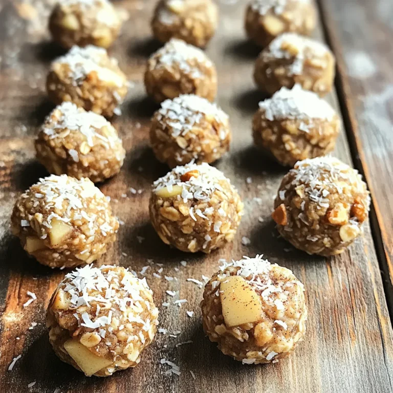 To make the No-Bake Apple Pie Energy Bites, you need a few simple ingredients. Here’s what you’ll need: - 1 cup rolled oats - 1/2 cup almond butter or peanut butter - 1/2 cup finely chopped dried apples - 1/4 cup honey or maple syrup - 1 teaspoon ground cinnamon - 1/4 teaspoon nutmeg - 1/4 cup chopped walnuts or pecans (optional) - A pinch of salt - 1/4 cup shredded coconut (optional for coating) These ingredients create a tasty mix that mimics the flavors of apple pie. The rolled oats give a great base, while the almond or peanut butter adds creaminess. Dried apples bring natural sweetness and chewiness. Honey or maple syrup adds even more flavor. The ground cinnamon and nutmeg add warmth and spice. If you love nuts, the walnuts or pecans add nice crunch. Lastly, the shredded coconut can add a fun texture and extra flavor. These bites are healthy and easy to make. You can enjoy them anytime as a quick snack. 1. Mixing dry ingredients: Start by grabbing a large mixing bowl. Add 1 cup rolled oats, 1/2 cup finely chopped dried apples, 1 teaspoon ground cinnamon, 1/4 teaspoon nutmeg, and a pinch of salt. Stir these together well. This mix will give your bites a great base. 2. Combining wet ingredients: In the same bowl, add 1/2 cup almond butter (or peanut butter) and 1/4 cup honey (or maple syrup). Mix until you have a sticky, cohesive mixture. If it feels dry, just add a bit more almond butter. 3. Forming energy bites: Now, take a small amount of the mixture. Use your hands to roll it into a ball about 1 inch in diameter. If you like, you can also fold in 1/4 cup chopped walnuts or pecans for extra crunch. If you want a fun twist, roll the bites in 1/4 cup shredded coconut for coating. 1. Firming up in the refrigerator: Once you’ve shaped all your bites, place them on a baking sheet lined with parchment paper. Pop them in the fridge for at least 30 minutes to firm up. This step helps them hold their shape better. 2. Transferring to an airtight container: After chilling, move the bites to an airtight container. They will stay fresh in the fridge for up to a week. Enjoy these tasty snacks anytime! Making the mixture too dry can ruin your energy bites. If it feels crumbly, add more almond butter. You want a sticky mix that holds together well. Not chilling the bites long enough can lead to a mushy texture. Refrigerate them for at least 30 minutes. This step is key to getting that perfect bite. Substituting nut butter can change the taste. Try peanut butter for a stronger flavor. Sunflower seed butter is another great option, especially for nut allergies. Adjusting sweetness is easy. If you like it sweeter, add more honey or maple syrup. Taste the mix before forming the bites to get it just right. {{image_2}} You can switch nut butters in this recipe. Almond butter works great, but peanut butter is tasty too. Each nut butter brings its own flavor and texture. If you want a nut-free option, try sunflower seed butter. For sweeteners, honey is popular, but maple syrup is a fun choice as well. You can also use agave syrup for a vegan option. Each sweetener adds a unique taste to the bites. Want to spice things up? Incorporate ground ginger for a warm kick. A little nutmeg or allspice can also enhance the flavor. You can add a handful of chocolate chips for a sweet surprise. Dried fruits like cranberries or raisins work well too. They add chewiness and extra flavor. Play around with what you have. Enjoy the process! Store your No-Bake Apple Pie Energy Bites in airtight containers. This keeps them fresh longer. You can use glass or plastic containers. Make sure they close tightly to block air. You can refrigerate or freeze these bites. Refrigeration works well for short-term storage. Freezing is best for keeping them fresh for weeks. In the fridge, these energy bites last about a week. If you want to keep them longer, freezing is a great option. They can stay good for about three months in the freezer. Just remember to thaw them in the fridge before eating. To make these energy bites vegan, simply swap honey for maple syrup. Both sweeteners work well, but maple syrup is plant-based. You can also choose almond butter or peanut butter, as both are vegan. Be sure to check the labels for any added ingredients that may not be vegan. Fresh apples won't work well in this recipe. They have more moisture than dried apples. This extra moisture can make the mixture too wet. If you want to use fresh apples, consider drying them first. You can slice and dehydrate them in an oven or a dehydrator. Yes, these energy bites can be gluten-free if you use certified gluten-free oats. Regular oats may be processed in facilities that handle gluten. Always check the label to be sure. The rest of the ingredients are naturally gluten-free, so you’re safe there! You learned how to make tasty energy bites with simple ingredients. I shared step-by-step instructions to help you create them easily. We explored tips to avoid common mistakes and how to enhance their flavor. You can also swap ingredients for different tastes. Remember to store them well for freshness. Making these bites is fun and can fit many diets, like vegan or gluten-free. Enjoy your snack, knowing it's healthy and easy to prepare. Now, get in the kitchen and start creating!