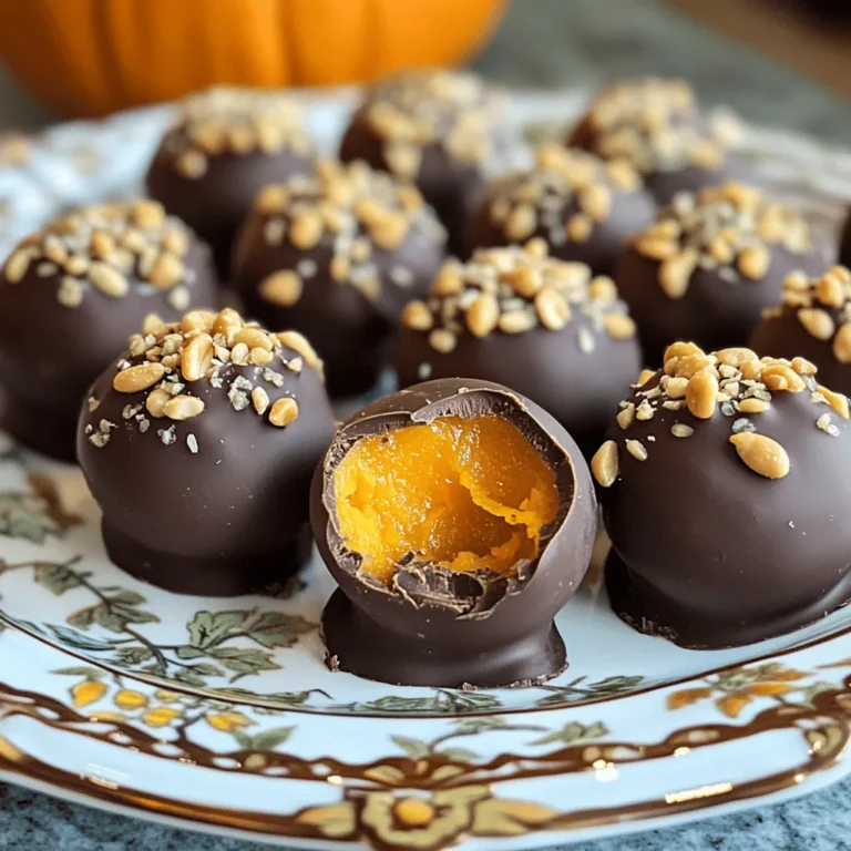 To make Chocolate Peanut Butter Pumpkin Bites, you need some simple and tasty ingredients. Here’s the complete list: - 1 cup canned pumpkin puree - 1/2 cup creamy peanut butter - 1/4 cup maple syrup - 1 teaspoon vanilla extract - 1 cup rolled oats - 1/2 teaspoon ground cinnamon - 1/4 teaspoon ground nutmeg - 1/4 teaspoon sea salt - 1 cup dark chocolate chips - 1 tablespoon coconut oil Each ingredient plays a key role. The canned pumpkin puree gives a rich, smooth base. Creamy peanut butter adds a nutty flavor and creamy texture. Maple syrup sweetens the bites while adding a nice depth. Vanilla extract brings warmth to the mix. Rolled oats provide structure and chewiness. Ground cinnamon and nutmeg add warm spice notes. Sea salt enhances all the flavors. Dark chocolate chips give a sweet finish, while coconut oil helps melt the chocolate smoothly. You can easily find these ingredients at your local store. Be sure to gather everything before you start. This will make the process smooth and enjoyable! - In a large bowl, combine: - 1 cup canned pumpkin puree - 1/2 cup creamy peanut butter - 1/4 cup maple syrup - 1 teaspoon vanilla extract Stir the mixture until it is smooth and well mixed. This blend gives the bites their creamy texture and rich flavor. - Next, add: - 1 cup rolled oats - 1/2 teaspoon ground cinnamon - 1/4 teaspoon ground nutmeg - 1/4 teaspoon sea salt Mix everything together until it is fully combined. You want to see the oats evenly spread throughout. This adds great texture and taste. - Line a baking sheet with parchment paper. - Use a tablespoon to scoop out the mixture. Roll it into bite-sized balls. Place these bites on your prepared baking sheet. They should be about the size of a small cookie. - Freeze the pumpkin bites for about 30 minutes. This helps them firm up. - While the bites freeze, melt: - 1 cup dark chocolate chips - 1 tablespoon coconut oil Use a microwave-safe bowl for this. Heat in 30-second intervals. Stir in between until it is smooth. - Once the bites are firm, dip each one into the melted chocolate. Use a fork to coat them evenly. Let any extra chocolate drip off before placing them back on the baking sheet. - Return the chocolate-covered bites to the freezer for another 15 minutes to set the chocolate. Now your Chocolate Peanut Butter Pumpkin Bites are nearly ready to enjoy! To get the right sweetness in your bites, you can adjust the maple syrup. If you want it sweeter, add a bit more syrup. If you like less sweetness, reduce the amount. Just remember to mix well after each change. When rolling the bites, keep your hands slightly damp. This helps the mixture stick less and form smooth balls. Aim for about one tablespoon of mixture for each bite. It helps keep them even and easy to eat. For a smooth chocolate coating, melt the chocolate chips slowly. Use a microwave-safe bowl and heat it in 30-second bursts. Stir in between to avoid hot spots. Keep an eye on it to prevent burning. Adding coconut oil to the chocolate makes it shiny and easy to dip. If you notice the chocolate thickening, heat it gently again. A smooth finish makes your bites look professional and taste great! {{image_2}} You can change the flavor of your Chocolate Peanut Butter Pumpkin Bites easily. Adding spices like ginger or allspice can bring warmth and depth to the taste. These spices pair well with pumpkin and make your bites more interesting. You can also try using white or milk chocolate instead of dark chocolate. This switch will give you a sweeter treat that many people love. Experiment with flavors to find what you enjoy most. If you have nut allergies, you can still enjoy these bites. Almond or sunflower butter works great as a substitute for peanut butter. Both options provide a nice creaminess and flavor. For those who need gluten-free options, use gluten-free oats. They will keep the texture and taste just right without the gluten. Making these simple swaps can help cater to different diets while keeping the bites delicious. Store your Chocolate Peanut Butter Pumpkin Bites in an airtight container. This helps keep them fresh. You can use a glass jar or plastic container with a tight lid. If you prefer, keep them in the fridge for a quick treat. For longer storage, the freezer works well too. Just make sure to separate the bites with parchment paper if stacking them. These bites stay fresh for about one week in the fridge. In the freezer, they can last up to three months. Check for signs of spoilage before eating. If you notice any off smells or changes in texture, it's best to toss them. Enjoy your treats while they are fresh for the best flavor! You can easily make these bites vegan by swapping a few ingredients. Here are some suggestions: - Peanut Butter: Make sure to use natural peanut butter without added oils or sugars. - Maple Syrup: This is already vegan, so you can keep it. - Dark Chocolate Chips: Look for dairy-free dark chocolate chips. Many brands offer vegan options. - Coconut Oil: You can use any neutral oil, but coconut oil adds a nice flavor. These simple swaps keep the flavor while making the treats suitable for vegans. Yes, you can use fresh pumpkin! Here are some tips: - Choosing Pumpkin: Pick a small sugar pumpkin. These have a sweeter taste and smoother texture. - Preparation: Cut the pumpkin in half and remove the seeds. Roast the halves face down in the oven until soft, about 45 minutes at 400°F (200°C). - Puree: Once cooled, scoop the flesh and blend it until smooth. Measure one cup for the recipe. - Adjustments: Fresh pumpkin can have more moisture. If your mix seems too wet, add a bit more oats. This method gives you fresh flavor and a fun cooking experience! These pumpkin bites pair well with many snacks and desserts. Here are some ideas: - Fruit: Serve with sliced apples or pears for a fresh contrast. - Yogurt: A scoop of creamy yogurt makes a great dip. - Hot Drinks: Enjoy them with coffee, tea, or hot chocolate for a cozy treat. - Nuts: A handful of mixed nuts adds crunch and protein. These bites are versatile and work well with many flavors! These Chocolate Peanut Butter Pumpkin Bites blend flavor and health. We covered key ingredients like canned pumpkin and oats. You learned how to prepare, shape, and coat the bites in chocolate. With tips on texture and variations, these treats can fit your taste. Store them right to keep them fresh longer. Try swapping ingredients for vegan options or using fresh pumpkin. Enjoy creating these tasty snacks that are both fun and easy to make!