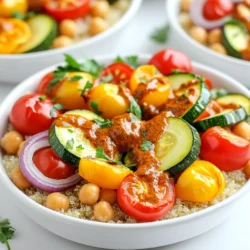 To make these tasty bowls, gather these fresh ingredients: - 1 medium zucchini, sliced into half-moons - 1 red bell pepper, diced - 1 yellow bell pepper, diced - 1 medium red onion, sliced - 1 cup cherry tomatoes, halved - 1 can chickpeas, drained and rinsed - 3 tablespoons harissa paste - 2 tablespoons olive oil - 1 teaspoon garlic powder - 1 teaspoon smoked paprika - Salt and pepper to taste - Fresh parsley, chopped (for garnish) - Cooked quinoa or couscous (for serving) If you want to swap out some ingredients, here are a few ideas: - Use eggplant instead of zucchini for a richer taste. - Try different beans, like black beans, in place of chickpeas. - Replace harissa with a milder spice like tahini or curry paste. - Use any seasonal veggies you love, such as broccoli or carrots. To bring extra flavor and texture, consider these garnishes: - Sprinkle fresh lemon juice over the bowl for brightness. - Add a dollop of yogurt or vegan yogurt for creaminess. - Top with avocado slices for healthy fats. - Use nuts or seeds, like pumpkin seeds or toasted almonds, for crunch. These ingredients and suggestions will make your Sheet Pan Spicy Harissa Veggie Bowls shine. Enjoy the mix of flavors and textures! First, gather all your ingredients. You need zucchini, bell peppers, red onion, cherry tomatoes, and chickpeas. Preheat your oven to 425°F (220°C). This step is key, as hot air helps brown the veggies. Make sure to line your sheet pan with parchment paper for easy cleanup. In a large bowl, add your prepared veggies and drained chickpeas. Next, make the harissa sauce. In a small bowl, mix harissa paste, olive oil, garlic powder, smoked paprika, salt, and pepper. Stir until smooth. Pour this sauce over the veggies. Toss everything well, ensuring each piece is coated. This step adds a punch of flavor to your dish. Spread the coated veggie mix evenly on your sheet pan. Make sure not to crowd them. This allows for even roasting. Place the pan in the oven and roast for 25-30 minutes. Stir halfway through to ensure all sides get that lovely char. When they’re tender and slightly browned, they are ready. Enjoy the aroma that fills your kitchen! When picking vegetables, look for bright colors. The veggies should feel firm when you touch them. Avoid any that are bruised or soft. For zucchini, choose ones that are small and smooth. For bell peppers, select ones that are shiny and wrinkle-free. Check cherry tomatoes for a vivid hue and a sweet smell. Fresh veggies lead to a better taste in your sheet pan spicy harissa veggie bowls. To get perfect roast veggies, cut them into even pieces. This ensures they cook at the same rate. Make sure to coat them well with the harissa mix. Spread them out on the pan so they’re not crowded. This allows them to get that nice char. Stir halfway through cooking for even roasting. The ideal temperature is 425°F (220°C) for a crispy finish. To boost the flavor of your dish, think beyond harissa. You can add cumin for warmth or a pinch of cayenne for heat. Try using fresh herbs like thyme or rosemary for a fragrant touch. A squeeze of lemon juice brightens the dish. For a smoky flavor, add more smoked paprika. Experimenting with spices can elevate your veggie bowls and make them even more delicious. {{image_2}} You can swap vegetables based on what's fresh. Try using asparagus in spring or squash in fall. Broccoli and cauliflower work great too. Seasonal veggies add new flavors and colors. Adding protein makes your meal heartier. Tofu absorbs flavors well, while tempeh adds a nutty taste. You can also use cooked chicken or shrimp if you prefer. Mix in these proteins before roasting. Grains are your canvas for this dish. Quinoa offers a nutty flavor, while couscous cooks quickly. Rice is another great choice, adding a chewy texture. Experiment with different grains to find your favorite! To keep your Sheet Pan Spicy Harissa Veggie Bowls fresh, store them in an airtight container. Let the veggies cool to room temp before sealing them. This prevents steam from making them soggy. Keep the leftovers in the fridge for up to four days. If you want to enjoy them later, follow the freezing tips below. Reheat the veggie bowls in the oven for the best flavor. Preheat your oven to 350°F (175°C). Spread the leftovers on a baking sheet. Heat for about 10-15 minutes, until warmed through. This method keeps the veggies nice and crispy. You can also microwave them if you’re in a hurry. Just heat in short bursts, stirring in between to avoid hot spots. Freezing the veggie bowls is a great way to meal prep. Portion them into freezer-safe containers. Make sure to leave space at the top, as the veggies may expand when frozen. These bowls can last up to three months in the freezer. When you're ready to eat, thaw them overnight in the fridge. Then, reheat as mentioned above for a quick, tasty meal. Yes, you can use a different type of harissa. There are many kinds, each with its own taste. Some are mild, while others are hot. If you want a milder dish, look for a sweet harissa. You can also try making your own if you prefer. Blend roasted peppers, garlic, and spices to create a custom flavor. Leftovers of the sheet pan spicy harissa veggie bowls stay fresh for about three days. Store them in an airtight container in the fridge. When ready to eat, reheat them in the oven or microwave. This helps keep the flavors bright and the veggies tasty. Yes, this dish is gluten-free! The main ingredients are veggies and chickpeas, which are both gluten-free. If you serve it with quinoa or rice, ensure they are gluten-free as well. Always check the labels of any packaged items you use to be sure. In this article, we explored the exciting world of Sheet Pan Spicy Harissa Veggie Bowls. You learned about the key ingredients, step-by-step cooking methods, and helpful tips for the best results. We discussed tasty variations and how to store your bowls for later. Remember, this dish is flexible. You can mix up flavors and ingredients to keep it fresh. Enjoy your cooking journey with spicy harissa and vibrant veggies!
