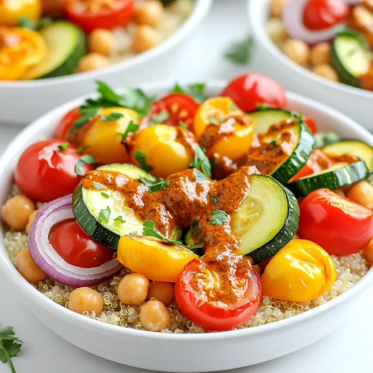 To make these tasty bowls, gather these fresh ingredients: - 1 medium zucchini, sliced into half-moons - 1 red bell pepper, diced - 1 yellow bell pepper, diced - 1 medium red onion, sliced - 1 cup cherry tomatoes, halved - 1 can chickpeas, drained and rinsed - 3 tablespoons harissa paste - 2 tablespoons olive oil - 1 teaspoon garlic powder - 1 teaspoon smoked paprika - Salt and pepper to taste - Fresh parsley, chopped (for garnish) - Cooked quinoa or couscous (for serving) If you want to swap out some ingredients, here are a few ideas: - Use eggplant instead of zucchini for a richer taste. - Try different beans, like black beans, in place of chickpeas. - Replace harissa with a milder spice like tahini or curry paste. - Use any seasonal veggies you love, such as broccoli or carrots. To bring extra flavor and texture, consider these garnishes: - Sprinkle fresh lemon juice over the bowl for brightness. - Add a dollop of yogurt or vegan yogurt for creaminess. - Top with avocado slices for healthy fats. - Use nuts or seeds, like pumpkin seeds or toasted almonds, for crunch. These ingredients and suggestions will make your Sheet Pan Spicy Harissa Veggie Bowls shine. Enjoy the mix of flavors and textures! First, gather all your ingredients. You need zucchini, bell peppers, red onion, cherry tomatoes, and chickpeas. Preheat your oven to 425°F (220°C). This step is key, as hot air helps brown the veggies. Make sure to line your sheet pan with parchment paper for easy cleanup. In a large bowl, add your prepared veggies and drained chickpeas. Next, make the harissa sauce. In a small bowl, mix harissa paste, olive oil, garlic powder, smoked paprika, salt, and pepper. Stir until smooth. Pour this sauce over the veggies. Toss everything well, ensuring each piece is coated. This step adds a punch of flavor to your dish. Spread the coated veggie mix evenly on your sheet pan. Make sure not to crowd them. This allows for even roasting. Place the pan in the oven and roast for 25-30 minutes. Stir halfway through to ensure all sides get that lovely char. When they’re tender and slightly browned, they are ready. Enjoy the aroma that fills your kitchen! When picking vegetables, look for bright colors. The veggies should feel firm when you touch them. Avoid any that are bruised or soft. For zucchini, choose ones that are small and smooth. For bell peppers, select ones that are shiny and wrinkle-free. Check cherry tomatoes for a vivid hue and a sweet smell. Fresh veggies lead to a better taste in your sheet pan spicy harissa veggie bowls. To get perfect roast veggies, cut them into even pieces. This ensures they cook at the same rate. Make sure to coat them well with the harissa mix. Spread them out on the pan so they’re not crowded. This allows them to get that nice char. Stir halfway through cooking for even roasting. The ideal temperature is 425°F (220°C) for a crispy finish. To boost the flavor of your dish, think beyond harissa. You can add cumin for warmth or a pinch of cayenne for heat. Try using fresh herbs like thyme or rosemary for a fragrant touch. A squeeze of lemon juice brightens the dish. For a smoky flavor, add more smoked paprika. Experimenting with spices can elevate your veggie bowls and make them even more delicious. {{image_2}} You can swap vegetables based on what's fresh. Try using asparagus in spring or squash in fall. Broccoli and cauliflower work great too. Seasonal veggies add new flavors and colors. Adding protein makes your meal heartier. Tofu absorbs flavors well, while tempeh adds a nutty taste. You can also use cooked chicken or shrimp if you prefer. Mix in these proteins before roasting. Grains are your canvas for this dish. Quinoa offers a nutty flavor, while couscous cooks quickly. Rice is another great choice, adding a chewy texture. Experiment with different grains to find your favorite! To keep your Sheet Pan Spicy Harissa Veggie Bowls fresh, store them in an airtight container. Let the veggies cool to room temp before sealing them. This prevents steam from making them soggy. Keep the leftovers in the fridge for up to four days. If you want to enjoy them later, follow the freezing tips below. Reheat the veggie bowls in the oven for the best flavor. Preheat your oven to 350°F (175°C). Spread the leftovers on a baking sheet. Heat for about 10-15 minutes, until warmed through. This method keeps the veggies nice and crispy. You can also microwave them if you’re in a hurry. Just heat in short bursts, stirring in between to avoid hot spots. Freezing the veggie bowls is a great way to meal prep. Portion them into freezer-safe containers. Make sure to leave space at the top, as the veggies may expand when frozen. These bowls can last up to three months in the freezer. When you're ready to eat, thaw them overnight in the fridge. Then, reheat as mentioned above for a quick, tasty meal. Yes, you can use a different type of harissa. There are many kinds, each with its own taste. Some are mild, while others are hot. If you want a milder dish, look for a sweet harissa. You can also try making your own if you prefer. Blend roasted peppers, garlic, and spices to create a custom flavor. Leftovers of the sheet pan spicy harissa veggie bowls stay fresh for about three days. Store them in an airtight container in the fridge. When ready to eat, reheat them in the oven or microwave. This helps keep the flavors bright and the veggies tasty. Yes, this dish is gluten-free! The main ingredients are veggies and chickpeas, which are both gluten-free. If you serve it with quinoa or rice, ensure they are gluten-free as well. Always check the labels of any packaged items you use to be sure. In this article, we explored the exciting world of Sheet Pan Spicy Harissa Veggie Bowls. You learned about the key ingredients, step-by-step cooking methods, and helpful tips for the best results. We discussed tasty variations and how to store your bowls for later. Remember, this dish is flexible. You can mix up flavors and ingredients to keep it fresh. Enjoy your cooking journey with spicy harissa and vibrant veggies!
