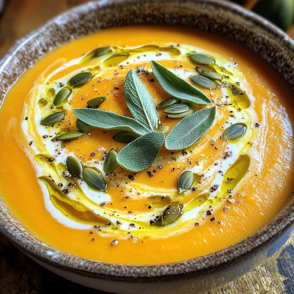 - 1 medium butternut squash, peeled and cubed - 1 medium onion, diced - 2 cloves garlic, minced - 4 cups vegetable broth - 1 can (13.5 oz) coconut milk - 1 teaspoon ground nutmeg - 1 teaspoon ground cinnamon - 2 tablespoons olive oil - Salt and pepper to taste - 10 fresh sage leaves - 1 tablespoon lemon juice - Optional: Pumpkin seeds for garnish Butternut squash is rich in vitamins A and C. It helps support good vision and skin health. Onion adds flavor and boosts your immune system. Garlic has strong anti-inflammatory effects. Coconut milk brings healthy fats, which are great for heart health. Sage leaves are packed with antioxidants, aiding digestion. Overall, this bisque gives you a warm, tasty meal with many health benefits. If you don't have butternut squash, you can use pumpkin or sweet potato. For a lighter option, swap coconut milk with almond milk. You can also replace sage with thyme or rosemary for a different taste. If you prefer, use chicken broth instead of vegetable broth. Each change can give your bisque a unique flair while keeping it delicious. To start, gather all your ingredients. You need: - 1 medium butternut squash, peeled and cubed - 1 medium onion, diced - 2 cloves garlic, minced - 4 cups vegetable broth - 1 can (13.5 oz) coconut milk - 1 teaspoon ground nutmeg - 1 teaspoon ground cinnamon - 2 tablespoons olive oil - Salt and pepper to taste - 10 fresh sage leaves - 1 tablespoon lemon juice - Optional: Pumpkin seeds for garnish First, peel and cube the butternut squash. Dice the onion and mince the garlic. This will help you get ready for cooking. In a large pot, heat the olive oil over medium heat. Add the diced onion. Sauté it for about 5 minutes until it looks soft and clear. Next, add the minced garlic. Cook it for another minute. You want to smell its lovely scent. Now, stir in the cubed butternut squash. Add the vegetable broth, nutmeg, and cinnamon. Bring this mix to a boil. Then, lower the heat and let it simmer for 20 to 25 minutes. The squash should be soft when done. Once cooked, take the pot off the heat. Use an immersion blender to blend the mixture until it’s smooth. If you don’t have one, pour the mix into a standard blender. Blend it in batches if needed. Return the smooth bisque to the pot. Stir in the coconut milk and lemon juice. Add salt and pepper to taste. Heat the bisque for another 5 minutes to warm it up. While the bisque warms, prepare the crispy sage. Take a small pan and heat a teaspoon of olive oil over medium heat. Add the fresh sage leaves. Cook them for about 1 to 2 minutes. Watch them turn bright green and crispy. Once done, remove the leaves and let them drain on paper towels. This will keep them crispy. Now, you’re ready to serve your warm bisque. Top it with crispy sage and a sprinkle of pumpkin seeds if you like. Enjoy this cozy dish! To get a smooth bisque, start with cooked squash. Cook it until it’s soft. Blending is key! Use an immersion blender for ease. If you prefer, a regular blender works too. Make sure to blend until you see no chunks. Adding coconut milk brings creaminess without dairy. Stir it in just before serving for the best flavor. You can boost flavor with spices. Ground nutmeg and cinnamon add warmth. Don’t skip the lemon juice; it brightens the taste. For deeper flavor, roast the squash before cooking. You might also try adding a pinch of cayenne for heat. Garnish with crispy sage for a crunchy texture and fresh flavor. One mistake is not cooking the squash enough. Undercooked squash will yield a grainy bisque. Another error is not seasoning well. Taste before serving, and adjust salt and pepper. Avoid blending in too many batches; it can be messy. Lastly, don't skip the crispy sage; it elevates the dish! {{image_2}} To make this bisque vegan, swap coconut milk for cashew cream. Cashew cream is rich and creamy. You can make it by soaking cashews and blending them with water. This change keeps the taste smooth and satisfying. Want to boost nutrition? Add cooked lentils or beans. They add protein and fiber. You can also mix in carrots or spinach for extra flavor and color. These additions make the bisque heartier and more filling. If you love heat, add a pinch of red pepper flakes. This will give the bisque a nice kick. For a milder taste, skip the extra spices. Adjusting spice levels lets you customize the bisque to your liking! After you finish your meal, let the bisque cool. Pour it into an airtight container. Store it in the fridge. It will taste great for up to three days. Make sure to seal it well to keep flavors fresh. If you want to save some for later, freezing is easy. Use freezer-safe containers or bags. Leave some room for air as the bisque expands. It can last up to three months in the freezer. When you're ready, just thaw it in the fridge overnight. Reheat your bisque gently for the best taste. Use a pot on low heat, stirring often. This keeps it creamy and prevents burning. You can also use a microwave, but do it in short bursts. Stir in a splash of coconut milk if it thickens. Enjoy the rich flavors just like the first time! Butternut squash bisque will last about 3 to 5 days in the fridge. Make sure to store it in an airtight container. This helps keep it fresh and tasty. If you want to enjoy it later, just reheat it on the stove or in the microwave. Yes, you can use frozen butternut squash! It saves time and cooks quickly. Just thaw it before using. This option is great if fresh squash is not available. The flavor and creaminess of the bisque will still shine through. You can pair butternut squash bisque with many sides. Here are some ideas: - Crusty bread or rolls - A fresh green salad - Grilled cheese sandwiches - Roasted vegetables These sides add texture and balance to the meal. Absolutely! You can make butternut squash bisque a day or two ahead. Just store it in the fridge until you are ready to serve. When reheating, add a splash of coconut milk for extra creaminess. This makes the flavors even better! You now know how to make a tasty butternut squash bisque. We covered the key ingredients and their benefits. You learned important tips for a creamy texture and how to avoid common mistakes. I shared variations to fit your diet and storage tips for leftovers. Use this guide to impress others with your cooking skills. Enjoy every rich spoonful and feel proud of your homemade bisque.