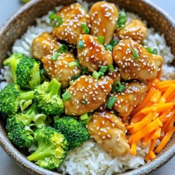 - 1 lb chicken breast, cut into bite-sized pieces - 2 cups cooked jasmine rice - 1 cup broccoli florets - 1 carrot, julienned - 3 tablespoons sesame oil - 4 cloves garlic, minced - 2 tablespoons soy sauce - 2 tablespoons honey - 1 tablespoon rice vinegar - 1 tablespoon sesame seeds - 2 green onions, sliced - Salt and pepper to taste The main ingredients in this recipe are simple yet flavorful. You will need chicken breast as the star protein. This chicken cooks well and absorbs flavors easily. Jasmine rice serves as the base for the bowl. It is fragrant and complements the dish perfectly. The vegetables add color and crunch. Broccoli and carrots provide great texture and nutrients. For the marinade, sesame oil plays a big role. It gives the chicken a rich, nutty taste. Garlic brings a fresh, bold flavor. Soy sauce adds depth, while honey balances it with sweetness. Rice vinegar adds a touch of tanginess. Finally, garnishes like sesame seeds and green onions enhance the dish’s look and taste. A sprinkle of salt and pepper rounds it out for perfect seasoning. First, combine the chicken pieces with the marinade. In a bowl, mix 1 tablespoon of sesame oil, minced garlic, soy sauce, honey, rice vinegar, salt, and pepper. Make sure the chicken is well coated. Let it sit for at least 15 minutes. This time helps the flavors soak in. You can marinate it longer if you want a stronger taste. While the chicken is marinating, it's time to cook the vegetables. Steam the broccoli florets and julienned carrot for about 4-5 minutes. They should be slightly tender but still bright in color. This method keeps them crisp and tasty. If you want to add more veggies, bell peppers or snap peas work well too. Next, heat the remaining sesame oil in a large skillet over medium-high heat. Once the oil is hot, add the marinated chicken pieces. Cook them for about 6-8 minutes until they turn golden brown. Remember to stir occasionally. This ensures even cooking. Check that the chicken is cooked through before removing it from heat. Now, let’s put the bowls together. Start by dividing the cooked jasmine rice among serving bowls. Top each bowl with the cooked chicken, steamed broccoli, and carrot. For extra flavor, drizzle any leftover marinade from the skillet over the top. This step makes the dish even more delicious. To finish, sprinkle sesame seeds and sliced green onions on top of each bowl. This adds a nice crunch and fresh flavor. Serve your bowls warm, and don’t forget to offer extra soy sauce on the side for those who like a little more kick. Enjoy your meal! To get the best flavor from your sesame garlic chicken, marinating is key. I suggest marinating the chicken for at least 15 minutes. This allows the flavors to soak in. Use 1 tablespoon of sesame oil, minced garlic, soy sauce, honey, rice vinegar, salt, and pepper. You can tweak the spices to your taste. If you like it sweeter, add more honey. For a kick, try adding chili flakes. Jasmine rice is perfect for this dish. Rinse it under cold water until the water runs clear. This removes excess starch and helps keep the rice fluffy. You can cook it on the stovetop or in an Instant Pot. For stovetop, use 1 cup of rice to 1.5 cups of water. Bring to a boil, then simmer for about 15 minutes. In an Instant Pot, use the same ratio but cook on high pressure for 4 minutes. Let it sit for 10 minutes before releasing the pressure. Timing is crucial for making tasty chicken rice bowls. Start by marinating the chicken while you prepare the veggies. Steam the broccoli and carrots until they are bright and slightly tender, about 4-5 minutes. This keeps them crispy and colorful. Cook the chicken next. It should take about 6-8 minutes to get it golden brown and fully cooked. This way, all your ingredients will be ready at the same time, making meal prep easy and efficient. {{image_2}} You can swap chicken for tofu or shrimp. Tofu gives a nice texture and absorbs flavors well. Use firm tofu for best results. Press it to remove excess water before cooking. Cook tofu in the same way as chicken. For shrimp, cook until they turn pink. This takes about 3-4 minutes. Both options add variety to your meal. Feel free to use other veggies in your rice bowls. Bell peppers, snap peas, and zucchini work great. You can also use seasonal veggies for freshness. In summer, try fresh corn or cherry tomatoes. In fall, consider sweet potatoes. These changes keep the dish exciting and delicious. To add a kick, sprinkle chili flakes on top. This gives your rice bowls some heat. You can also try different sauces. Instead of soy sauce, use teriyaki or hoisin for a unique twist. Experimenting with flavors keeps your meals fun and fresh. To keep your sesame garlic chicken rice bowls fresh, store them in airtight containers. This helps prevent moisture loss and keeps flavors strong. Make sure to let the dish cool down first. Once cooled, divide the bowls into single servings. This way, you can easily grab a bowl when you're hungry. Store the leftovers in the fridge. They should stay fresh for about three days. When reheating your chicken rice bowls, use the microwave for quick results. Place a bowl in the microwave and cover it with a damp paper towel. This helps keep the chicken moist. Heat for 1-2 minutes, checking to see if it warms evenly. You can also use a skillet on low heat. Stir often to avoid sogginess. Add a splash of water if needed to keep things moist. Yes, you can freeze the rice bowls! To freeze, place the cooled bowls in freezer-safe containers. Be sure to leave some space at the top for expansion. They can last up to three months in the freezer. To reheat, move them to the fridge overnight to thaw. Then, follow the reheating instructions above. This method keeps your meal tasty and helps you save time on busy days. You can marinate chicken for at least 15 minutes. This time allows the flavors to soak in well. For even richer taste, you can marinate it for up to 2 hours. Just remember, longer marinating adds more depth. Yes, you can! Meal prep is great for busy days. You can marinate the chicken and cook it earlier. Store the chicken and veggies in separate containers. When you are ready, reheat them and serve over fresh rice. These rice bowls pair well with many sides. Consider serving with: - Steamed edamame - Asian-style slaw - Cucumber salad - Pickled vegetables These add color and crunch to your meal. Yes, this recipe can be gluten-free. Use gluten-free soy sauce, often called tamari. Check labels to ensure all ingredients are gluten-free. You can also use coconut aminos as a tasty alternative. This recipe for Sesame Garlic Chicken Rice Bowls shows how easy tasty meals can be. You learned how to marinate chicken, cook vegetables, and layer bowls. I shared tips for flavor and timing to make cooking simple. You can try different proteins and veggies for variety. Storing leftovers is easy with my guidelines. Now, you can enjoy delicious meals at home. Start cooking today and enhance your kitchen skills!