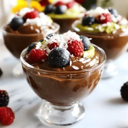 - 2 ripe avocados - 1/2 cup unsweetened cocoa powder - 1/2 cup maple syrup (or agave syrup) - 1/4 cup almond milk (or any plant-based milk) - 1 teaspoon vanilla extract - 1/4 teaspoon sea salt The main ingredients in this mousse are simple yet powerful. Ripe avocados serve as the base. They provide a creamy texture and healthy fats. The unsweetened cocoa powder gives the rich chocolate flavor. Maple syrup or agave syrup adds the sweetness. You can adjust this to your taste. Almond milk or any plant-based milk makes it smooth. Vanilla extract enhances the overall flavor. A touch of sea salt balances the sweetness. - Shredded coconut - Chopped nuts - Fresh berries Toppings are where you can get creative. Shredded coconut adds a fun texture. Chopped nuts bring a nice crunch. Fresh berries add a pop of color and freshness. You can mix and match these toppings. They make your mousse look beautiful and add extra flavor. - First, cut the avocados in half. - Remove the pit with care. - Scoop the soft flesh into your blender. - Next, add the unsweetened cocoa powder. - Pour in the maple syrup for sweetness. - Add almond milk for creaminess. - Include vanilla extract for flavor. - Finally, sprinkle in the sea salt. - Blend the mixture on high speed. - Keep blending until it’s smooth and creamy. - Scrape the sides of the blender as needed. - Taste the mousse and adjust sweetness. - Add more maple syrup if necessary. - Blend again to mix in the syrup. - Once blended, transfer the mousse to cups. - Chill them in the refrigerator for 30 minutes. - Letting it chill allows the flavors to meld. - Serve with toppings like coconut or nuts. - Fresh berries add a nice touch too. To get that rich and creamy mousse, start with ripe avocados. A ripe avocado is soft and slightly wrinkled. It blends better and gives a smooth texture. When you blend, use a high-speed setting to mix everything well. Scrape down the sides often. This helps make the mousse velvety and ensures no lumps remain. You might want to tweak the sweetness. Taste the mousse after blending. If it needs more sweetness, add a bit of maple syrup. Blend again to mix it in. You can also try other sweeteners, like agave syrup or date syrup. Each gives a unique flavor that can enhance your mousse. Think about how you present your mousse. Serve it in clear cups to show off its rich color. Top with shredded coconut, chopped nuts, or fresh berries for a fun look. You can pair the mousse with a scoop of dairy-free ice cream or some crunchy cookies for a delightful treat. {{image_2}} You can change the flavor of your mousse easily. Adding a bit of espresso or coffee gives it a nice mocha taste. Just mix in a tablespoon or two. For extra richness, try adding nut butter. Peanut or almond butter works well. It adds a creamy texture and a nutty flavor. If you want a nut-free option, use oat milk instead of almond milk. This keeps it creamy without the nuts. For sugar-free alternatives, try using stevia or erythritol. These sweeteners can replace maple syrup while keeping the mousse delicious. You can also top your mousse with seasonal fruits. Fresh strawberries, raspberries, or mango add color and taste. For a festive touch, flavor the mousse with peppermint or orange zest. It gives a fun twist for holiday gatherings. To store your vegan chocolate avocado mousse, use airtight containers. Glass jars or plastic containers work well. These containers keep air out and help the mousse stay fresh longer. Make sure they are clean and dry before adding the mousse. Cover the mousse with plastic wrap if you don’t have a lid. This keeps it from drying out. To maintain freshness, chill the mousse right after making it. Place it in the fridge for at least 30 minutes before serving. This helps the flavors blend and the mousse to set. Avoid leaving it out at room temperature for too long. In the refrigerator, the mousse lasts about 3 to 5 days. Make sure it stays covered to keep it fresh. If you want to extend its life, you can freeze it. In the freezer, it can last up to 2 months. Just be sure to use a freezer-safe container. When you thaw it, let it sit in the fridge overnight. If your mousse loses its creamy texture after freezing, don’t worry. You can bring back the creaminess. Simply let it thaw in the fridge. Once thawed, stir in a bit of almond milk or another plant-based milk. Mix gently until it becomes smooth and creamy again. This will help restore its rich consistency. Avocados are full of good fats. They contain healthy monounsaturated fats that help your heart. They also add creaminess to desserts without dairy. Avocados provide fiber, which helps with digestion. They are low in sugar, making them a great choice for desserts. Plus, they are rich in vitamins like E and C, which support skin health. Using avocados in desserts can help you enjoy treats while still being kind to your body. Yes, you can make this mousse ahead of time! It stores well in the fridge. Prepare the mousse and put it in serving cups. Cover them tightly with plastic wrap. Chill them for a few hours or even overnight. This way, you save time on the day you plan to serve it. Just remember to add toppings right before serving for the best taste and look. Yes, you can easily make this mousse nut-free. Instead of almond milk, use any plant-based milk that is nut-free. Options like oat milk or soy milk work great. You can also skip the nuts in the toppings. Try using seeds, like pumpkin or sunflower seeds, instead for crunch and texture. This way, you can enjoy the mousse without any nuts. Absolutely! You can use carob powder instead of cocoa powder. Carob powder has a sweeter taste and is caffeine-free. It gives a unique twist to the mousse. Use the same amount of carob powder as cocoa powder in the recipe. This change can make the mousse a bit different, but still delicious! This blog post explored how to make a delicious vegan chocolate mousse. We discussed the main ingredients, like ripe avocados and cocoa powder, to create creamy perfection. The step-by-step instructions help you blend and chill the mousse with ease. We also covered tips for texture and sweetness, plus fun variations and storage tips. Enjoy this tasty treat that’s both healthy and easy to make.