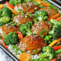 - 1 lb boneless, skinless chicken thighs - 1/4 cup low-sodium soy sauce - 2 tablespoons honey or maple syrup - 2 tablespoons rice vinegar - 1 tablespoon sesame oil - 2 cloves garlic, minced - 1 teaspoon fresh ginger, grated - Salt and pepper to taste For the teriyaki chicken, I love using boneless, skinless chicken thighs. They stay juicy and tender after cooking. The marinade is what really brings this dish to life. A mix of soy sauce, honey or maple syrup, rice vinegar, sesame oil, garlic, and ginger creates a sweet and savory flavor. This marinade coats the chicken and makes it super tasty. - 2 cups broccoli florets - 1 bell pepper (red or yellow), sliced into strips - 1 medium carrot, sliced thinly - 1 cup snap peas When it comes to veggies, I like to keep it colorful and fresh. Broccoli florets are great for crunch. You can use either red or yellow bell pepper for sweetness. Thinly sliced carrots add a nice bite, and snap peas bring a lovely snap. Tossing these together makes a colorful and healthy plate. - 1 tablespoon sesame seeds - 2 green onions, sliced Garnishing is key to a great dish. I sprinkle sesame seeds on top to add crunch and flavor. Sliced green onions not only look nice but also give a fresh taste. These small touches elevate the meal and make it more appealing. 1. First, preheat your oven to 425°F (220°C). This helps cook the chicken and veggies evenly. 2. Next, line a large baking sheet with parchment paper to prevent sticking. 3. In a bowl, whisk together the marinade ingredients. Combine low-sodium soy sauce, honey or maple syrup, rice vinegar, sesame oil, minced garlic, grated ginger, salt, and pepper. Mix until smooth. 1. Place the boneless, skinless chicken thighs in a zip-top bag or shallow dish. 2. Pour half of the marinade over the chicken. 3. Seal the bag or cover the dish. Let the chicken marinate for at least 15 minutes. For best flavor, let it marinate up to 2 hours in the fridge. 1. While the chicken marinates, prepare the veggies. In a large bowl, toss broccoli florets, sliced bell pepper, thinly sliced carrots, and snap peas with the remaining marinade. 2. Spread the marinated veggies evenly on one side of the prepared baking sheet. 3. Remove the chicken from the marinade and place it on the other side of the baking sheet. Discard the marinade used for the chicken. Now, you’re ready to bake! This simple process brings out great flavors and makes dinner easy. To cook evenly, cut chicken and veggies into similar sizes. This helps them cook at the same rate. For tender-crisp veggies, avoid overcooking. Aim for bright colors and a slight crunch. Cook chicken for 20 to 25 minutes at 425°F (220°C). Use a meat thermometer to check doneness. The chicken should reach 165°F (75°C) inside. Preheating the oven is key for great results. It helps the chicken and veggies cook properly. You can add spices like black pepper or crushed red pepper for a kick. If you want more flavor, try adding sesame seeds or green onions to the marinade. Adjust sweetness by adding more honey or maple syrup. For saltiness, use less soy sauce or choose a low-sodium version. {{image_2}} You can switch up the chicken in this recipe. Try using chicken breasts or drumsticks if you prefer. For seafood lovers, shrimp works great too. If you want a plant-based option, use tofu. Press the tofu to remove excess water, then cube it. Marinate and bake just like you would the chicken. Seasonal veggies add freshness to your dish. In spring, use asparagus or snap peas for a crisp texture. Summer is ideal for zucchini or bell peppers. In fall, try butternut squash or Brussels sprouts. Winter is great for hearty veggies like carrots and parsnips. Look for local or organic produce to boost flavor and support farmers. If you're gluten-free, swap regular soy sauce for a gluten-free version. Tamari works well here. For those cutting carbs, try using cauliflower rice instead of regular rice. It’s a great way to enjoy your meal while staying on track with your diet. You can also add some extra spices to enhance the flavors without extra carbs. Store your leftovers in an airtight container. This keeps them fresh and safe. You can refrigerate the teriyaki chicken and veggies for up to four days. Make sure the dish cools down before sealing it. To freeze, place the dish in a freezer-safe container. This is great for meal prep. You can store it for up to three months. When ready to eat, thaw it overnight in the fridge for best results. Reheat your teriyaki chicken and veggies in the oven or microwave. If using the oven, set it to 350°F (175°C). Heat for about 15-20 minutes. This helps keep the chicken juicy and the veggies crisp. If you microwave, use a microwave-safe dish and cover it. Heat in short intervals, stirring in between. This keeps the flavors intact and prevents sogginess. To make teriyaki sauce, combine these ingredients: - 1/4 cup low-sodium soy sauce - 2 tablespoons honey or maple syrup - 2 tablespoons rice vinegar - 1 tablespoon sesame oil - 2 cloves garlic, minced - 1 teaspoon fresh ginger, grated Mix these well in a bowl. You can adjust the sweetness or salt to taste. This simple recipe makes a flavorful sauce for your teriyaki chicken and veggies. Yes, you can use frozen vegetables. They are quick and easy. Just remember to thaw them first. Frozen veggies may cook faster than fresh ones. Keep an eye on them while baking. Fresh vegetables give a better crunch, but frozen ones work great in a pinch. Serve your teriyaki chicken and veggies with: - Steamed jasmine rice - Quinoa - Noodles These sides soak up the delicious sauce. You can also add a simple salad for a fresh touch. Enjoy your meal! This blog post covered how to make a tasty teriyaki chicken meal. You learned about fresh ingredients and step-by-step cooking methods. I shared tips for cooking and storage that can help you enjoy every bite. Remember, you can swap ingredients based on what you like or need. With simple adjustments, you can make this dish fit your diet. Explore, experiment, and find your favorite flavors. Cooking should be fun and satisfying, so enjoy your time in the kitchen!