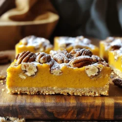 - 1 ½ cups graham cracker crumbs - ½ cup unsalted butter, melted - ⅓ cup brown sugar - 1 can (15 oz) pumpkin puree - ½ cup maple syrup - ⅓ cup granulated sugar - 2 large eggs - 1 teaspoon vanilla extract - 1 teaspoon ground cinnamon - ½ teaspoon ground nutmeg - ½ teaspoon ground ginger - ¼ teaspoon salt - 1 cup chopped pecans These bars start with a buttery graham cracker crust. The crust is easy to make and adds a nice crunch. You mix graham cracker crumbs, melted butter, and brown sugar. This creates a sweet and crumbly base. Next, the filling is a blend of pumpkin puree and maple syrup. This gives the bars a rich flavor. The eggs help set the filling, while the spices add warmth and depth. Ground cinnamon, nutmeg, and ginger make each bite comforting. The chopped pecans add a special crunch and nutty taste. For a lovely finish, you can add powdered sugar on top. A dollop of whipped cream makes these bars even better. A sprinkle of cinnamon also looks nice and adds flavor. These small touches make your dessert shine. First, gather your crust ingredients. You need graham cracker crumbs, melted butter, and brown sugar. In a mixing bowl, combine these three. Stir them well until it looks like wet sand. This means your crust mix is ready. Next, take your 9x9 inch baking pan. Grease it or line it with parchment paper. This helps with easy removal later. Now, press the graham cracker mix firmly into the bottom of the pan. Make sure it’s even. Bake this crust at 350°F (175°C) for about 10 minutes. When done, take it out and let it cool slightly. Now let’s make the pumpkin filling. In a large bowl, add pumpkin puree, maple syrup, granulated sugar, and eggs. Don’t forget the vanilla extract. Whisk these wet ingredients together until smooth. Next, add your spices: cinnamon, nutmeg, ginger, and salt. Mix them in well. This gives your filling a warm flavor. Finally, fold in the chopped pecans. This adds a nice crunch to your filling. You’re almost there! Pour the pumpkin filling over your pre-baked crust. Spread it evenly with a spatula. Bake the bars for 30 to 35 minutes. To check if they’re done, insert a toothpick in the center. If it comes out clean, your bars are ready. Let them cool completely in the pan. After that, refrigerate them for at least an hour. This helps firm them up for easy slicing. Enjoy your delicious Maple Pecan Pumpkin Pie Bars! Ensuring a Firm Filling To get a firm filling, you need to bake it just right. Check the filling after 30 minutes. It should not jiggle when you gently shake the pan. If a toothpick comes out clean, it's done. Let the bars cool completely before slicing. This helps the filling firm up even more. Achieving a Crisp Crust A crisp crust is key to great pie bars. Start with fresh graham cracker crumbs. Mix them well with melted butter and brown sugar. Press the mixture firmly into the pan. Pre-bake the crust for 10 minutes to set it. This step prevents a soggy base. Garnishing Ideas To make your bars look stunning, dust them with powdered sugar. Add a dollop of whipped cream on top. A sprinkle of cinnamon adds warmth and flavor. You can also add some chopped pecans for a nice crunch. Serving Suggestions Serve the bars on a pretty platter. Cut them into squares or rectangles for easy sharing. They make a great treat for fall gatherings or holiday meals. Pair them with warm drinks like cider or coffee for a cozy vibe. {{image_2}} You can change the flavor of your Maple Pecan Pumpkin Pie Bars by adding spices. Try including allspice or cloves for a warm kick. A pinch of cardamom can also add depth. Each spice brings its own charm, enhancing the overall taste. Feel free to mix and match. Experimenting with spices can make each batch unique. If you want to reduce sugar, consider using honey or agave syrup. Both add sweetness while keeping the flavor rich. You can also use coconut sugar for a deeper caramel note. Adjust the amount based on your taste preference. Remember to check the sweetness of your filling before baking. To make these bars vegan, swap the eggs for flax eggs. Mix one tablespoon of ground flaxseed with three tablespoons of water. Let it sit for five minutes until it thickens. Use coconut oil instead of butter for the crust. These swaps keep the bars tasty while fitting a vegan diet. To make these bars gluten-free, use gluten-free graham cracker crumbs. Many brands offer these options. Ensure other ingredients, like baking powder or sugar, are gluten-free. This way, everyone can enjoy the bars without worry. Adjust baking time if needed, as gluten-free ingredients may change texture slightly. Refrigeration Tips You can store these bars in the fridge. Place them in an airtight container. They stay fresh for up to a week. If you want to keep them longer, refrigerate them right after they cool. This helps them stay firm and tasty. Freezing Instructions To freeze, wrap each bar in plastic wrap. Then, place the wrapped bars in a freezer-safe bag. They can last up to three months in the freezer. When you are ready to enjoy, thaw them in the fridge overnight. This keeps the flavors rich and fresh. Methods for Refreshing the Bars To reheat, preheat your oven to 350°F (175°C). Place the bars on a baking sheet. Heat them for about 10 minutes. This warms them up and makes them taste fresh again. You can also use the microwave. Just heat them for about 15-20 seconds. Maintaining Texture If you want to keep the texture, avoid overheating. Too much heat can make them dry. Always check after a short time to find the right warmth. Enjoy your bars warm or cool; either way, they taste great! You can use crushed cookies, like digestive biscuits or vanilla wafers. You might also try crushed oats for a healthier option. Each choice brings a unique flavor. Experiment to find what you like best! Yes, these bars are great for making ahead. You can prepare them a day or two before your event. Just store them in the fridge until you are ready to serve. This helps the flavors meld together nicely. The filling is set when a toothpick comes out clean from the center. It should not jiggle too much when you shake the pan. This usually takes about 30 to 35 minutes of baking. - Additional Common Questions and Answers - Can I use fresh pumpkin instead of canned? Yes, but make sure to cook and puree it first. - What if I don't have pecans? You can use walnuts or leave them out entirely. - Can I add chocolate chips? Yes, chocolate chips add a fun twist to the bars! You now have all the tools to make delicious pumpkin bars. Remember the key points: pick fresh ingredients, prep the crust well, and bake it right. Use the tips to get perfect texture and great taste. You can play with flavors and make it your own with swaps. Storing and reheating keep your bars fresh, so follow those tips too. Enjoy your baking journey and share these treats with friends and family. Happy baking!