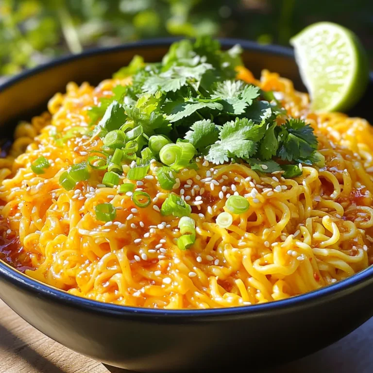 - 200g of fresh egg noodles or instant noodles - 2 tablespoons spicy chili crisp (store-bought or homemade) - 1 tablespoon soy sauce - 1 teaspoon sesame oil - 1 garlic clove, minced - 1 green onion, finely sliced - Fresh cilantro for garnish (optional) - 1 tablespoon sesame seeds - Lime wedges The main ingredients make this dish shine. Fresh egg noodles or instant noodles are key. They create a base that soaks up all that spicy goodness. The spicy chili crisp adds heat and flavor. Use two tablespoons for a perfect kick. Soy sauce brings depth while sesame oil adds a rich, nutty finish. Aromatics like minced garlic are a must. They bring a warm, inviting scent. Green onions add crunch and freshness. Fresh cilantro brightens the dish and makes it look pretty. If you want to elevate your bowl, consider sesame seeds. They add a nice crunch. A lime wedge on the side is also great. Just a squeeze will brighten every bite. This simple list has everything you need to create a flavor explosion right in your kitchen! 1. Boil water: Bring a pot of water to a rolling boil. 2. Prepare noodles: Add 200g of fresh egg noodles or instant noodles to the boiling water. Cook them based on the package instructions. Fresh noodles cook quickly, usually in just a couple of minutes. 3. Drain and set aside: Once cooked, drain the noodles in a colander and set them aside for later. 1. Mix the sauce: In a small bowl, combine 2 tablespoons of spicy chili crisp, 1 tablespoon of soy sauce, and 1 teaspoon of sesame oil. 2. Stir well: Mix everything together until it forms a smooth sauce. Set this bowl aside as well. 1. Heat the oil: In a large pan or skillet, add 1 tablespoon of vegetable oil and heat it over medium heat. 2. Sauté garlic: Add 1 minced garlic clove to the oil. Sauté for about 30 seconds until it smells fragrant. Watch closely to avoid burning the garlic. 1. Add noodles: Transfer the drained noodles into the pan with the sautéed garlic. 2. Toss with sauce: Pour the chili crisp sauce over the noodles. Toss everything together until the noodles are well coated. 1. Stir in garnishes: Add in the sliced green onion and, if you like, 1 tablespoon of sesame seeds. 2. Plate and serve: Serve the noodles hot. For a nice touch, you can garnish with fresh cilantro and extra chili crisp. Enjoy! To get the best noodle texture, cook your noodles just until tender. Fresh egg noodles take only a couple of minutes in boiling water. If you use instant noodles, follow the package instructions. Drain them and set aside right away. When sautéing garlic, heat your oil over medium heat. Add the minced garlic and sauté for about 30 seconds. Watch closely to avoid burning. This step brings out the garlic's best flavor. Adjusting the seasoning can make a big difference. Start with the soy sauce and chili crisp mix. Taste it, then add more soy sauce or chili crisp to fit your taste. If you want more heat, add an extra spoon of chili crisp. It can really pump up the flavor! To make your dish look great, serve the noodles in deep bowls. Top with extra chili crisp for a colorful pop. A sprinkle of sesame seeds adds a nice crunch. For a fresh touch, add a lime wedge on the side. This can brighten the flavors and make the dish more appealing! {{image_2}} You can boost your Minute Spicy Chili Crisp Noodles with protein. Here are some tasty options: - Tofu: Use firm or extra-firm tofu. Cut it into cubes and pan-fry until golden. Add it to the noodles for a great texture. - Chicken: Thinly slice chicken breast. Sauté it in the pan before adding garlic. Cook it until no longer pink, then mix it with the noodles. - Shrimp: Peel and devein shrimp. Cook them in the pan until they turn pink. They add a nice seafood flavor to your dish. Veggies add color and nutrition to your noodles. Here are some good choices: - Bell Peppers: Slice them thinly and add them to the pan with garlic. They bring sweetness and crunch. - Broccoli: Cut into small florets. Steam or stir-fry them before mixing with the noodles. - Carrots: Shred or slice them thinly. They add a bit of sweetness and bright color. When adding veggies, cook them in the pan for a few minutes to soften. This step helps blend the flavors well with the noodles. You can control the heat of your dish to suit your taste. For a mild version, use less chili crisp. Start with 1 tablespoon and taste before adding more. If you like it spicy, stick with 2 tablespoons or more. To adjust heat levels, consider adding a splash of vinegar or a pinch of sugar. Both can balance the spice and enhance the overall flavor. Enjoy your noodle dish just the way you like it! To keep your Minute Spicy Chili Crisp Noodles fresh, store them properly. First, let the noodles cool down to room temperature. Then, place them in an airtight container. This helps keep moisture out, which can spoil the noodles. - Use glass or plastic containers with tight lids. - Label the container with the date. This way, you can enjoy your noodles later without worry. Aim to eat them within 2-3 days for the best taste. When it's time to enjoy your leftovers, reheating is key. There are a few great methods to choose from. 1. Stovetop Method: Heat a pan over medium heat. Add a splash of water or oil. Place the noodles in the pan and stir until warm. This keeps the noodles from drying out. 2. Microwave Method: Place the noodles in a microwave-safe bowl. Add a little water to help steam them. Cover with a lid or microwave-safe wrap. Heat in 30-second intervals, stirring in between. No matter which method you use, keep an eye on the noodles. You want them warm but not overcooked. Enjoy your meal just as much the second time around! Fresh egg noodles take about 2-3 minutes in boiling water. Instant noodles cook faster, usually in just 1-2 minutes. Always check the package for exact times. Yes, you can! Making your own spicy chili crisp is easy. Just mix fried garlic, crushed red pepper, and oil. For a recipe, check out my favorite homemade chili crisp link [here](#). You can find spicy chili crisp at many Asian grocery stores. Online, options include Amazon and specialty food sites. Look for brands known for bold flavors. These noodles go great with a side salad or steamed veggies. You can also add grilled chicken, shrimp, or tofu for extra protein. A lime wedge brightens the dish. You can make a fun and tasty dish with spicy chili crisp noodles. We covered the key ingredients, like fresh noodles and flavorful sauces. The steps showed how to cook and mix everything together. I shared tips for great timing and flavor. Don't forget the options for proteins and veggies to make it your own. Use these ideas to enjoy or share this dish. Cook, taste, and have fun!
