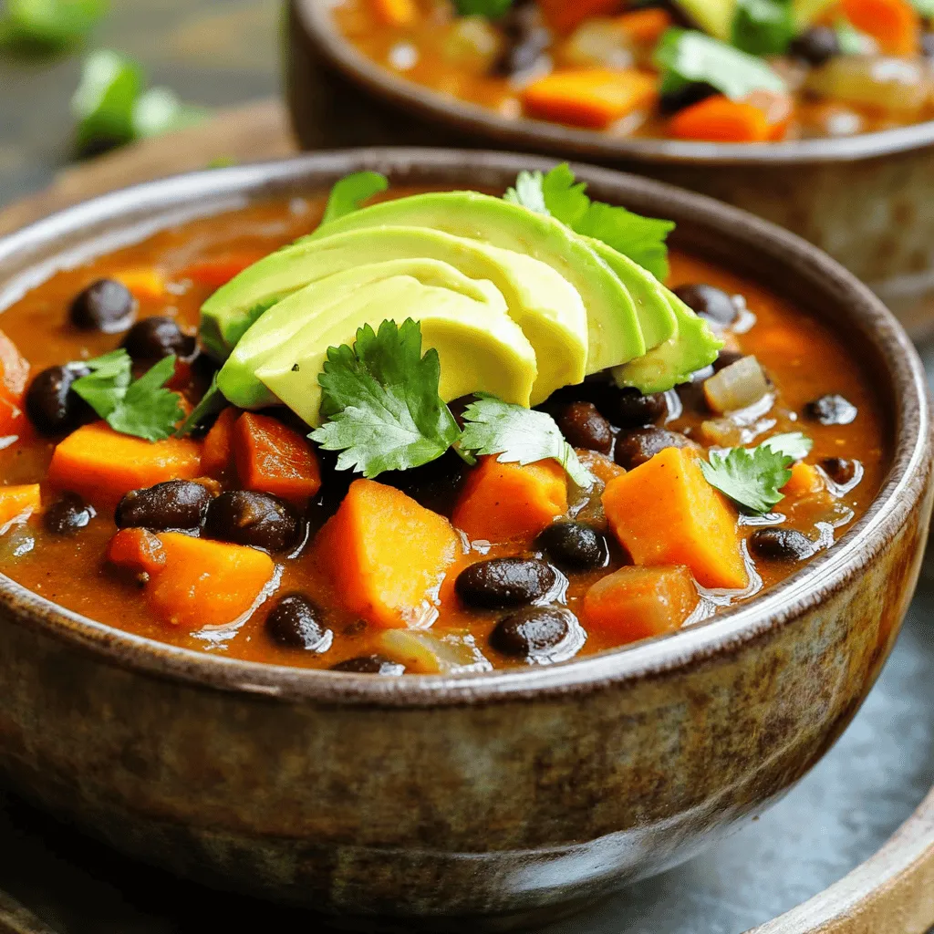 This chili is full of flavor and good for you! Here are the key ingredients you will need: - 2 medium sweet potatoes, peeled and diced - 1 can (15 oz) black beans, drained and rinsed - 1 can (14 oz) diced tomatoes (with juice) - 1 medium onion, chopped - 2 cloves garlic, minced - 1 red bell pepper, diced - 1 green bell pepper, diced - 2 cups vegetable broth - 2 tablespoons chili powder - 1 teaspoon ground cumin - 1 teaspoon smoked paprika - Salt and pepper to taste - 1 tablespoon olive oil - Fresh cilantro for garnish (optional) - Avocado slices for topping (optional) These ingredients work together to create a rich and hearty dish. When making this chili, use fresh ingredients. Fresh sweet potatoes add a nice sweetness. Fresh peppers give a crisp texture. Fresh onions and garlic boost flavor. Canned beans and tomatoes save time but look for low-sodium options. This choice keeps the dish healthy and tasty. Always check the expiration dates on canned goods to ensure you are using quality ingredients. You can make this chili even better with some fun toppings! Consider adding: - Fresh cilantro for a burst of flavor - Slices of creamy avocado for richness These toppings enhance the chili's taste and make it look beautiful. Enjoy your chili with a side of whole grain bread for dipping! Start by gathering all your ingredients. You need: - 2 medium sweet potatoes, peeled and diced - 1 can (15 oz) black beans, drained and rinsed - 1 can (14 oz) diced tomatoes (with juice) - 1 medium onion, chopped - 2 cloves garlic, minced - 1 red bell pepper, diced - 1 green bell pepper, diced - 2 cups vegetable broth - 2 tablespoons chili powder - 1 teaspoon ground cumin - 1 teaspoon smoked paprika - Salt and pepper to taste - 1 tablespoon olive oil - Fresh cilantro for garnish (optional) - Avocado slices for topping (optional) First, peel and dice the sweet potatoes. Chop the onion and bell peppers. Mince the garlic. This prep makes the cooking easy. Next, heat the olive oil in a skillet over medium heat. Add the chopped onion and minced garlic. Cook for about 3-4 minutes until the onion is clear. This step adds depth to the chili’s flavor. Now, transfer the sautéed onion and garlic to your slow cooker. Add the diced sweet potatoes, black beans, diced tomatoes, and both bell peppers. Pour the vegetable broth over everything. Then, sprinkle in the chili powder, ground cumin, smoked paprika, salt, and pepper. Stir well to mix all the ingredients. Cover the slow cooker and set it to low heat for 6-8 hours. If you're short on time, you can set it to high for 3-4 hours. The sweet potatoes should be soft when done. When the chili is ready, taste it. You can adjust the seasoning if needed. Serve the chili hot in bowls. For a fresh touch, add avocado slices and a sprinkle of cilantro on top. This not only looks good but also adds great flavor. Consider pairing the chili with whole grain bread for a hearty meal. Enjoy your delicious and warm chili! To create a rich flavor, always start by sautéing the onion and garlic. This step adds depth. Use fresh, ripe tomatoes if you can. The taste will improve with fresh ingredients. Mix your spices well to coat all the veggies. This helps spread the flavor. If you like it spicy, add more chili powder. You can also use diced jalapeños for extra heat. For milder chili, reduce the chili powder. Always taste while cooking. This way, you can adjust the spice to your liking. For the best results, cut sweet potatoes into even pieces. This ensures they cook at the same rate. Avoid lifting the lid too often; it lets heat escape. Keep the lid on for even cooking. If you want a thicker chili, you can mash some sweet potato before serving. This adds a nice texture. {{image_2}} You can add protein to your chili for a heartier meal. - Ground beef or turkey: Brown the meat first. Add it to the slow cooker with the other ingredients. - Chicken: Use boneless, skinless chicken breasts. Shred it after cooking. - Meat alternatives: Try lentils or tofu for a plant-based option. Add them in at the beginning with the other ingredients. These choices will boost protein and flavor. Feel free to mix in other veggies to enhance the dish. - Carrots: Diced carrots add sweetness and texture. - Corn: Frozen or fresh corn brings a nice crunch. - Zucchini: Chop zucchini into small pieces and add it near the end of cooking. These additions create a colorful and nutritious chili. If you love heat, make your chili spicy. - Add jalapeños: Dice fresh jalapeños and toss them in before cooking. - Use cayenne pepper: Sprinkle in cayenne for extra warmth. - Hot sauce: Drizzle your favorite hot sauce on top when serving. These tweaks will elevate the spice level, making your chili exciting and bold. I love how easy it is to store leftover chili. Once you finish your meal, let the chili cool down. Then, transfer it to an airtight container. This helps keep it fresh. You can store it in the fridge for up to five days. Just make sure it's sealed tight to avoid any spills or odors. If you want to save the chili for later, freezing is a great option. Use freezer-safe bags or containers for this. Pour the cooled chili into the bags, leaving some space for expansion. Seal them well and label with the date. You can freeze it for up to three months. When you’re ready to eat, just thaw it in the fridge overnight. Reheating is simple and quick. You can use the microwave or the stovetop. For the microwave, place the chili in a bowl and cover it. Heat it for about two to three minutes, stirring halfway. On the stovetop, pour the chili into a pot and heat over medium heat. Stir often until it’s hot. If it seems too thick, add a little water or broth to loosen it up. Enjoy your warm meal! It takes about 6-8 hours on low heat or 3-4 hours on high heat. The sweet potatoes should be tender when done. Slow cooking allows the flavors to blend well. You’ll find it easy to set it and forget it during busy days. Yes, you can use fresh ingredients! Fresh sweet potatoes, tomatoes, and beans work great. Just make sure to prep them well. When using fresh beans, cook them first to soften them. This will help your chili cook evenly and taste fresh. Sweet potatoes are rich in vitamins A and C. They also have fiber, which is good for digestion. Black beans are high in protein and fiber too. They can help keep you full longer. Together, they make a healthy meal that is tasty and satisfying. This blog post covered all you need to make a great slow cooker chili. We looked at key ingredients, cooking steps, and helpful tips to boost flavor. I shared tasty variations and easy storage info to keep chili fresh. You can adjust spice levels and include various proteins to customize your dish. In conclusion, slow cooker chili is versatile and easy. Feel free to experiment with ingredients. Your family will enjoy the flavors and nutrients in this meal. Happy cooking!