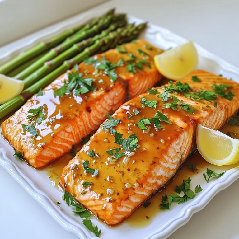 Here are the key ingredients you'll need for this tasty dish: - 4 salmon fillets (about 6 oz each) - 1 bunch of fresh asparagus, ends trimmed - 1/4 cup honey - 3 cloves garlic, minced - 2 tablespoons soy sauce (or tamari for gluten-free option) - 1 tablespoon olive oil - 1 teaspoon fresh ginger, grated - Salt and pepper to taste - Lemon wedges for serving - Fresh parsley for garnish Each ingredient plays a role in making this dish shine. The salmon fillets give you rich flavor and healthy fats. Fresh asparagus adds a nice crunch and bright color. Honey gives the dish sweetness. Garlic and ginger bring a warm, spicy kick. Soy sauce adds depth and umami. Olive oil helps to keep everything moist. Seasoning is key, so don't skip the salt and pepper. Finally, lemon wedges and parsley add freshness when you serve. Take time to gather all these ingredients before you start. This will make cooking smooth and fun! - Preparing the baking sheet: Start by preheating your oven to 400°F (200°C). Line a large baking sheet with parchment paper. This makes cleanup easy and helps your food cook evenly. - Making the marinade: In a small bowl, whisk together 1/4 cup honey, 3 minced garlic cloves, 2 tablespoons soy sauce, 1 tablespoon olive oil, and 1 teaspoon grated fresh ginger. This mixture is your sweet and savory marinade. - Arranging the salmon and asparagus: Place 4 salmon fillets on one side of the baking sheet. Season them with salt and pepper. On the other side, arrange a bunch of fresh asparagus with trimmed ends. Drizzle half of your marinade over the salmon and the rest over the asparagus. Toss the asparagus gently to coat. - Baking the salmon and asparagus: Bake your sheet pan in the preheated oven for 15 to 20 minutes. The salmon should flake easily with a fork, and the asparagus should be bright and tender. - Broiling tips for extra flavor: If you want a crispy top, switch to broil during the last 2-3 minutes. Keep a close eye to avoid burning. This adds a nice caramelized flavor to your dish. - Garnishing the dish: Once your sheet pan is out of the oven, let it cool slightly. Garnish the salmon and asparagus with chopped fresh parsley for a pop of color. - Adding lemon wedges: Serve your meal with fresh lemon wedges on the side. The lemon juice adds brightness and enhances the flavors of the dish. - How to choose fresh salmon: Look for salmon with bright, shiny skin. It should smell fresh, not fishy. If it has clear eyes and firm flesh, it’s a good pick. - Tips for tender asparagus: Choose asparagus that is bright green with firm stems. Avoid any that are limp or wilted. Store it upright in water to keep it fresh. - Avoiding overcooked salmon: Bake salmon until it flakes easily with a fork. Keep a close watch on cooking time. The ideal range is 15-20 minutes at 400°F (200°C). - Achieving the perfect caramelization: Broil the salmon and asparagus for the last few minutes. This adds a nice caramel color and flavor. Just be sure to monitor it closely to prevent burning. - Additional spices to consider: Add a pinch of red pepper flakes for heat or fresh herbs like dill for extra flavor. - Substituting ingredients for dietary needs: Use tamari instead of soy sauce for gluten-free dishes. You can also swap honey with maple syrup for a vegan option. {{image_2}} You can swap out the salmon for other proteins. Try using chicken breasts or shrimp. Both will absorb the honey garlic flavor well. If you want a plant-based option, tofu works nicely too. Just press it to remove excess water before marinating. When it comes to veggies, asparagus isn’t your only choice. Consider using broccoli, green beans, or bell peppers. These veggies add crunch and color, making your meal pop. Want to mix it up? You can try other sweeteners. Maple syrup or agave nectar can replace honey. Each brings a unique taste to your dish. You can also adjust the flavor profile. Add chili flakes for spice or orange juice for a citrus twist. This gives the dish a whole new vibe. If you prefer grilling, it’s a great option! Cook the salmon and asparagus on a preheated grill. This adds a smoky flavor that enhances the dish. Just be careful not to overcook the salmon. Another method is using a slow cooker. This way, you can set it and forget it. Just combine all ingredients in the slow cooker for a few hours. You’ll enjoy tender, flavorful salmon without much fuss. To store leftovers, place the salmon and asparagus in an airtight container. This helps keep them fresh. I recommend using glass or plastic containers with tight lids. You can also wrap them in foil or plastic wrap. The expected shelf life is about 2-3 days in the fridge. The best methods for reheating salmon are to use the oven or a microwave. If using the oven, set it to 275°F (135°C). Place the salmon on a baking sheet and heat for about 15 minutes. This keeps the fish moist. For the microwave, use a low power setting. Heat in short bursts of 30 seconds. To keep asparagus crispy, avoid the microwave. Instead, sauté in a pan for a few minutes. This will help restore some of its crunch. Making ahead for busy nights is easy with this recipe. You can prepare the salmon and asparagus ahead of time. Store them in the fridge for up to two days. Just reheat when you're ready to eat. If you want to freeze options, place the cooked salmon and asparagus in freezer-safe bags. Remove as much air as possible. They can last up to 3 months in the freezer. When ready to eat, thaw in the fridge overnight before reheating. Can I use frozen salmon? Yes, you can use frozen salmon. Just thaw it first. Place it in the fridge overnight. If you're in a hurry, you can use cold water to speed up thawing. How do I know when the salmon is done? Salmon is done when it flakes easily with a fork. You can also use a food thermometer. It should read 145°F (63°C) at the thickest part. What can I serve with honey garlic salmon? Honey garlic salmon pairs well with rice or quinoa. You can also serve it with a fresh salad. Garlic bread or mashed potatoes make great sides too. Caloric content per serving Each serving of honey garlic salmon has about 350 calories. This includes the salmon, asparagus, and sauce. Health benefits of salmon and asparagus Salmon is rich in omega-3 fatty acids. These are good for your heart. Asparagus is high in fiber and vitamins A and C. It supports digestion and boosts your immune system. Scaling the recipe up or down You can easily scale this recipe. For more servings, just multiply the ingredients. For fewer servings, halve the amounts. Adjusting ingredient quantities for different servings If you want to serve two people, use two salmon fillets and half the other ingredients. If you need to serve six, use six salmon fillets and increase everything else. This recipe for honey garlic salmon and asparagus gives you a quick, tasty meal. You learned about the simple ingredients and easy steps. I shared tips on choosing fresh salmon and tender asparagus. You can swap ingredients or change the cooking method to fit your taste. Remember, storage tips keep leftovers fresh. As you try this recipe, feel free to experiment. Cooking is fun and allows you to create your own version. Enjoy your meal and share it with family or friends!