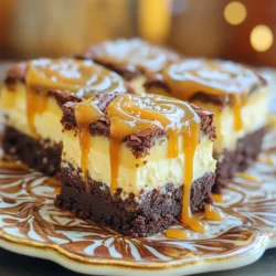 - 1 cup unsalted butter - 1 cup granulated sugar - 1 cup brown sugar - 4 large eggs - 8 oz cream cheese - 1/2 cup granulated sugar - 1 large egg - 1/2 cup caramel sauce To make these caramel swirl cheesecake brownies, gather these key ingredients. Using unsalted butter gives you control over the salt. The mix of granulated and brown sugar makes the brownies rich and sweet. Eggs help bind everything and add moisture. For the cheesecake layer, you need cream cheese. It gives that smooth, creamy texture. Adding sugar and another egg helps it blend well and adds sweetness. Finally, don’t forget the caramel sauce. It’s what makes the swirl! You can use store-bought for ease or make your own for a fun twist. These ingredients come together to create a treat that looks great and tastes amazing. - Preheat your oven to 350°F (175°C). - Grease a 9x13 inch baking pan or line it with parchment paper. - In a large bowl, combine 1 cup melted unsalted butter, 1 cup granulated sugar, and 1 cup packed brown sugar. - Mix until well combined. - Beat in 4 large eggs, one at a time. - Add 1 teaspoon of vanilla extract and mix again. - In a separate bowl, whisk together 1 cup all-purpose flour, 1/2 cup cocoa powder, 1/2 teaspoon baking powder, and 1/4 teaspoon salt. - Gradually fold this dry mix into the wet ingredients until just combined. - In another bowl, beat 8 oz softened cream cheese until smooth. - Add 1/2 cup granulated sugar, 1 large egg, and 1 teaspoon of vanilla extract. - Mix until creamy and well blended. - Pour half of the brownie batter into the prepared pan and spread it evenly. - Spoon dollops of the cheesecake mixture over the brownie layer. - Use a spatula to spread the cheesecake gently. - Drizzle 1/2 cup caramel sauce over the cheesecake layer. - With a knife or skewer, swirl the caramel into the cheesecake for a marbled look. - Pour the remaining brownie batter on top and smooth it out with a spatula. - Set your timer for 30-35 minutes. - Check for doneness by inserting a toothpick in the middle. It should come out with a few moist crumbs, not wet batter. - Avoiding overmixing: Mix the brownie batter just until the dry ingredients blend in. This keeps your brownies soft and chewy. If you mix too much, they can turn out tough. - Checking baking time: Start checking your brownies at 30 minutes. Insert a toothpick in the center. It should come out with a few moist crumbs, not wet batter. This shows they are just right. - Techniques for swirling caramel: After drizzling the caramel, use a knife or skewer to gently swirl it through the cheesecake layer. Don’t overdo it; a little swirl creates a beautiful marbled effect. - Tips for cheesecake consistency: Make sure your cream cheese is soft. Blend it well with sugar and egg until smooth. This ensures a creamy cheesecake layer that pairs well with the brownies. - How to present brownies: Cut the brownies into squares and place them on a decorative platter. Drizzle extra caramel sauce on top for a lovely touch. A sprinkle of sea salt adds contrast and enhances the flavors. - Pairing with ice cream or coffee: These brownies taste great with vanilla ice cream or a cup of coffee. The rich chocolate and caramel flavors blend well with creamy or bitter notes. {{image_2}} You can make these brownies even better! Here are a few simple ideas: - Adding Nuts or Chocolate Chips: Chop up some walnuts or pecans. Mix them into the brownie batter before baking. You can also add chocolate chips for extra sweetness. - Using Flavored Caramel or Sauces: Try different caramel flavors like sea salt or butterscotch. You can even use chocolate sauce instead of caramel for a twist. Want to make these brownies gluten-free? No problem! Substitute all-purpose flour with almond flour or coconut flour. Just remember to adjust the amount. You might need less of these flours. If you want a vegan version, you can easily swap out some ingredients: - Egg Alternatives: Use flaxseed meal or chia seeds mixed with water. This works well as a binding agent. - Cream Cheese Substitutes: Try using blended silken tofu or cashew cream. These options give a creamy texture without dairy. These variations let you customize your brownies for any taste or diet! To keep your brownies fresh, store them in an airtight container. This helps prevent them from drying out. Place a piece of parchment paper between layers to avoid sticking. You can refrigerate them for up to one week. You can freeze brownies to enjoy later. First, let them cool completely. Then, wrap them tightly in plastic wrap. Place the wrapped brownies in a freezer-safe bag or container. They can last up to three months in the freezer. When ready to eat, thaw them in the fridge overnight. Brownies stay fresh for about one week in the fridge. If they start to dry out or develop a strange smell, they are no longer good to eat. Check for mold or changes in color. If you see any, it's best to discard them. Yes, you can use homemade caramel sauce. To make it, heat 1 cup of granulated sugar in a saucepan. Stir it gently as it melts. Once it turns a golden color, remove it from heat. Add 1/2 cup of heavy cream slowly and mix. Be careful, as it will bubble. Let it cool before using it in your brownies. If you don’t have cream cheese, you can use Greek yogurt or ricotta cheese. Both will give a creamy texture. Use the same amount, about 8 oz. Mix it with sugar and an egg, just like in the recipe. This will still create a tasty cheesecake layer. To check if the brownies are done, look for a few important cues. The edges should be firm, but the center may look soft. Insert a toothpick into the center. If it comes out with a few moist crumbs, they are ready. If it has wet batter on it, bake for a few more minutes. In this blog post, we explored how to make delicious brownie cheesecake with caramel swirl. We covered key ingredients like butter, sugar, cream cheese, and caramel sauce. You learned step-by-step instructions, tips for perfect texture, and serving ideas. Remember, the right mix and bake time makes a big difference. Feel free to explore variations like adding nuts or making it gluten-free. Enjoy your sweet creation and share it with friends. You’ll impress everyone with these tasty brownies!