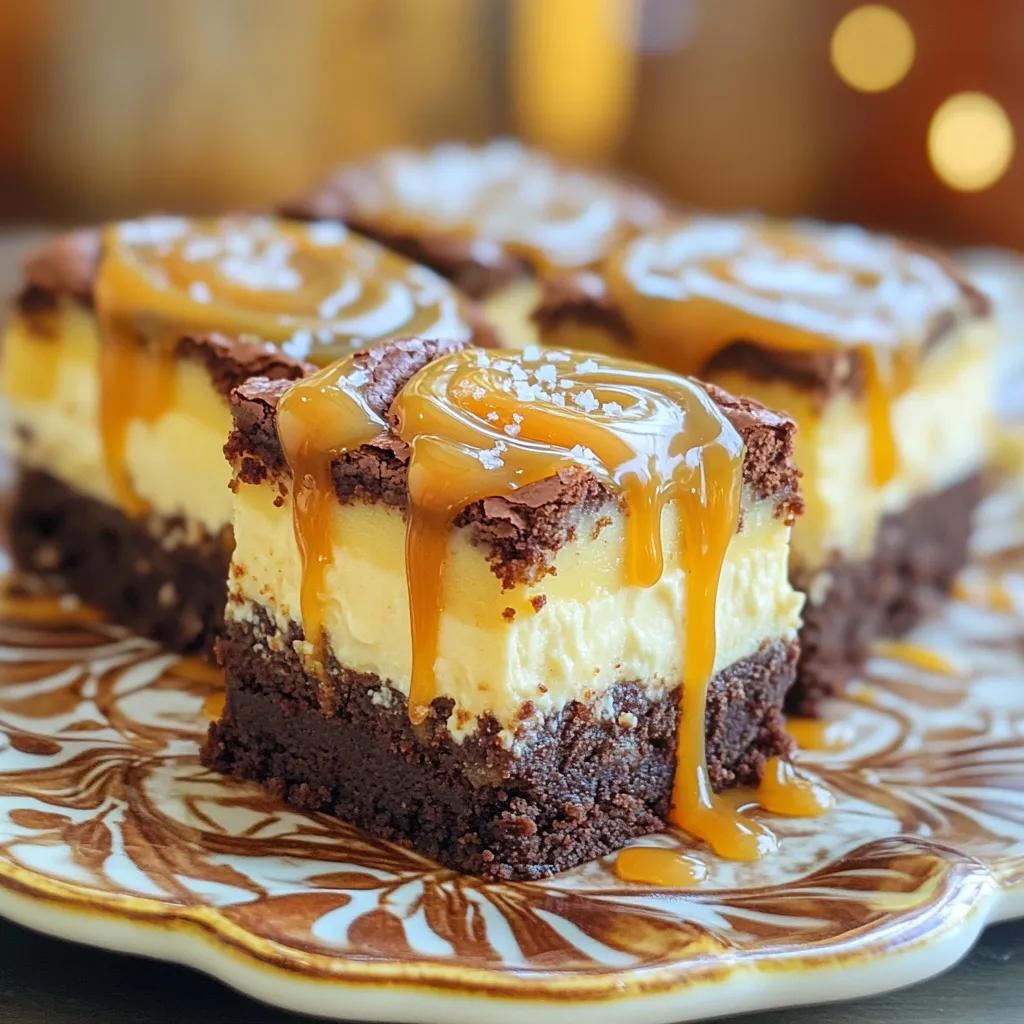 - 1 cup unsalted butter - 1 cup granulated sugar - 1 cup brown sugar - 4 large eggs - 8 oz cream cheese - 1/2 cup granulated sugar - 1 large egg - 1/2 cup caramel sauce To make these caramel swirl cheesecake brownies, gather these key ingredients. Using unsalted butter gives you control over the salt. The mix of granulated and brown sugar makes the brownies rich and sweet. Eggs help bind everything and add moisture. For the cheesecake layer, you need cream cheese. It gives that smooth, creamy texture. Adding sugar and another egg helps it blend well and adds sweetness. Finally, don’t forget the caramel sauce. It’s what makes the swirl! You can use store-bought for ease or make your own for a fun twist. These ingredients come together to create a treat that looks great and tastes amazing. - Preheat your oven to 350°F (175°C). - Grease a 9x13 inch baking pan or line it with parchment paper. - In a large bowl, combine 1 cup melted unsalted butter, 1 cup granulated sugar, and 1 cup packed brown sugar. - Mix until well combined. - Beat in 4 large eggs, one at a time. - Add 1 teaspoon of vanilla extract and mix again. - In a separate bowl, whisk together 1 cup all-purpose flour, 1/2 cup cocoa powder, 1/2 teaspoon baking powder, and 1/4 teaspoon salt. - Gradually fold this dry mix into the wet ingredients until just combined. - In another bowl, beat 8 oz softened cream cheese until smooth. - Add 1/2 cup granulated sugar, 1 large egg, and 1 teaspoon of vanilla extract. - Mix until creamy and well blended. - Pour half of the brownie batter into the prepared pan and spread it evenly. - Spoon dollops of the cheesecake mixture over the brownie layer. - Use a spatula to spread the cheesecake gently. - Drizzle 1/2 cup caramel sauce over the cheesecake layer. - With a knife or skewer, swirl the caramel into the cheesecake for a marbled look. - Pour the remaining brownie batter on top and smooth it out with a spatula. - Set your timer for 30-35 minutes. - Check for doneness by inserting a toothpick in the middle. It should come out with a few moist crumbs, not wet batter. - Avoiding overmixing: Mix the brownie batter just until the dry ingredients blend in. This keeps your brownies soft and chewy. If you mix too much, they can turn out tough. - Checking baking time: Start checking your brownies at 30 minutes. Insert a toothpick in the center. It should come out with a few moist crumbs, not wet batter. This shows they are just right. - Techniques for swirling caramel: After drizzling the caramel, use a knife or skewer to gently swirl it through the cheesecake layer. Don’t overdo it; a little swirl creates a beautiful marbled effect. - Tips for cheesecake consistency: Make sure your cream cheese is soft. Blend it well with sugar and egg until smooth. This ensures a creamy cheesecake layer that pairs well with the brownies. - How to present brownies: Cut the brownies into squares and place them on a decorative platter. Drizzle extra caramel sauce on top for a lovely touch. A sprinkle of sea salt adds contrast and enhances the flavors. - Pairing with ice cream or coffee: These brownies taste great with vanilla ice cream or a cup of coffee. The rich chocolate and caramel flavors blend well with creamy or bitter notes. {{image_2}} You can make these brownies even better! Here are a few simple ideas: - Adding Nuts or Chocolate Chips: Chop up some walnuts or pecans. Mix them into the brownie batter before baking. You can also add chocolate chips for extra sweetness. - Using Flavored Caramel or Sauces: Try different caramel flavors like sea salt or butterscotch. You can even use chocolate sauce instead of caramel for a twist. Want to make these brownies gluten-free? No problem! Substitute all-purpose flour with almond flour or coconut flour. Just remember to adjust the amount. You might need less of these flours. If you want a vegan version, you can easily swap out some ingredients: - Egg Alternatives: Use flaxseed meal or chia seeds mixed with water. This works well as a binding agent. - Cream Cheese Substitutes: Try using blended silken tofu or cashew cream. These options give a creamy texture without dairy. These variations let you customize your brownies for any taste or diet! To keep your brownies fresh, store them in an airtight container. This helps prevent them from drying out. Place a piece of parchment paper between layers to avoid sticking. You can refrigerate them for up to one week. You can freeze brownies to enjoy later. First, let them cool completely. Then, wrap them tightly in plastic wrap. Place the wrapped brownies in a freezer-safe bag or container. They can last up to three months in the freezer. When ready to eat, thaw them in the fridge overnight. Brownies stay fresh for about one week in the fridge. If they start to dry out or develop a strange smell, they are no longer good to eat. Check for mold or changes in color. If you see any, it's best to discard them. Yes, you can use homemade caramel sauce. To make it, heat 1 cup of granulated sugar in a saucepan. Stir it gently as it melts. Once it turns a golden color, remove it from heat. Add 1/2 cup of heavy cream slowly and mix. Be careful, as it will bubble. Let it cool before using it in your brownies. If you don’t have cream cheese, you can use Greek yogurt or ricotta cheese. Both will give a creamy texture. Use the same amount, about 8 oz. Mix it with sugar and an egg, just like in the recipe. This will still create a tasty cheesecake layer. To check if the brownies are done, look for a few important cues. The edges should be firm, but the center may look soft. Insert a toothpick into the center. If it comes out with a few moist crumbs, they are ready. If it has wet batter on it, bake for a few more minutes. In this blog post, we explored how to make delicious brownie cheesecake with caramel swirl. We covered key ingredients like butter, sugar, cream cheese, and caramel sauce. You learned step-by-step instructions, tips for perfect texture, and serving ideas. Remember, the right mix and bake time makes a big difference. Feel free to explore variations like adding nuts or making it gluten-free. Enjoy your sweet creation and share it with friends. You’ll impress everyone with these tasty brownies!