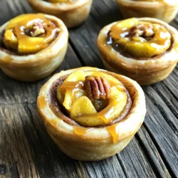 To make these tasty cups, you need: - 1 can (8 oz) refrigerated cinnamon roll dough - 1 medium apple, peeled, cored, and chopped - 1/4 cup brown sugar - 1 teaspoon ground cinnamon - 1 tablespoon butter, melted - 1/4 cup caramel sauce - 1/2 teaspoon vanilla extract - Pinch of salt These ingredients create a warm, sweet treat that everyone loves. The cinnamon roll dough forms the base, while the apple mixture adds flavor and texture. A drizzle of caramel sauce makes it even better. You can enhance your cups with some optional items: - 1/2 cup chopped pecans - A sprinkle of sea salt for added flavor Pecans give a nice crunch to the sweet softness of the apple filling. If you love textures, add them in! If you don’t have some ingredients, here are easy swaps: - Use any apple variety you like, such as Granny Smith or Fuji. - Swap brown sugar for white sugar if needed. - Instead of butter, you can use coconut oil for a dairy-free option. These substitutions keep your recipe flexible. You can still enjoy the deliciousness of these cups with what you have on hand. Start by preheating your oven to 350°F (175°C). This step is key for even baking. While the oven warms up, take a muffin tin and lightly grease it. You can use cooking spray or butter to make sure they don't stick. Open your can of cinnamon roll dough. Carefully separate each roll. Use your fingers to flatten each roll into a small disk. Now, press each disk into the bottom and up the sides of a muffin cup. You want to form a little cup that will hold the filling. In a mixing bowl, combine the chopped apple, brown sugar, ground cinnamon, melted butter, vanilla extract, and a pinch of salt. Mix everything well until the apples are fully coated in the sweet mixture. This will add great flavor to your cups. Now it’s time to fill the cups! Spoon the apple mixture into each cinnamon roll cup, pressing gently to pack it in. Drizzle caramel sauce over the top of the apple filling in each cup. If you like, sprinkle chopped pecans on top for some crunch. Bake them in the oven for 15-20 minutes, until golden brown. Let them cool for about 5 minutes before removing. Drizzle more caramel sauce on top before serving for that extra sweetness. Enjoy! To make sure your caramel apple cinnamon roll cups bake evenly, use a light hand. Press the dough into the muffin tin gently, so the cups hold their shape. Bake them at 350°F for 15-20 minutes. Check for a golden color on top. If they look too brown, take them out! Remember, the centers should feel firm but soft. Choose a sweet apple for the best taste, like Honeycrisp or Fuji. Peel and chop them into small pieces. This helps them cook well and mix with the sugar and cinnamon. Toss the apples with brown sugar and cinnamon for extra flavor. Let them sit for a few minutes to soak up the spices. This makes each bite juicy and tasty! For a perfect drizzle, warm the caramel sauce slightly. This makes it easier to pour. Use a spoon or squeeze bottle for control. Start from the center and spiral outwards for a lovely look. If you want extra caramel goodness, drizzle more on top right before serving. This will make your cups even more inviting! {{image_2}} You can switch up the filling in these cups for fun. Try using pears instead of apples. They add a soft, sweet taste. You can also use mixed berries like blueberries or raspberries. They give a nice tartness. If you like citrus, chop some oranges or mix in some lemon zest. Each fruit brings its own flavor twist to the cup. If you need gluten-free options, look for gluten-free cinnamon roll dough. Many brands offer this choice now. For dairy-free needs, use a plant-based butter. There are great dairy-free caramel sauces too. Check labels to be sure they fit your needs. These swaps keep the recipe tasty for everyone. Toppings can really make these cups shine! Try adding whipped cream on top for a creamy touch. A sprinkle of sea salt gives a nice contrast to the sweet caramel. You can also use chocolate drizzle. It pairs well with the apple and caramel. For a crunchy bite, add crushed graham crackers or oats. These options let you personalize each batch to your taste. Once your Caramel Apple Cinnamon Roll Cups cool, you can store them for later. Place them in an airtight container. They stay fresh for about 2-3 days in the fridge. If you want to keep them longer, consider freezing. To reheat, you can use the microwave or the oven. For the microwave, place a cup on a plate. Heat it for about 15-20 seconds. This warms it without making it soggy. If you prefer the oven, set it to 350°F (175°C). Bake for about 5-10 minutes. This keeps the texture nice and crisp. Freezing is a great option if you have extra cups. Wrap each cup tightly in plastic wrap. Then, place them in a freezer-safe bag or container. They can last up to 2 months in the freezer. When you're ready to enjoy, thaw them in the fridge overnight. Reheat them as mentioned before for the best taste. Yes, you can use homemade cinnamon roll dough. Fresh dough adds a special touch. Just make sure it’s rolled out to similar size as store-bought dough. This will help form the cups easily. You can prepare the apple filling in advance. Store it in the fridge until you’re ready to bake. You can also form the cups and keep them in the fridge. Just bake them when you want to enjoy them. You can try whipped cream or chocolate sauce. Fresh berries or nuts can also work well. Use your favorite toppings to make it your own. These cups are great for both! They have sweet flavors and a fun shape. Enjoy them for breakfast, brunch, or dessert. They fit any occasion. Look for a golden brown color on the cinnamon roll cups. You can also insert a toothpick. If it comes out clean, they are ready. Allow them to cool slightly before serving. These caramel apple cinnamon roll cups are fun and easy to make. We explored the key ingredients, step-by-step instructions, and helpful tips. You can customize them with different fruits and toppings, making them your own. Storing leftovers and reheating them keeps their taste fresh. Whether for breakfast or dessert, these cups are a hit. Enjoy your cooking adventure and relish every bite!