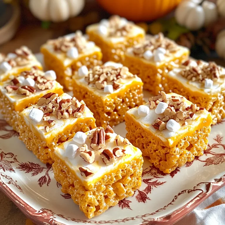- 6 cups Rice Krispies cereal - 1 cup mini marshmallows - 1/2 cup pumpkin puree - 1/4 cup unsalted butter - 1 teaspoon pumpkin pie spice - 1/2 teaspoon vanilla extract - A pinch of salt - Optional toppings: 1/2 cup white chocolate chips, 1/4 cup chopped pecans The main ingredients for Pumpkin Spice Rice Krispie Treats are simple yet full of flavor. Rice Krispies cereal gives the treats their classic crunch. Mini marshmallows add sweetness and help bind everything together. Pumpkin puree brings a rich and creamy texture, making each bite taste like fall. For the additional ingredients, unsalted butter is key for that smooth melt. Pumpkin pie spice adds warmth with its blend of cinnamon, nutmeg, and ginger. A hint of vanilla enhances the flavor, while a pinch of salt balances the sweetness. If you want to get fancy, you can top your treats with white chocolate chips and chopped pecans for an extra crunch and sweetness. This mix of ingredients creates a cozy treat perfect for any fall gathering. You will love how easy it is to make and how delightful it tastes! Start by melting the butter in a large saucepan over medium heat. Keep an eye on it, so it does not burn. Once the butter is melted, add in the pumpkin puree. Then, pour in the vanilla extract and sprinkle the pumpkin pie spice. Stir well until everything is mixed and bubbly. Next, add the mini marshmallows to the pan. Stir continuously until they melt completely. This should take just a few minutes. The mixture will become smooth and sticky. Remove the saucepan from heat. Add a pinch of salt to the mixture for flavor. Now, slowly fold in the Rice Krispies cereal. Make sure each piece is coated well with the marshmallow mix. If you want to add white chocolate chips, do it now, and gently fold them in too. Transfer the mixture to a greased 9x13 inch baking pan. Press it down evenly using a spatula or your hands. You can lightly butter your hands to keep it from sticking. If you like, sprinkle chopped pecans on top while the mixture is still warm. Press them in gently for decoration. Let the treats cool at room temperature for at least 30 minutes before slicing them into squares or rectangles. To get the best texture, use lightly buttered hands for pressing. This helps keep the mixture from sticking to your fingers. Press down firmly but gently to make sure the treats hold together. Allow adequate cooling time before slicing. If you cut them too soon, they may fall apart. You can boost the flavor by adding a pinch of cinnamon or nutmeg. These spices complement the pumpkin spice nicely. For added sweetness, drizzle melted chocolate on top. This makes your treats even more special and adds a nice touch of richness. Get creative with how you present your treats. Arrange them on a festive platter. Scatter a few mini marshmallows or chopped pecans around for decoration. You can also pair these treats with other fall desserts, like apple pie or pumpkin muffins. Enjoy the season with flavors that everyone loves! {{image_2}} You can make your treats extra special by adding chocolate. Start with chocolate-flavored Rice Krispies. This boosts the taste and adds a fun twist. If you want more chocolate flavor, mix in cocoa powder with the melted marshmallows. This gives you a rich and creamy texture. The chocolate pairs well with the pumpkin spice. If you have nut allergies, you can still enjoy these treats. Instead of pecans, use seeds like sunflower or pumpkin seeds. This keeps the crunch without the nuts. You might want to adjust the flavors a bit. A dash of cinnamon can enhance the taste without using nuts. You can make these treats vegan by swapping out the butter. Use coconut oil instead for a rich flavor. For the marshmallows, look for dairy-free options. Many brands now offer vegan marshmallows that melt just as well. This way, everyone can enjoy the fall delight of pumpkin spice treats! To keep your Pumpkin Spice Rice Krispie Treats fresh, store them in an airtight container. This helps keep them soft and chewy. Place the container in a cool, dry spot. Avoid places that get warm, like near the stove or in direct sunlight. These treats stay fresh for about a week at room temperature. If you want to save some for later, you can freeze them. Wrap each treat in plastic wrap, then place them in a freezer bag. They can last up to three months in the freezer. When you’re ready to eat, let them thaw at room temperature for a few hours. Enjoy them soft and tasty! Yes, you can use other cereals! Options include: - Cornflakes - Cheerios - Golden Grahams These cereals will change the taste and texture. Each will add a fun twist to your treats. If you don’t have pumpkin puree, try applesauce or mashed banana. These will give a sweet flavor. You can also use sweet potato puree for a yummy option. Absolutely! You can prepare them a day ahead. Store them in an airtight container. Keep them at room temperature to maintain their softness. To keep your treats soft, follow these tips: - Don’t overcook the marshmallows. - Use fresh marshmallows. - Store in an airtight container. These steps will help keep your treats chewy and delicious! This blog post covered how to make Pumpkin Spice Rice Krispie Treats. We looked at main ingredients, mixing steps, and tips for perfecting texture. I shared easy variations for chocolate lovers and those needing nut-free or vegan options. Remember, cooling properly keeps your treats soft and tasty. Enjoy these fun snacks this fall, whether for a party or a cozy night in. Your kitchen will smell great, and your friends will love them!