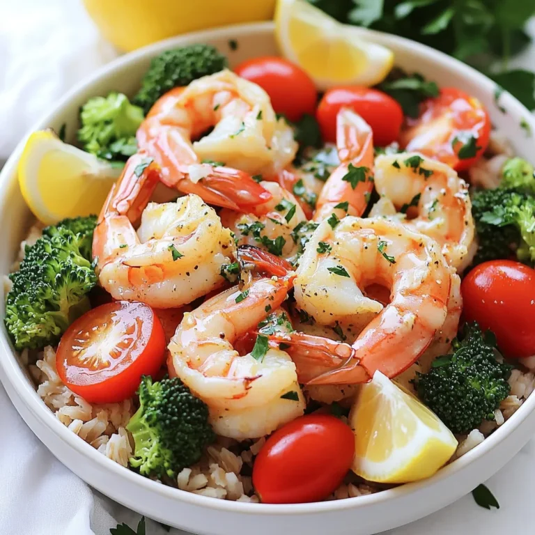 - 1 lb large shrimp, peeled and deveined - 4 tablespoons unsalted butter - 4 cloves garlic, minced - 1 cup cherry tomatoes, halved - 1 bell pepper, sliced (any color) - 1 cup broccoli florets - 1 teaspoon paprika - 1 teaspoon lemon zest - Salt and pepper to taste - 2 cups cooked brown rice or quinoa - Fresh parsley, chopped (for garnish) - Lemon wedges (for serving) Using fresh ingredients makes a big difference in flavor. Start with large shrimp. They soak up the garlic butter well. The butter gives a rich taste, while the garlic adds a strong kick. Fresh garlic is best, so mince it right before use. Cherry tomatoes bring sweetness. Halve them for easy mixing. Bell peppers add crunch and color. Use any color you like for a pop! Broccoli florets add a nice bite. They balance the dish with healthy greens. Seasoning is key. Paprika adds warmth, and lemon zest brightens the dish. Adjust salt and pepper to your taste. For serving, I recommend brown rice or quinoa. Both are hearty and absorb the garlic butter. Fresh parsley adds a fresh note as a garnish. Don't forget lemon wedges! They are perfect for squeezing over the dish at the table. Gather all these ingredients, and you're ready to create a delicious meal! To start, I preheat my oven to 400°F (200°C). This heat is perfect for cooking shrimp. I also line a sheet pan with parchment paper. This makes cleanup easy and keeps the shrimp from sticking. Next, I melt 4 tablespoons of unsalted butter in a small saucepan over low heat. Once the butter melts, I add 4 minced garlic cloves, 1 teaspoon of paprika, and 1 teaspoon of lemon zest. I stir this mixture well and let it simmer for about 2-3 minutes. It will smell amazing! In a large bowl, I mix 1 pound of large shrimp, 1 cup of halved cherry tomatoes, 1 sliced bell pepper, and 1 cup of broccoli florets. Then, I pour my garlic butter mixture over the shrimp and veggies. I toss everything together until it is well-coated. After that, I spread the shrimp and vegetable mix evenly on the prepared sheet pan. This step ensures that everything cooks evenly. Now, I bake the pan in the preheated oven for about 10-12 minutes. I watch for the shrimp to turn pink and cooked through, while the veggies should become tender. While the shrimp cooks, I prepare 2 cups of brown rice or quinoa according to the package directions. This grain will serve as a hearty base for the dish. Once the shrimp and veggies are done, I take the sheet pan out of the oven. I let it cool slightly before serving. To make the garlic butter shine, you can adjust the seasoning. If you love more heat, add a pinch of cayenne. Enjoying a tangy flavor? A splash of lemon juice can brighten the dish. If you want a healthier option, try using olive oil instead of butter. It still tastes great and gives a nice flavor. To tell when shrimp are fully cooked, look for their color. They should turn a bright pink and curl slightly. If they look gray or feel mushy, they need more time. Avoid overcooking shrimp by keeping an eye on them. Set a timer for about 10 minutes, and check often. They cook fast! For a lovely presentation, serve the shrimp and veggies in a colorful bowl. Sprinkle fresh parsley on top to add a pop of green. You can pair your dish with a refreshing drink like lemonade or iced tea. Rice or quinoa on the bottom makes the meal hearty and satisfying. {{image_2}} You can change the veggies in this dish to suit your taste. Try using: - Zucchini, chopped - Asparagus, cut into pieces - Snap peas, for a sweet crunch You can also swap the shrimp for other proteins. Chicken or tofu works great. Just adjust the cooking time. Chicken should be cooked to 165°F (75°C). Tofu needs about the same time as shrimp. Spice up your garlic butter shrimp bowls by adding more flavor. Consider using: - Cayenne for heat - Lemon pepper for a zesty twist Another idea is to marinate the shrimp. You can use lemon juice, garlic, and a bit of olive oil. Let it sit for 15-30 minutes for a flavor boost. You can serve this dish in fun ways. Try turning it into a salad. Just mix the shrimp and veggies with fresh greens. You can also use wraps or tacos. Fill tortillas with the shrimp and veggies. Add some salsa or avocado for extra flavor. Enjoy the meal in a new way! To keep your garlic butter shrimp bowls fresh, store leftovers right away. Place them in an airtight container. Use glass or plastic containers that seal well. This helps keep the shrimp and veggies tasty. If you want to freeze, let them cool first. Then, use freezer-safe bags or containers. Remove as much air as you can. Label the bags with the date for easy tracking. When you are ready to enjoy leftovers, use the oven or stovetop. Preheat your oven to 350°F (175°C). Place the shrimp and veggies in a baking dish. Cover with foil to keep them moist. Heat for about 10 minutes or until warm. If using a stovetop, warm them in a skillet over low heat. Add a splash of water or broth to prevent drying out. Stir gently to keep flavors intact. You can safely store garlic butter shrimp bowls in the fridge for 3 days. If frozen, they last about 2 months. Always check for signs of spoilage before eating. If the shrimp looks dull or has an off smell, it’s best to toss it. Discard any dish with a slimy texture or visible mold. Keeping these tips in mind ensures you enjoy this delightful meal at its best! To check if shrimp are done, look for a few signs: - Shrimp should turn pink. - They should curl into a "C" shape. - The flesh should be opaque, not translucent. These tips help you avoid undercooking or overcooking shrimp. Cooking shrimp takes only 10-12 minutes in the oven. Keep an eye on them. If you overcook shrimp, they can turn rubbery. Yes, you can prep this dish early. Here are some best practices: - Prep the shrimp and veggies: Mix everything and store in the fridge for up to 2 days. - Cook the rice or quinoa: Make these grains ahead and store them in the fridge. - Reheat before serving: Warm the shrimp and veggies in the oven. This keeps them tasty. Making this dish ahead saves time during busy nights. To enhance your meal, try these sides: - Garlic bread: A crunchy addition to soak up extra butter. - Green salad: Fresh greens with a light vinaigrette balance the dish. - Coleslaw: A crunchy, tangy side adds texture. - Steamed vegetables: Broccoli or asparagus can add color and health. These sides complement the flavors of the shrimp bowls perfectly. Enjoy mixing and matching! Garlic butter shrimp bowls combine shrimp, tasty veggies, and rice or quinoa. You learned how to cook them perfectly, store leftovers, and explore fun variations. I hope you feel ready to create this dish at home. With its rich flavor and easy prep, this meal is sure to impress. Enjoy your cooking journey, and don’t forget to experiment with your favorite ingredients!