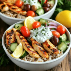 Gather all the ingredients before you start. This will make cooking easier and more fun. Here’s what you need: - 2 boneless, skinless chicken breasts - 2 tablespoons olive oil - 2 teaspoons dried oregano - 1 teaspoon garlic powder - 1 teaspoon onion powder - Salt and pepper to taste - 1 cup cooked brown rice or quinoa - 1 cup cherry tomatoes, halved - 1 cucumber, diced - 1 red onion, thinly sliced - 1/2 cup Kalamata olives, pitted and halved - 1 cup Tzatziki sauce (store-bought or homemade) - Fresh parsley, chopped, for garnish Using fresh ingredients makes a big difference in flavor. The chicken brings protein, while the veggies add crunch and color. Tzatziki sauce ties everything together with its cool and creamy taste. You can mix and match the ingredients based on what you like. For example, if you love bell peppers, add those too! Enjoy exploring flavors and textures as you cook. To start, gather your marinade ingredients. You need: - 2 tablespoons olive oil - 2 teaspoons dried oregano - 1 teaspoon garlic powder - 1 teaspoon onion powder - Salt and pepper to taste In a bowl, mix the olive oil, oregano, garlic powder, onion powder, salt, and pepper. This blend gives the chicken great flavor. Add the chicken breasts to the bowl and coat them well. Let the chicken marinate for at least 30 minutes. If you have time, marinate it for up to 2 hours. This extra time makes the chicken taste even better. Next, it’s time to grill the chicken. Preheat your grill or grill pan to medium-high heat. Once hot, place the marinated chicken on the grill. Grill each side for about 6-7 minutes. You want the chicken to reach a safe temperature of 165°F (75°C). After grilling, take the chicken off the heat and let it rest for 5 minutes. This resting period helps keep it juicy when you slice it. Now, let’s put everything together. Start with your base. In each bowl, layer 1/2 cup of cooked brown rice or quinoa. This will be the heart of your gyro bowl. Next, add the grilled chicken strips on top of the rice or quinoa. Then, add fresh veggies: - 1 cup cherry tomatoes, halved - 1 cucumber, diced - 1 red onion, thinly sliced - 1/2 cup Kalamata olives, pitted and halved Finally, drizzle a generous amount of Tzatziki sauce over the top. This creamy sauce adds a cool touch to the bowl. For a finishing touch, garnish each bowl with chopped fresh parsley. This adds color and flavor to your meal. Enjoy your Greek Chicken Gyro Bowls! - Optimal marinating time: Marinate the chicken for at least 30 minutes. For deeper flavor, 2 hours works well. - Enhancing flavor profiles: Add lemon juice or fresh herbs to the marinade. These ingredients boost flavor and freshness. - Achieving perfect grill marks: Preheat your grill or pan well. Place the chicken on the grill and do not move it for a few minutes. This helps the grill marks set. - Cooking tips for juiciness: Cook the chicken over medium-high heat. Use a meat thermometer to check for 165°F (75°C). Let it rest for 5 minutes after grilling. - Serving suggestions with garnishes: Use colorful bowls for serving. Add lemon wedges on the side for an extra kick. - Colors and textures to include: Choose vibrant veggies like red onion and cherry tomatoes. Their colors will make your dish pop. {{image_2}} You can switch up the protein in your Greek chicken gyro bowls. Beef or lamb adds a rich flavor. Grilling marinated beef strips or lamb chops can be a tasty twist. If you prefer seafood, grilled shrimp works great. Simply season them with olive oil, lemon juice, and herbs. Tofu is a good choice for a vegetarian option. Marinate it like the chicken for added taste. The base of your bowl can change the whole dish. You can swap quinoa for couscous. Couscous cooks quickly and absorbs flavors well. It provides a nice texture, making your meal even more enjoyable. Another healthy option is cauliflower rice. This low-carb choice adds a fresh taste and pairs well with all the toppings. You have options when it comes to tzatziki sauce. Store-bought is easy but homemade is often better. Making your own lets you control the flavor. You can also add tasty extras like dill, mint, or garlic. These ingredients can make your sauce pop with freshness. Don’t be afraid to get creative! To keep your Greek chicken gyro bowls fresh, refrigerate leftovers right away. Use airtight containers to prevent any strong smells from getting in. Store bowls with Tzatziki sauce separately to keep everything crisp. Aim to eat leftovers within three days for the best taste. Can you freeze chicken gyro bowls? Yes, you can! Freeze the chicken and veggies together, but store Tzatziki sauce separately. This helps maintain the flavor and texture. To thaw, move the container to the fridge overnight. For reheating, warm the chicken and veggies in a skillet over medium heat. You can also microwave them for about two minutes, stirring halfway. How long will it last in the fridge? Greek chicken gyro bowls stay fresh for about three days. After three days, they might not taste as good. Watch for signs of spoilage like a sour smell or change in color. If you notice either, it's best to toss the bowl. If you don’t have Tzatziki sauce, you can use plain yogurt. Mix yogurt with diced cucumber, lemon juice, and a pinch of salt. You can also try hummus for a creamy option. Both choices work well with the flavors in the gyro bowl. Yes, you can prepare parts of this recipe ahead of time. Cook the chicken, rice, and chop the veggies. Store them separately in the fridge. Assemble the bowls when you are ready to eat. This makes for a quick meal. The best vegetables for gyro bowls include cherry tomatoes, cucumbers, and red onions. You can also add bell peppers or spinach for extra crunch and color. Feel free to mix and match your favorites. Yes, this recipe is gluten-free if you use brown rice or quinoa. Both grains are naturally gluten-free. Just be sure that the Tzatziki sauce is also gluten-free if you use store-bought. Always check the label to be safe. This blog post covered a tasty chicken gyro bowl. We explored the perfect ingredients, marinating tips, and grilling techniques. You learned how to assemble a vibrant, healthy meal with various options. You can swap proteins and grains for your taste. Feel free to store leftovers or freeze extras for later. Get creative and have fun with it! Now, it's time to try making these delicious bowls at home. Enjoy each bite, and let your kitchen shine!