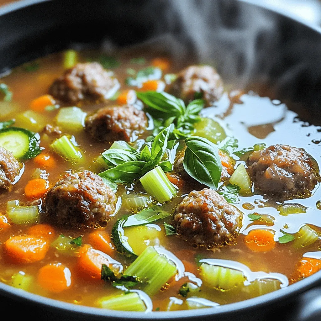 To make Italian Meatball Soup, you need: - 1 pound ground beef - 1/2 pound ground pork - 1/2 cup breadcrumbs - 1/4 cup grated Parmesan cheese - 1 large egg - 2 cloves garlic, minced - 1 teaspoon dried oregano - 1 teaspoon dried basil - 1 teaspoon salt - 1/2 teaspoon black pepper - 4 cups beef broth - 1 can (14 oz) diced tomatoes - 1 cup carrots, diced - 1 cup celery, diced - 1 cup zucchini, diced - 1 cup spinach or kale, chopped - Fresh basil for garnish These ingredients combine to create a rich and hearty soup. The mix of ground beef and pork gives the meatballs great flavor. The vegetables add color and nutrition. You can add some optional ingredients to boost the flavor: - Red pepper flakes for a spicy kick - Fresh parsley for a bright touch - A splash of red wine for depth - Lemon zest for a fresh note These extras can make your soup unique and cater to your taste. Don’t be afraid to experiment with what you have! You will need a few tools to make this soup: - Large mixing bowl for the meat mixture - Baking sheet for meatballs - Large pot for cooking the soup - Wooden spoon or spatula for stirring - Ladle for serving Having the right tools makes the process much easier. Gather everything before you start cooking, and you’ll find it more fun! Start by gathering your ingredients. You will need ground beef, ground pork, breadcrumbs, Parmesan cheese, an egg, minced garlic, oregano, basil, salt, and black pepper. In a large bowl, mix these items well. I like to use my hands for this step. It helps blend everything evenly. You want a consistent texture for the meatballs. Once mixed, roll the mixture into small balls, about one inch wide. Place them on a plate and set them aside. Heat a splash of olive oil in a large pot over medium heat. Once the oil is hot, add the meatballs in batches. Don’t crowd the pot! Cook each batch for about five to seven minutes. You want them browned on all sides. After cooking, remove the meatballs and set them aside. This step builds flavor in your soup. In the same pot, add diced carrots, celery, and zucchini. Sauté these vegetables for about five to seven minutes. You want them to soften but not turn mushy. Next, pour in the beef broth and add the can of diced tomatoes, including their juices. Bring this to a simmer. Once simmering, return the browned meatballs to the pot. Cover it and let it cook for about twenty minutes. Finally, add chopped spinach or kale and cook for another five minutes. This adds freshness and color to your soup. Taste and adjust the seasonings if needed. Your hearty Italian meatball soup is now ready to serve! To make great meatballs, use a mix of ground beef and pork. The pork adds flavor and moisture. Combine the meats with breadcrumbs and grated Parmesan cheese. This mix helps the meatballs stay juicy. Use one large egg to bind everything together. Don't forget garlic, oregano, and basil for extra taste. Roll the meatballs to about one inch wide. This size helps them cook evenly. Brown them in a pot with olive oil. This step gives them a nice crust and boosts the flavor. To make your soup more flavorful, start with good beef broth. The broth is the base of the soup. Add diced tomatoes with their juices for a rich taste. Use fresh veggies like carrots, celery, and zucchini. These add sweetness and color. After the meatballs cook, let them simmer in the broth. This allows their juices to flavor the soup. Finally, toss in some chopped spinach or kale. This adds nutrition and a fresh taste. Season with salt and pepper to taste for the perfect finish. When serving, ladle the soup into bowls and add meatballs on top. Garnish with fresh basil for a pop of color. You can serve Italian bread on the side for dipping. For a fun twist, try adding a sprinkle of extra Parmesan cheese. This makes it look fancy and adds flavor. You can also serve the soup with a salad for a complete meal. Enjoying this soup warm is the best way to savor its flavors. {{image_2}} You can use different meats for meatballs. Ground turkey or chicken works well. They offer a lighter taste. If you want more flavor, you can mix in some sausage. This adds a nice spice and depth. Just remember to adjust your salt to taste. You can also use ground lamb for a unique twist. Each option gives your soup a new flavor. For a vegetarian version, skip the meat entirely. Use lentils or chickpeas instead of meat. They add protein and texture. Mix them with breadcrumbs, spices, and egg substitute for binding. You can also use tofu or tempeh. For a vegan soup, use vegetable broth and skip the cheese. This keeps the soup rich and tasty. You can boost nutrition by adding more veggies. Try bell peppers, green beans, or peas for color and taste. Just chop them small so they cook evenly. Grains like quinoa or barley can make the soup heartier. Add them during the simmering stage. This way, they soak up flavor and add bulk. Feel free to get creative with what you have! After enjoying your Italian meatball soup, store any leftovers. Use an airtight container. Let the soup cool first. Place in the fridge. It stays fresh for about three days. If you want to enjoy it later, freezing is best. When you’re ready to eat your soup again, heat it up. Use a pot on the stove for the best flavor. Pour the soup into the pot over medium heat. Stir often until it reaches the right temperature. If it’s too thick, add a splash of water or broth to thin it out. To freeze Italian meatball soup, pack it in freezer-safe bags or containers. Leave some space at the top for expansion. This soup can last up to three months in the freezer. When you want to eat it, thaw it overnight in the fridge. Then, reheat as mentioned above. Enjoy your delicious soup anytime! You can serve Italian Meatball Soup with many sides. A warm loaf of crusty bread is a great choice. Garlic bread adds a nice twist and is easy to make. A fresh green salad pairs well too. You can use mixed greens with a light vinaigrette. For a heartier meal, serve it with pasta on the side. Small pasta shapes like ditalini or orzo work best. These options complement the soup and add to the comfort. Yes, you can make Italian Meatball Soup in a slow cooker. Start by mixing the meatball ingredients as usual. Roll the mixture into meatballs and set them aside. In your slow cooker, add the diced veggies, broth, and tomatoes. Then, place the meatballs on top. Cook on low for 6-8 hours or on high for 3-4 hours. This method allows the flavors to deepen and meld together beautifully. To make meatballs more tender, use fresh bread instead of dried breadcrumbs. You can soak the breadcrumbs in milk before mixing them in. Adding an extra egg can also help. Be careful not to overmix the meat. Overworking the meat can make it tough. Lastly, cooking the meatballs gently in broth helps keep them moist. These tips will give you soft, tender meatballs every time. This article covered how to make Italian Meatball Soup from start to finish. We looked at the main and optional ingredients, the tools you'll need, and the step-by-step cooking process. I shared tips for perfect meatballs, ways to enhance flavor, and some great serving ideas. Plus, we explored variations for dietary needs and how to properly store leftovers. Making this soup is simple and fun. Enjoy every bowl with friends or family!