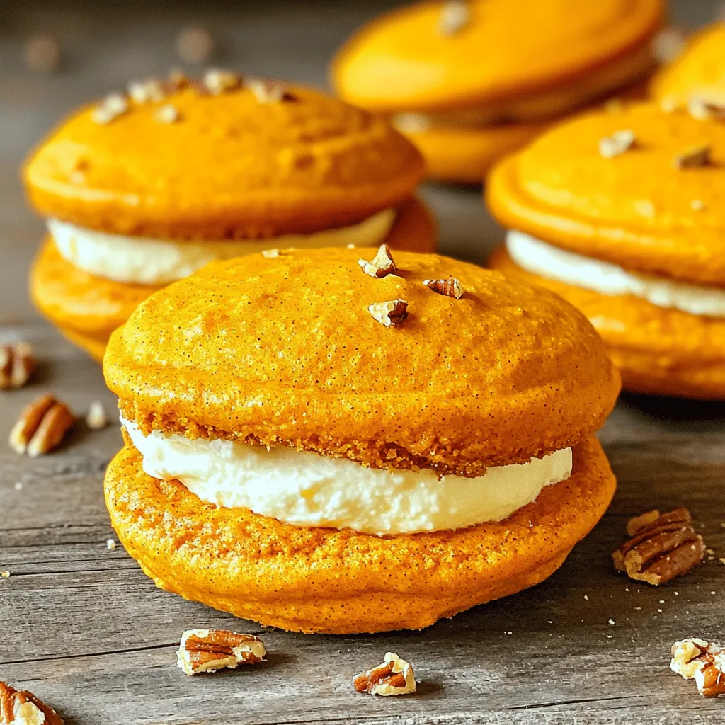 - 1 cup all-purpose flour - 1 cup pumpkin puree - 1/2 cup brown sugar - 1/2 cup granulated sugar - 1/2 cup vegetable oil - 2 large eggs - 1 teaspoon vanilla extract - 1 teaspoon baking powder - 1/2 teaspoon baking soda - 1 teaspoon cinnamon - 1/2 teaspoon nutmeg - 1/2 teaspoon ginger powder - 1/4 teaspoon salt - 8 oz cream cheese, softened - 1/4 cup powdered sugar - 1 teaspoon vanilla extract (for filling) - Optional: crushed pecans or walnuts for garnish Gathering these ingredients is the first step to making pumpkin spice cream cheese whoopie pies. Each item plays a key role in creating the right flavor and texture. Pumpkin puree gives these treats their delightful taste and moistness. The sugars add sweetness and help create a lovely texture. Vegetable oil keeps the cookies soft and tender. Eggs bind everything together and add richness. Vanilla extract enhances the flavor, making it more inviting. The baking powder and soda help the cookies rise, keeping them fluffy. Cinnamon, nutmeg, and ginger bring warmth to the dish. Salt balances the sweetness and enhances the overall taste. Cream cheese filling adds a creamy texture that pairs perfectly with the spicy cookies. You can also choose to add crushed pecans or walnuts for a little crunch. These ingredients make each bite a wonderful experience. - Preheat the oven to 350°F (175°C). - Line baking sheets with parchment paper. - Mix pumpkin puree, brown sugar, granulated sugar, and vegetable oil until smooth. - Incorporate eggs and vanilla extract. - Whisk together flour, baking powder, baking soda, spices, and salt. - Gradually mix dry ingredients into the wet mixture until just combined. - Scoop batter onto baking sheets and bake for 12-15 minutes. - Allow to cool on baking sheets, then transfer to wire rack. - Beat cream cheese, powdered sugar, and vanilla extract until fluffy. - Spread cream cheese filling between two cookies and optionally garnish. To bake perfect whoopie pies, start with room-temperature ingredients. This helps them mix better. Preheat your oven to 350°F (175°C). Line your baking sheets with parchment paper to prevent sticking. When mixing the wet ingredients, ensure the sugars dissolve fully. This creates a smooth batter. Avoid overmixing when adding the dry ingredients. Overmixing can make the pies tough instead of tender. Common mistakes include not spacing the batter properly. Leave about 2 inches between each scoop. This allows room for spreading. Another mistake is not checking for doneness. Insert a toothpick; it should come out clean. If you see batter on the toothpick, bake a bit longer. You can enhance the cream cheese filling easily. Consider adding a splash of maple syrup for a cozy twist. A pinch of cinnamon or nutmeg can boost the flavor too. For a chocolate touch, mix in cocoa powder. If you want a lighter filling, use Greek yogurt instead of cream cheese. It adds tang and cuts calories. For those with dietary restrictions, there are options. Use dairy-free cream cheese for a vegan version. For a lower-sugar option, replace powdered sugar with a sugar substitute. Just ensure it measures the same as sugar. To prepare components in advance, make the whoopie pie cookies a day ahead. Once they cool, store them in an airtight container. This keeps them fresh. You can make the cream cheese filling a day ahead too. Just store it in the fridge. For cooling, let the cookies sit on the baking sheet for a few minutes first. Then, transfer them to a wire rack to cool completely. This helps them firm up. When ready to assemble, spread the filling between the cooled cookies. Enjoy a delightful treat anytime! {{image_2}} For a gluten-free version, use a 1:1 gluten-free flour blend. This blend often works well in baking. It keeps the texture soft and the taste great. You may also want to add a bit of xanthan gum to help with structure. This helps bind the ingredients and gives a better rise. Try adding a touch more pumpkin puree to keep the cookies moist. If the batter seems too thick, a splash of milk can help. Be careful not to overmix. This can lead to tough cookies. You can mix in chocolate chips or caramel bits for a sweet surprise. This twist adds a rich flavor to each bite. For a different spice blend, try adding allspice or cloves. This gives the whoopie pies a fun seasonal flair. For a festive touch, consider using maple syrup instead of some sugar. It adds a nice depth of flavor that pairs well with pumpkin. You can even mix in some orange zest for brightness. To make mini whoopie pies, scoop smaller amounts of batter. Use about one tablespoon per cookie. This makes perfect bite-sized treats. Bake them for 10-12 minutes instead of the full time. Check them early to avoid overbaking. They should be soft and spring back when touched. Mini whoopie pies are great for parties or snack time. They are just the right size to enjoy without feeling too full. To keep your pumpkin spice cream cheese whoopie pies fresh, use airtight containers. Glass or plastic containers work well. Place a piece of wax paper between layers to avoid sticking. Store them in the fridge. This helps the filling stay creamy and the cookies soft. You can freeze your whoopie pies for later. First, let them cool completely. Wrap each pie in plastic wrap or foil. Then, place them in a freezer bag. To enjoy later, take them out and thaw in the fridge overnight. This keeps their taste and texture nice. At room temperature, whoopie pies last about 2 days. If you store them in the fridge, they can last up to a week. Check for signs of spoilage, like an off smell or a change in texture. If they feel hard or dry, it’s best to toss them. To prevent sticking, grease your baking pans lightly. You can also use parchment paper. This will help the pies slide right off. Make sure to let them cool on the pan for a few minutes before moving them. This helps them set. Yes, you can make whoopie pies ahead of time. Bake the cookies and let them cool. Store them in an airtight container at room temperature. You can fill them with cream cheese later. This keeps them fresh and soft. If you need a pumpkin substitute, try using applesauce or mashed bananas. These options add moisture and sweetness. You can also use sweet potato puree for a similar flavor. Each choice gives a unique taste to your whoopie pies. To fix dry whoopie pies, ensure you don’t overbake them. Check for doneness a minute early. If they are already dry, you can add a little cream cheese filling to them. This will add moisture and make them softer. This blog post shared a clear guide on making delicious pumpkin whoopie pies. You learned about the essential ingredients and easy steps to bake them. I also provided tips for perfecting the pies and creative variations. In the end, these whoopie pies are fun to make and enjoy. With storage tips and helpful FAQs, you can bake confidently. Keep experimenting with flavors and have fun with this treat. Happy baking!