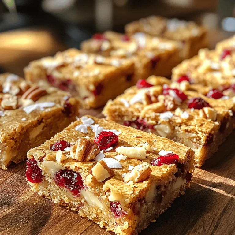To bake delicious Cranberry White Chocolate Blondies, you need the following main ingredients: - 1 cup unsalted butter, melted - 1 1/2 cups brown sugar, packed - 2 large eggs - 2 teaspoons vanilla extract - 2 cups all-purpose flour - 1 teaspoon baking powder - 1/2 teaspoon salt - 1 cup white chocolate chips - 1 cup dried cranberries For added flavor, consider these optional ingredients: - 1/2 cup chopped pecans - 1/4 cup sweetened shredded coconut These ingredients create a rich, sweet, and fruity treat. The butter adds moisture, while the brown sugar gives depth. Eggs help bind everything, and vanilla adds a lovely aroma. The flour provides structure, and baking powder gives a light texture. Salt balances the sweetness. White chocolate chips melt and offer creamy goodness, while cranberries give a tart contrast that brightens each bite. When you mix in the optional pecans, they add crunch. The coconut brings a hint of tropical flavor. You can customize your blondies based on your taste. Enjoy mixing these ingredients; they form the base of a delightful dessert! 1. Preheat and prepare baking pan: Start by preheating your oven to 350°F (175°C). Grease a 9x13 inch baking pan. Line it with parchment paper, leaving some hanging over the sides. This makes it easy to lift out the blondies later. 2. Mixing dry and wet ingredients: In a large bowl, pour in the melted butter. Add the packed brown sugar and mix until smooth. Then, add the eggs one at a time, stirring well after each. Add the vanilla extract and mix again. 3. Incorporating additional ingredients: In a separate bowl, whisk together the flour, baking powder, and salt. Gradually fold this dry mix into the wet mixture. Mix until just combined. Be careful not to overmix. This helps keep the blondies soft. Now, gently fold in the white chocolate chips, dried cranberries, and any optional ingredients like chopped pecans or shredded coconut. 1. Pouring and spreading batter: Pour the batter into your prepared baking pan. Use a spatula to spread it evenly. This ensures even baking and a nice texture. 2. Baking time and visual cues for doneness: Place the pan in the oven and bake for 25-30 minutes. Look for the edges to turn golden brown. Insert a toothpick in the center; it should come out with a few moist crumbs attached. This shows that your blondies are ready. 1. Cooling instructions: Once baked, remove the pan from the oven. Let the blondies cool in the pan for about 10 minutes. Then, use the parchment overhang to lift them out. Place them on a wire rack to cool completely. 2. Cutting blondies to serve: After they cool, cut the blondies into squares. Serve and enjoy your delicious Cranberry White Chocolate Blondies! To make the best blondies, follow these simple steps. - Avoiding overmixing: When you mix the wet and dry ingredients, do it gently. Overmixing makes the blondies tough. Mix until you see no dry flour. This keeps them soft and chewy. - Checking for doneness: Look for golden edges. Insert a toothpick in the center. If it comes out with a few moist crumbs, they are ready. Don't wait until it comes out clean. That can lead to dry blondies. To make your blondies even more special, try these ideas. - Suggestions for flavor variations: You can add spices like cinnamon or nutmeg. They add warmth and depth. You can also mix in nuts like walnuts or almonds for crunch. - Swapping ingredients for custom tastes: Want a twist? Swap white chocolate for dark chocolate chips. Use dried cherries instead of cranberries for a different fruit flavor. Coconut adds a tropical touch, too. {{image_2}} You can easily modify this recipe for different diets. If you want gluten-free blondies, use a gluten-free flour blend. Look for blends made with rice flour, almond flour, or oat flour. They work great in this recipe. For vegan substitutions, try using coconut oil instead of butter. Replace eggs with flax eggs or applesauce. Use dairy-free white chocolate chips for a tasty treat. These changes keep the blondies delicious and plant-based. While cranberries and white chocolate shine in this recipe, you can mix it up! Try using raspberries or blueberries for a fruity twist. The tartness of these berries pairs well with the sweet chocolate. You can also swap out the white chocolate chips. Dark chocolate chips or milk chocolate chips add a new depth of flavor. Each option changes the taste and makes the blondies uniquely yours. Feel free to experiment and find your favorite combo! To keep your cranberry white chocolate blondies fresh, use an airtight container. This helps prevent them from drying out. If you need to stack them, place parchment paper between layers. For longer storage, refrigerate them wrapped tightly in plastic wrap. If you want to freeze your blondies, cut them into squares first. Then, wrap each piece in plastic wrap and place them in a freezer-safe bag. This keeps them fresh for later enjoyment. You can store blondies at room temperature for up to three days. Keep them in a cool, dry place. If you refrigerate them, they last about a week. When you are ready to enjoy frozen blondies, thaw them in the fridge overnight. This way, they regain their soft texture. You can also warm them in the microwave for a few seconds for a warm treat. How do I know when the blondies are finished baking? You can tell the blondies are done when the edges are golden brown. Insert a toothpick in the center. If it comes out with a few moist crumbs, they are ready. Can I use fresh cranberries instead of dried? Yes, you can use fresh cranberries. They add a nice tartness. However, fresh cranberries may make the blondies moister, so adjust the baking time. What can I substitute for white chocolate chips? You can use dark chocolate chips or butterscotch chips. Both options will give a new twist to the flavor. Is it necessary to line the baking pan? Yes, lining the pan is very helpful. It makes it easy to lift the blondies out after baking. This way, you avoid sticking and can cut them nicely. What size pan should I use for these blondies? Use a 9x13 inch pan. This size will help the blondies bake evenly. If you use a smaller pan, they may take longer to bake. Cranberry white chocolate blondies are easy to make and delicious. We covered key ingredients, baking steps, and fun variations. You can even adjust recipes to fit dietary needs. Remember to avoid overmixing and check for doneness to ensure a perfect treat every time. Store them properly to keep them fresh longer. With these tips, you’ll impress your friends and family with your baking skills. Enjoy sharing these tasty blondies!