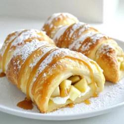 To make Caramel Apple Cheesecake Crescent Rolls, you need: - 1 can of crescent roll dough - 1 package (8 oz) cream cheese, softened - 1/2 cup granulated sugar - 1 teaspoon vanilla extract - 1 small apple, peeled and diced (preferably a sweet variety) - 1/4 cup caramel sauce (plus extra for drizzling) - 1/2 teaspoon ground cinnamon - 1/4 teaspoon nutmeg - 1 egg, beaten (for egg wash) - 2 tablespoons powdered sugar (for dusting) You can make these rolls even if you’re missing some items. Here are a few swaps: - Instead of cream cheese, use mascarpone cheese for a rich flavor. - If you don’t have granulated sugar, brown sugar works well for more depth. - Try using a mix of apples, like Granny Smith and Honeycrisp, for more flavor. - For a dairy-free option, use vegan cream cheese. Choosing the right apples makes a big difference in your rolls. Here’s how to pick great ones: - Look for apples with smooth skin. Avoid any with bruises or dark spots. - Smell the apple; fresh apples have a sweet scent. - Select firm apples. They should feel heavy for their size. - Sweet varieties like Fuji or Gala work best in this recipe. - If possible, buy local apples for better flavor. Start by preheating your oven to 375°F (190°C). This helps your rolls bake evenly. Next, grab a mixing bowl. Beat the softened cream cheese, granulated sugar, and vanilla extract together until smooth. It should look creamy and fluffy. Now, add the diced apple, 1/4 cup caramel sauce, ground cinnamon, and nutmeg. Gently fold everything together. Make sure the apple pieces mix well with the cream cheese. Unroll the crescent roll dough and lay it flat. Separate the dough into triangles, just like the package shows. Take a generous tablespoon of the creamy mixture and place it on the wide end of each triangle. Now, roll each triangle from the wide end to the pointed end. Press the edges to seal in the filling. Place the rolls seam-side down on the lined baking sheet. This keeps them from opening up during baking. Brush the tops with the beaten egg. This gives them a golden finish. Place the baking sheet in the oven and bake for 12 to 15 minutes. Keep an eye on them. They should turn golden brown and puff up nicely. When the rolls are done, take them out of the oven. Let them cool for a few minutes. Drizzle extra caramel sauce over the top. Dust them with powdered sugar for a sweet touch. Serve your Caramel Apple Cheesecake Crescent Rolls warm. They pair well with vanilla ice cream or a cup of coffee. Enjoy each delicious bite! To get that perfect golden color, start by using a beaten egg for the wash. Brush it evenly over each roll. This step helps create a shiny, rich crust. Bake the rolls on parchment paper. It keeps them from sticking and makes cleanup easy. Keep an eye on them as they bake. You want them to puff up and turn a nice golden brown, usually in about 12-15 minutes. One common mistake is overfilling the crescent rolls. If you add too much filling, it can spill out while baking. Always use about a tablespoon of the cream cheese-apple mix. Another mistake is not sealing the rolls well. Make sure to roll them tightly from the wide end to the point. This helps keep the filling inside during baking. Lastly, don’t rush the cooling process. Let them cool slightly before serving. This way, the flavors meld together beautifully. These caramel apple cheesecake crescent rolls make a great treat for any special event. Serve them warm for breakfast or brunch. They can also be a great dessert at parties. Drizzle extra caramel sauce over the top for added sweetness. Dust with powdered sugar just before serving for a lovely touch. Pair them with a scoop of vanilla ice cream or a dollop of whipped cream for an extra special treat. {{image_2}} If you want to make these rolls gluten-free, choose gluten-free crescent roll dough. Many brands offer this option, and they taste great. Look for dough made with almond or coconut flour. These rolls can still be soft and delicious. Just follow the same baking steps, and you’ll have a tasty treat. You can add nuts or chocolate to change the taste. Chopped pecans or walnuts give a nice crunch. They also add a rich, nutty flavor. If you love chocolate, try adding chocolate chips to the cream cheese mixture. This gives a sweet twist that pairs well with the apples. Mix and match to find your favorite flavor! Seasonal twists can make these rolls even more special. For fall, add pumpkin spice to the filling. Just a teaspoon can create a warm, cozy flavor. In winter, try adding a hint of peppermint extract. This gives a fresh taste that brightens up cold days. You can have fun with flavors all year round! To keep your leftover Caramel Apple Cheesecake Crescent Rolls fresh, place them in an airtight container. You can store them in the fridge for up to three days. If you want to keep them longer, consider freezing them. When you’re ready to enjoy your leftover rolls, reheat them in the oven. Set your oven to 350°F (175°C). Place the rolls on a baking sheet and heat for about 5 to 10 minutes. This will help them regain their crispy texture. You can also use a microwave, but the rolls may not be as crisp. For long-term storage, you can freeze these crescent rolls. After they cool completely, wrap each roll in plastic wrap. Then, place them in a freezer-safe bag or container. They will stay fresh for up to three months. When you’re ready to eat them, thaw in the fridge overnight and reheat as mentioned above. Enjoy the same delicious taste, even after freezing! Yes, you can prepare these crescent rolls ahead of time. Make the filling and assemble the rolls. Then, cover them and store them in the fridge for a few hours or overnight. When ready, bake them straight from the fridge. Just add a few extra minutes to the baking time. If you need a cream cheese substitute, try using mascarpone cheese. It has a similar texture and flavor. You can also use Greek yogurt for a lower-fat option. Just note that Greek yogurt will give a tangier taste. To make sure your crescent rolls turn out flaky, keep the dough cold. Work quickly when handling the dough, and don’t overwork it. Brush the rolls with the egg wash for a nice golden color. Baking at the right temperature is key too. Always preheat your oven before baking. This blog post covers all you need to know about making crescent rolls. We discussed essential ingredients, the right steps for baking, and tips for serving. You can now choose fresh apples and avoid common mistakes. Explore variations, like gluten-free options and seasonal flavors. Lastly, we shared how to store and reheat your rolls. With these insights, you can bake delicious crescent rolls that impress at any event. Enjoy trying these simple, tasty ideas!