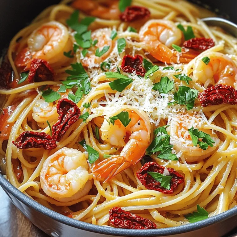 - 8 oz (225g) linguine or spaghetti - 1 lb (450g) large shrimp, peeled and deveined - 1 cup sun-dried tomatoes, chopped (in oil) - 3 cloves garlic, minced - 1 small onion, finely chopped - 1 teaspoon dried oregano - 1 teaspoon dried basil - 1 tablespoon olive oil - Salt and pepper to taste - Fresh parsley, chopped (for garnish) - Grated Parmesan cheese (optional, for serving) In this recipe, I use linguine or spaghetti as the base. Both types soak up the flavors well. Large shrimp add protein and a nice bite, while sun-dried tomatoes bring a sweet, tangy taste. Garlic and onion form the aromatics. They add warmth and depth to the dish. Dried oregano and basil give it a classic Italian flavor. I use olive oil for cooking, along with salt and pepper for seasoning. For garnishes, fresh parsley adds a pop of color and brightness. Grated Parmesan cheese is optional but highly recommended. It adds creaminess and richness that enhances every bite. - Sautéing Onion and Garlic: Start by heating olive oil in a large pot over medium heat. Add the finely chopped onion and minced garlic. Cook until the onion turns soft, about 3 to 4 minutes. The smell will be amazing! - Cooking Shrimp: Next, push the onion and garlic to the side. Add the large shrimp to the pot. Season them with salt and pepper. Cook each side for about 2 to 3 minutes. The shrimp should turn pink and opaque. Once done, remove the shrimp from the pot and set them aside. - Adding Sun-Dried Tomatoes and Broth: In the same pot, toss in the chopped sun-dried tomatoes and the broth. - Incorporating Cherry Tomatoes and Seasonings: Add the halved cherry tomatoes, dried oregano, and dried basil. Stir well and bring the mixture to a gentle boil. - Adding Linguine or Spaghetti: Now, it’s time to add the linguine or spaghetti. Make sure it's fully submerged in the broth. - Monitoring Pasta Doneness: Reduce the heat to low and cover the pot. Let it simmer for about 10 to 12 minutes. Stir occasionally until the pasta is al dente and most of the liquid is absorbed. - Returning Shrimp to the Pot: Once the pasta is cooked, take the pot off the heat. Add the cooked shrimp back into the pot. Gently toss everything to combine. - Adjusting Seasoning and Texture: Taste the pasta and adjust with more salt and pepper if needed. If it seems dry, add a splash of broth or olive oil. - Garnishing and Presentation: Spoon the pasta into bowls and garnish with fresh parsley. - Accompaniments for Serving: If you like, serve with grated Parmesan cheese on top for extra flavor. Enjoy your meal! - Ideal Cooking Time for Shrimp: Cook shrimp for about 2-3 minutes on each side. They should turn pink and opaque when done. - Signs of Overcooked Shrimp: Overcooked shrimp become rubbery and tough. They lose their bright color and become grayish. - Using Homemade Broth vs. Store-Bought: Homemade broth has a richer flavor than store-bought. It adds depth to your dish. Use store-bought broth if you're short on time, but choose a low-sodium option for better control over salt. - Additional Seasoning Ideas: Consider adding crushed red pepper for heat. Fresh herbs like basil or thyme can also bring more flavor. - Suggestions for Adding Creamy Texture: For creaminess, stir in a bit of cream or cream cheese at the end. You can also use a splash of pasta water to help with texture. - Avoiding Dry Pasta: Keep an eye on the pasta as it cooks. If it seems dry, add more broth or a touch of olive oil. Stir often to prevent sticking. {{image_2}} You can swap shrimp for chicken or tofu. - Chicken: Use diced chicken breast. Cook it like shrimp. Sauté until it turns white. - Tofu: Use firm tofu, cut into cubes. Sauté it until golden brown. This keeps it crispy. You can choose various pasta types for this dish. - Gluten-Free Pasta: Look for gluten-free options like brown rice or quinoa pasta. They work well in this recipe. - Whole Wheat Options: Whole wheat pasta adds fiber and a nutty flavor. It’s a healthy choice. Adding more flavors makes this dish even better. - Incorporating Spinach or Kale: Toss in fresh spinach or kale while cooking. This adds color and nutrients. - Adding Cheese Variations: Try mozzarella, feta, or goat cheese. They melt well and enhance the taste. - Proper Containers for Leftovers: Use airtight containers to keep your pasta fresh. Glass or plastic containers work well. They help prevent moisture loss and keep flavors intact. - How Long It Lasts in the Fridge: Store your One-Pot Sun-Dried Tomato Shrimp Pasta in the fridge for up to three days. After that, the quality may drop. - Best Practices for Freezing Pasta Dishes: To freeze your pasta, let it cool first. Then, place it in freezer-safe bags or containers. Remove as much air as possible to avoid freezer burn. - Thawing and Reheating Tips: Thaw in the fridge overnight before reheating. You can also microwave it on low. This keeps the shrimp tender and the pasta moist. - Methods for Even Heating: Use a skillet or microwave to reheat. In a skillet, add a splash of broth or water and heat gently. This helps to warm it through without drying it out. - Keeping Pasta Moist: Add a bit of olive oil or broth when reheating. This will help restore moisture and flavor, making your pasta just as good as when it was fresh. It takes about 30 minutes to make this dish. You will need 10 minutes to prep. Cooking takes around 20 minutes. Yes, you can make it ahead of time. Store the pasta in an airtight container. It stays fresh in the fridge for up to three days. Reheat it on the stove or microwave. Add a splash of broth to keep it moist. You can use fresh tomatoes if you prefer. Cherry tomatoes work well, too. They will give a different taste but still taste great. You can also try roasted red peppers for a unique twist. This recipe is perfect for meal prep. Make a big batch and portion it out. It keeps well in the fridge and is easy to reheat. Use separate containers for shrimp and pasta to keep them fresh longer. This blog post has covered how to make One-Pot Sun-Dried Tomato Shrimp Pasta. We explored the key ingredients, from shrimp to aromatics. I shared step-by-step instructions to ensure your dish turns out great. You learned helpful tips for cooking shrimp and adding creamy texture. We also explored variations, storage tips, and frequently asked questions. With these insights, you can make a delicious pasta meal with ease. Enjoy your cooking adventures!