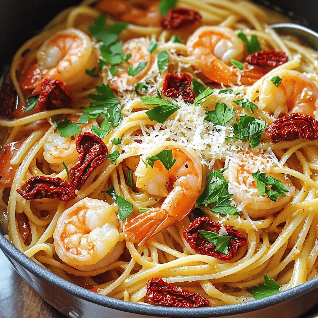 - 8 oz (225g) linguine or spaghetti - 1 lb (450g) large shrimp, peeled and deveined - 1 cup sun-dried tomatoes, chopped (in oil) - 3 cloves garlic, minced - 1 small onion, finely chopped - 1 teaspoon dried oregano - 1 teaspoon dried basil - 1 tablespoon olive oil - Salt and pepper to taste - Fresh parsley, chopped (for garnish) - Grated Parmesan cheese (optional, for serving) In this recipe, I use linguine or spaghetti as the base. Both types soak up the flavors well. Large shrimp add protein and a nice bite, while sun-dried tomatoes bring a sweet, tangy taste. Garlic and onion form the aromatics. They add warmth and depth to the dish. Dried oregano and basil give it a classic Italian flavor. I use olive oil for cooking, along with salt and pepper for seasoning. For garnishes, fresh parsley adds a pop of color and brightness. Grated Parmesan cheese is optional but highly recommended. It adds creaminess and richness that enhances every bite. - Sautéing Onion and Garlic: Start by heating olive oil in a large pot over medium heat. Add the finely chopped onion and minced garlic. Cook until the onion turns soft, about 3 to 4 minutes. The smell will be amazing! - Cooking Shrimp: Next, push the onion and garlic to the side. Add the large shrimp to the pot. Season them with salt and pepper. Cook each side for about 2 to 3 minutes. The shrimp should turn pink and opaque. Once done, remove the shrimp from the pot and set them aside. - Adding Sun-Dried Tomatoes and Broth: In the same pot, toss in the chopped sun-dried tomatoes and the broth. - Incorporating Cherry Tomatoes and Seasonings: Add the halved cherry tomatoes, dried oregano, and dried basil. Stir well and bring the mixture to a gentle boil. - Adding Linguine or Spaghetti: Now, it’s time to add the linguine or spaghetti. Make sure it's fully submerged in the broth. - Monitoring Pasta Doneness: Reduce the heat to low and cover the pot. Let it simmer for about 10 to 12 minutes. Stir occasionally until the pasta is al dente and most of the liquid is absorbed. - Returning Shrimp to the Pot: Once the pasta is cooked, take the pot off the heat. Add the cooked shrimp back into the pot. Gently toss everything to combine. - Adjusting Seasoning and Texture: Taste the pasta and adjust with more salt and pepper if needed. If it seems dry, add a splash of broth or olive oil. - Garnishing and Presentation: Spoon the pasta into bowls and garnish with fresh parsley. - Accompaniments for Serving: If you like, serve with grated Parmesan cheese on top for extra flavor. Enjoy your meal! - Ideal Cooking Time for Shrimp: Cook shrimp for about 2-3 minutes on each side. They should turn pink and opaque when done. - Signs of Overcooked Shrimp: Overcooked shrimp become rubbery and tough. They lose their bright color and become grayish. - Using Homemade Broth vs. Store-Bought: Homemade broth has a richer flavor than store-bought. It adds depth to your dish. Use store-bought broth if you're short on time, but choose a low-sodium option for better control over salt. - Additional Seasoning Ideas: Consider adding crushed red pepper for heat. Fresh herbs like basil or thyme can also bring more flavor. - Suggestions for Adding Creamy Texture: For creaminess, stir in a bit of cream or cream cheese at the end. You can also use a splash of pasta water to help with texture. - Avoiding Dry Pasta: Keep an eye on the pasta as it cooks. If it seems dry, add more broth or a touch of olive oil. Stir often to prevent sticking. {{image_2}} You can swap shrimp for chicken or tofu. - Chicken: Use diced chicken breast. Cook it like shrimp. Sauté until it turns white. - Tofu: Use firm tofu, cut into cubes. Sauté it until golden brown. This keeps it crispy. You can choose various pasta types for this dish. - Gluten-Free Pasta: Look for gluten-free options like brown rice or quinoa pasta. They work well in this recipe. - Whole Wheat Options: Whole wheat pasta adds fiber and a nutty flavor. It’s a healthy choice. Adding more flavors makes this dish even better. - Incorporating Spinach or Kale: Toss in fresh spinach or kale while cooking. This adds color and nutrients. - Adding Cheese Variations: Try mozzarella, feta, or goat cheese. They melt well and enhance the taste. - Proper Containers for Leftovers: Use airtight containers to keep your pasta fresh. Glass or plastic containers work well. They help prevent moisture loss and keep flavors intact. - How Long It Lasts in the Fridge: Store your One-Pot Sun-Dried Tomato Shrimp Pasta in the fridge for up to three days. After that, the quality may drop. - Best Practices for Freezing Pasta Dishes: To freeze your pasta, let it cool first. Then, place it in freezer-safe bags or containers. Remove as much air as possible to avoid freezer burn. - Thawing and Reheating Tips: Thaw in the fridge overnight before reheating. You can also microwave it on low. This keeps the shrimp tender and the pasta moist. - Methods for Even Heating: Use a skillet or microwave to reheat. In a skillet, add a splash of broth or water and heat gently. This helps to warm it through without drying it out. - Keeping Pasta Moist: Add a bit of olive oil or broth when reheating. This will help restore moisture and flavor, making your pasta just as good as when it was fresh. It takes about 30 minutes to make this dish. You will need 10 minutes to prep. Cooking takes around 20 minutes. Yes, you can make it ahead of time. Store the pasta in an airtight container. It stays fresh in the fridge for up to three days. Reheat it on the stove or microwave. Add a splash of broth to keep it moist. You can use fresh tomatoes if you prefer. Cherry tomatoes work well, too. They will give a different taste but still taste great. You can also try roasted red peppers for a unique twist. This recipe is perfect for meal prep. Make a big batch and portion it out. It keeps well in the fridge and is easy to reheat. Use separate containers for shrimp and pasta to keep them fresh longer. This blog post has covered how to make One-Pot Sun-Dried Tomato Shrimp Pasta. We explored the key ingredients, from shrimp to aromatics. I shared step-by-step instructions to ensure your dish turns out great. You learned helpful tips for cooking shrimp and adding creamy texture. We also explored variations, storage tips, and frequently asked questions. With these insights, you can make a delicious pasta meal with ease. Enjoy your cooking adventures!