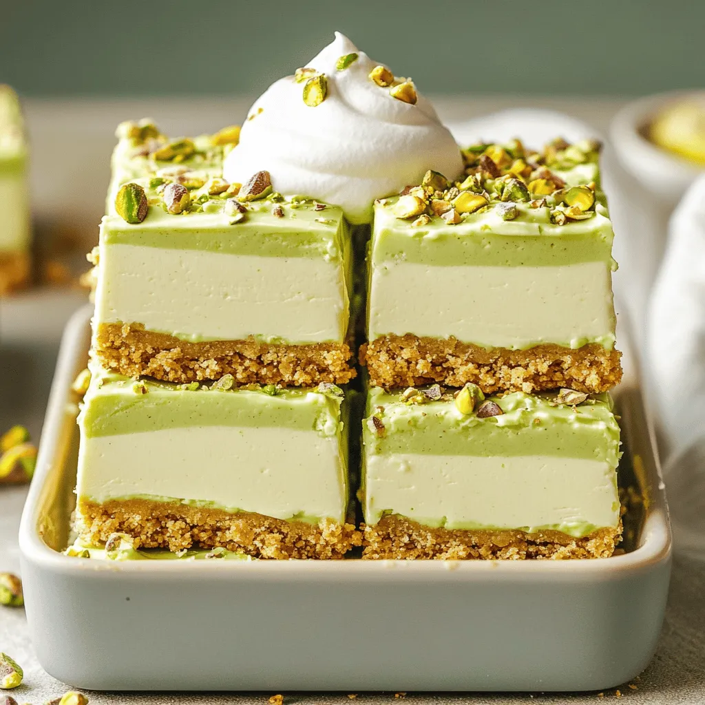 To make the No Bake Pistachio Cream Pie Bars, you will need: - 1 ½ cups pistachio crumbs (ground pistachios or crushed pistachio cookies) - ½ cup unsalted butter, melted - 1 cup cream cheese, softened - 1 cup powdered sugar - 1 teaspoon vanilla extract - 1 cup heavy whipping cream - 1 package (3.4 oz) instant pistachio pudding mix - 2 cups cold milk - Crushed pistachios for topping - Whipped cream for serving (optional) If you need to make changes, here are some ideas: - Use almond flour instead of pistachio crumbs for a nut-free option. - Swap cream cheese with Greek yogurt for a lighter filling. - Use coconut cream instead of heavy whipping cream for a dairy-free version. - Try maple syrup instead of powdered sugar for a healthier sweetener. To create these delicious bars, gather these tools: - Mixing bowls for combining ingredients - Electric mixer for creamy fillings - 8x8 inch baking dish for setting the bars - Plastic wrap to cover the dish while chilling - Spatula for spreading the filling evenly To start, grab a medium bowl. Combine 1 ½ cups of pistachio crumbs with ½ cup of melted unsalted butter. Mix them well until they look crumbly. Now, take an 8x8 inch baking dish and press this mixture into the bottom. Make sure it is even. This crust needs to chill in the refrigerator while you make the filling. Next, take another bowl and add 1 cup of softened cream cheese. Beat it with an electric mixer until it is smooth. Then, slowly add in 1 cup of powdered sugar and 1 teaspoon of vanilla extract. Mix until everything is creamy. This gives the filling its rich flavor. In a separate bowl, mix 1 package of instant pistachio pudding with 2 cups of cold milk. Whisk this for about 2 minutes. You want it to thicken. Once thickened, gently fold this pudding into the cream cheese mixture. Now, in a different bowl, whip 1 cup of heavy cream until it forms stiff peaks. Carefully fold this whipped cream into the pudding mix. This makes the filling light and fluffy. Finally, pour the pistachio cream mixture over the crust. Use a spatula to spread it evenly. Cover the dish with plastic wrap and chill for at least 4 hours. Once set, cut into bars and enjoy your delightful creation! To make the best crust, use fresh pistachio crumbs. You can grind pistachios or crush pistachio cookies. Mix the crumbs with melted butter until they feel like wet sand. Press this mixture into your dish firmly. This helps it hold together. Chill it for at least 30 minutes before adding filling. This sets the crust and makes it crisp. To get fluffy whipped cream, start with cold heavy cream. Use a clean bowl and beaters. Whip the cream on medium speed until you see stiff peaks. This means it holds its shape. Then, gently fold it into the cream cheese mix. Be careful! You don’t want to lose that airiness. This keeps your bars light and creamy. One mistake is not chilling the crust long enough. If it’s not firm, the filling can make it soggy. Another pitfall is over-mixing the whipped cream. This can turn it into butter instead of a soft cream. Lastly, don’t skip the chilling time after adding the filling. It needs at least four hours to set properly. {{image_2}} You can switch things up with different flavors. Try using almond pudding instead of pistachio pudding for a nutty twist. You could also use vanilla pudding for a classic taste. For a fruity option, consider a lemon pudding mix. Each change gives a new taste that's just as fun. If you have special dietary needs, you can easily adjust the recipe. For a gluten-free version, use gluten-free cookies to make the crust. You can also swap cream cheese for a dairy-free alternative like cashew cream. Use a plant-based heavy cream for a vegan option. These swaps help everyone enjoy this treat. Toppings can make your bars even better. Besides crushed pistachios, sprinkle chopped dark chocolate or fresh berries on top. You can also add a drizzle of chocolate sauce for a sweet finish. A few mint leaves can add a nice touch too. Customizing the toppings lets you get creative and make each batch unique. To keep your No Bake Pistachio Cream Pie Bars fresh, store them in an airtight container. This will shield them from odors in your fridge. You can also place parchment paper between the layers to avoid sticking. These tasty bars will stay good in the fridge for about 5 days. They taste best when chilled. Check for any changes in texture or smell before eating. If they look or smell off, throw them away. You can freeze these bars for longer storage. Cut them into individual pieces before wrapping. Use plastic wrap and then foil for best results. They will stay fresh in the freezer for about 2 months. When ready to eat, let them thaw in the fridge overnight. Enjoy their creamy goodness! Yes, you can! Almonds, walnuts, or cashews work well. Just ensure they are finely ground. The flavor will change, but each nut adds a unique taste. You can make the bars a day before serving. Follow all the steps and chill them overnight. This gives the flavors time to blend and makes them even better. Absolutely! Try vanilla, chocolate, or even cheesecake pudding. Each option gives a new twist to the bars and keeps it fun. Just mix it with milk as the recipe says. This blog post guides you through a tasty recipe. We covered the right ingredients, tools, and step-by-step instructions. You learned tips for a perfect crust and fluffy cream. We explored flavor variations and how to store your dessert. Remember, making this treat is easy and fun. With the right facts and care, you can impress everyone. Enjoy your baking journey!