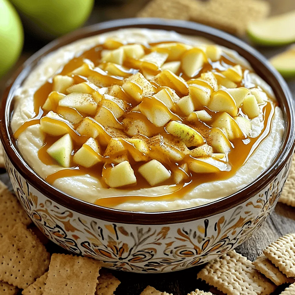 To make this tasty caramel apple cheesecake dip, you will need: - 8 oz cream cheese, softened - 1/2 cup powdered sugar - 1/2 teaspoon vanilla extract - 1/2 cup caramel sauce (store-bought or homemade) - 1 medium apple, diced (preferably Granny Smith) - 1/2 teaspoon cinnamon For an added crunch or flavor, consider these optional ingredients: - 1/4 cup chopped walnuts or pecans - Extra caramel sauce for drizzling This dip pairs well with: - Sliced apples - Graham crackers These options enhance the sweet and creamy flavors. Enjoy your dip with crunchy or fresh items for a fun experience! To make this dip, start by gathering all your ingredients. You will need: - 8 oz cream cheese, softened - 1/2 cup powdered sugar - 1/2 teaspoon vanilla extract - 1/2 cup caramel sauce - 1 medium apple, diced - 1/2 teaspoon cinnamon - 1/4 cup chopped walnuts or pecans (optional) 1. Beat the cream cheese: In a medium bowl, use an electric mixer. Mix until it is smooth and creamy. This step is key for a nice texture. 2. Add powdered sugar: Gradually add the powdered sugar. Keep mixing until it blends well with the cream cheese. 3. Mix in vanilla: Stir in the vanilla extract. This gives the dip a sweet, rich flavor. 4. Fold in the apple: Carefully add the diced apple. Make sure to mix gently. You want the apples to stay intact. 5. Add cinnamon and nuts: Sprinkle in the cinnamon and the chopped nuts, if you’re using them. Gently combine these into the mixture. After you finish folding in all the ingredients, it’s time to transfer the dip. Move the mixture into a serving bowl. Drizzle extra caramel sauce on top for added sweetness. This makes it look inviting and delicious! To serve, offer sliced apples and graham crackers for dipping. Arrange them around your bowl of dip. For a lovely touch, add a few apple slices on top. You can also sprinkle a little cinnamon over the caramel. This adds color and makes it festive. Enjoy your tasty fall delight! To make your dip super creamy, start with softened cream cheese. If it is too cold, it won't mix well. Use an electric mixer on medium speed. Beat until the cream cheese is smooth and fluffy. Mixing in the powdered sugar gradually helps too. This keeps the dip light and airy. You can swap some ingredients if you need to. For a lighter dip, try Greek yogurt instead of cream cheese. If you want less sugar, use a sugar substitute for the powdered sugar. Feel free to use any apple variety you like, but Granny Smith adds a nice tartness. You can also skip the nuts if you want it nut-free. To get the best flavor, use fresh ingredients. The vanilla extract adds depth, so don’t skip it. A sprinkle of cinnamon brightens up the dip. If you love caramel, drizzle extra on top before serving. Pair it with tart apples or sweet graham crackers for balance. Each bite should have a mix of creamy, sweet, and crunchy. {{image_2}} You can switch up the flavor of this dip easily. Try adding chocolate or pumpkin spice for a new twist. For a chocolate version, mix in cocoa powder or mini chocolate chips. This gives you a rich, sweet treat. For pumpkin spice, add a teaspoon of pumpkin pie spice. The warm flavors will make this dip perfect for fall. If you have dietary needs, there are easy swaps. To make it vegan, replace cream cheese with a vegan cream cheese. Use maple syrup instead of powdered sugar. For a gluten-free option, pair the dip with gluten-free graham crackers or apple slices. This way, everyone can enjoy the dip without worry. You can also use seasonal ingredients to change the dip. In the fall, try adding diced pears or cranberries. These fruits bring a new taste and color. In winter, you might add dried fruits like figs or apricots. They add depth and sweetness to the dip. Each season offers new ways to enjoy this tasty treat. Store your leftover Caramel Apple Cheesecake Dip in an airtight container. Make sure to seal it tightly. This helps keep all the flavors fresh. You can place it in the fridge for easy access. If you have extra caramel sauce, store it separately. This dip is best served cold, but you can warm it if you prefer. To reheat, use a microwave-safe bowl. Heat it in short bursts of 10 to 15 seconds. Stir between each burst to avoid overheating. Be careful not to make it too hot. When stored properly, this dip lasts about three days in the fridge. After that, it may lose its taste and texture. Always check for any changes in smell or color before eating. If it looks or smells off, it's best to toss it. Enjoy your dip while it’s fresh for the best flavor! Yes, you can make this dip ahead of time. Just prepare it and store it in the fridge. Cover the bowl tightly with plastic wrap. It will stay fresh for up to two days. When you're ready to serve, just remove it from the fridge. You can add an extra drizzle of caramel on top for that fresh look. If you want a change, you can use Greek yogurt. It gives a nice tangy flavor. You can also try mascarpone or ricotta cheese. These options will keep the dip creamy and smooth. Each swap changes the taste a bit, so feel free to experiment! Making homemade caramel sauce is easy! Here’s a quick method: - In a saucepan, add 1 cup of sugar and 1/4 cup of water. - Heat on medium until the sugar dissolves and turns golden brown. - Remove from heat and carefully stir in 1/2 cup of heavy cream. - Make sure to be careful as it will bubble up. - Stir until smooth, then let it cool. This sauce is great for drizzling and has a rich flavor. This blog post covered everything you need for a great Caramel Apple Cheesecake Dip. We discussed the ingredients, from the essentials to fun extras. I gave you step-by-step instructions to make it creamy and delicious. You also learned tasty variations and storage tips. With these insights, you can make a dip that’s perfect for any occasion. Enjoy the flavors and share this dip with friends and family. Your dessert table will shine!