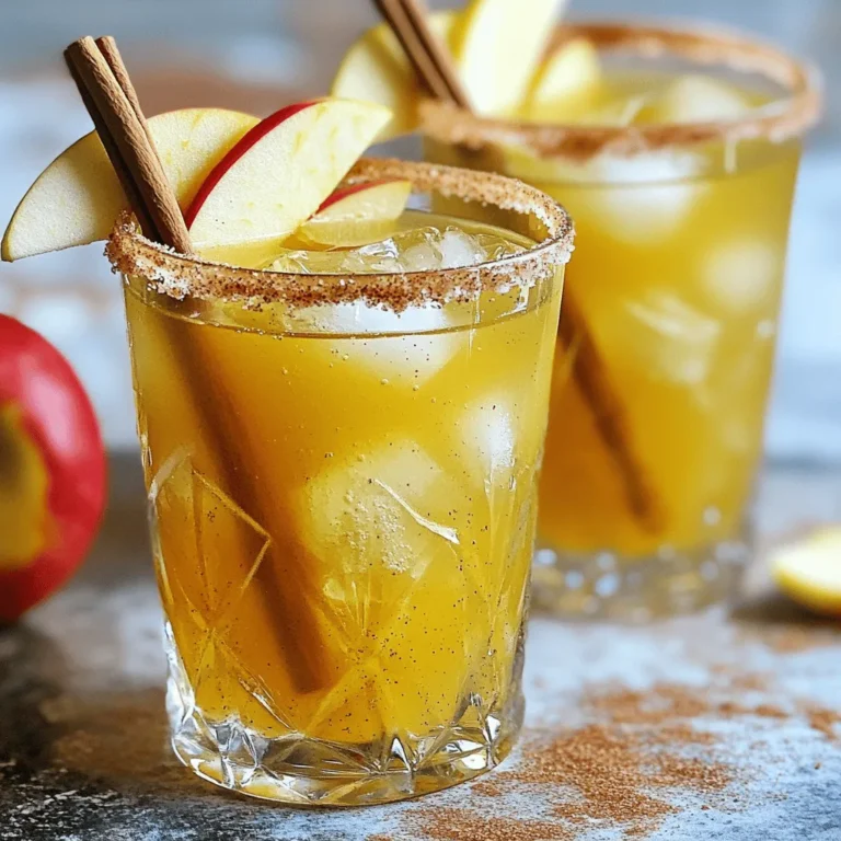 - 1 cup apple cider - 1/4 cup fresh lime juice - 1 tablespoon agave syrup or honey - 1 teaspoon ground cinnamon - 1/2 teaspoon ground ginger - 1/4 teaspoon cayenne pepper (optional) - Ice cubes - Apple slices (for garnish) - Cinnamon sticks (for garnish) - Salt or cinnamon-sugar (for rimming glasses) To create a tasty Apple Cider Margarita, gather these simple ingredients. Use fresh apple cider for the best taste. Lime juice adds a nice zing. The agave syrup or honey sweetens the drink just right. Ground cinnamon and ginger bring warmth and spice. If you like a kick, add cayenne pepper. You will need ice cubes to chill the drink. For garnish, thin apple slices and cinnamon sticks look lovely. Lastly, prepare salt or cinnamon-sugar to rim your glasses. This adds flavor and style. Get ready to mix a fun fall drink! Start by rimming your glasses. Pour lime juice onto a small plate. On a separate plate, mix salt and ground cinnamon or cinnamon-sugar. Dip the rim of each glass into the lime juice first. Then, dip it into the salt or cinnamon-sugar mix. This step adds flavor and looks great. Now, let's mix our drink. In a cocktail shaker, combine the apple cider, fresh lime juice, agave syrup, ground cinnamon, ground ginger, and cayenne pepper if you want some heat. This mix gives your margarita a fun twist. Next, fill the shaker with ice cubes. Shake it vigorously for about 15 seconds. This helps chill the drink and mix all the flavors well. After shaking, strain the mixture into the prepared glasses filled with ice. For a lovely finish, garnish each drink with thin apple slices and a cinnamon stick. These simple touches make your drink look pretty and taste even better. Serve immediately and enjoy the refreshing flavors! To make your Apple Cider Margarita even better, consider these tips. Adding more spice can boost flavor. A dash of nutmeg or more cinnamon adds warmth. If you want it sweeter, use more agave syrup or honey. This small change can make a big difference. Always choose high-quality apple cider. Fresh, unfiltered cider gives the best taste. Look for options with no added sugar. This will keep your drink pure and tasty. How you serve your drink matters. Garnishing can make it pop. Try thin apple slices on the rim. A cinnamon stick can add style and aroma. For glassware, use clear highball glasses. They show off the drink's color beautifully. You can also use mason jars for a rustic feel. Rimming the glasses adds flair. Use lime juice and salt or cinnamon-sugar for a fun touch. Every drink can fit your taste. If you like more sweetness, add extra agave syrup. For a spicier kick, increase the cayenne pepper. Taste as you mix to find what you love. This drink is flexible, so feel free to experiment. Adjusting the balance gives you the perfect sip every time. {{image_2}} If you want a fun drink without alcohol, try the mocktail version. Use only apple cider and lime juice. You can add agave syrup for sweetness. This drink stays just as refreshing! You can mix it up by adding cranberry juice. This gives a nice tartness. Another option is ginger beer for a spicy kick. You can also infuse the drink with spices like nutmeg. This adds a warm, cozy flavor. For the holidays, you can make this drink festive. Use star anise for a holiday touch. You can also add a splash of pomegranate juice for color. This makes the drink look beautiful and taste great! To keep your apple cider fresh, store it in the fridge. Use an airtight container. This helps prevent any bacteria from ruining it. Lime juice should also go in the fridge. A small bottle works well for this. Both can last up to a week when stored properly. You can make parts of this drink ahead of time. Mix the apple cider, lime juice, and agave syrup in advance. Store this mixture in the fridge. You can prepare the glasses by rimming them with salt or cinnamon-sugar before guests arrive. This saves time when you want to serve. Keep your garnishes fresh by storing them in a cool place. Apple slices can brown quickly. To prevent this, dip them in lemon juice. This keeps them looking fresh for longer. Cinnamon sticks can be stored in a dry place. They last for a long time and won't lose flavor. The best apple cider for margaritas is fresh, sweet cider. Look for cider without preservatives. This gives a pure apple taste. Some brands may add spices; avoid those for a classic margarita. Yes, you can make this cocktail in large batches. Just multiply the ingredients by the number of servings you need. Mix everything in a big pitcher. This makes serving easy and keeps the fun going. To adjust for more servings, simply multiply each ingredient by the number of drinks you want. For example, for four drinks, use 2 cups of cider, 1/2 cup of lime juice, and so on. Keep the ratios the same for the best taste. You can prepare the drink ahead of time, but don’t add ice until you serve it. Mix the ingredients and chill them in the fridge. This keeps the drink fresh and tasty when ready to enjoy. You can use honey or maple syrup instead of agave syrup. Both add sweetness and flavor. Adjust the amount to taste since honey and maple syrup can be sweeter than agave. This guide shows you how to make a great Apple Cider Margarita. We covered the key ingredients, easy steps, and some smart tips for flavor. You can even make a fun mocktail version. Remember to play with flavors and presentations to make it your own. Enjoy your drink and impress your friends with this fall favorite!