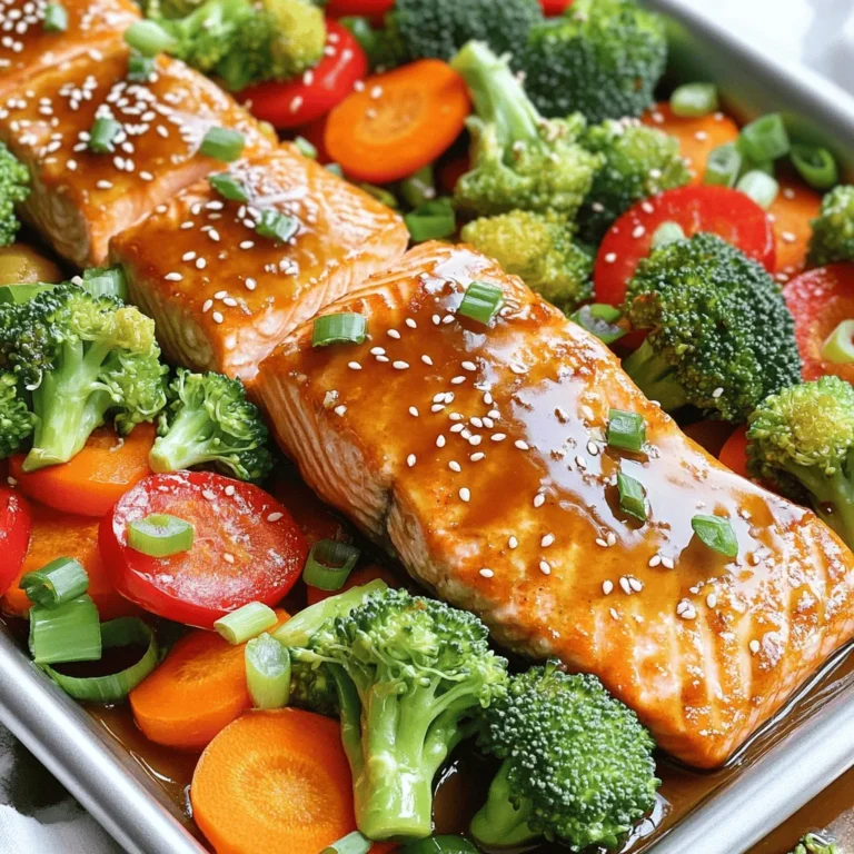 - 4 salmon fillets (6 ounces each) - 1/4 cup low-sodium soy sauce - 1/4 cup honey - 2 tablespoons sesame oil - 2 cloves garlic, minced - 1 tablespoon fresh ginger, grated - 2 cups broccoli florets - 1 red bell pepper, sliced - 2 carrots, sliced - 2 tablespoons sesame seeds - Green onions, sliced, for garnish The star of this dish is the salmon. Salmon fillets are rich and flavorful. They soak up the honey and soy sauce well. You want to use fresh salmon for the best taste. Low-sodium soy sauce is key here. It adds umami without too much salt. Honey brings sweetness and depth. Together, they create a glaze that makes the salmon shine. Next, sesame oil, garlic, and ginger enhance the dish. The sesame oil adds a nutty flavor. Garlic gives a savory touch, while ginger adds warmth. These three ingredients create a yummy marinade. Now, let's talk about the vegetables. Broccoli, bell pepper, and carrots are colorful and tasty. They roast well and soak up flavor from the marinade. Feel free to mix in your favorite veggies. Zucchini or snap peas can also work great! Lastly, the garnishes add a special touch. Sesame seeds give a nice crunch. Green onions add freshness and color. These simple garnishes make the dish look and taste even better. Enjoy your cooking! - Preheat your oven to 400°F (200°C). This step is key for even cooking. - Line a large sheet pan with parchment paper. This helps with easy cleanup later. - In a medium bowl, mix together: - 1/4 cup low-sodium soy sauce - 1/4 cup honey - 2 tablespoons sesame oil - 2 cloves garlic, minced - 1 tablespoon fresh ginger, grated - 1 tablespoon rice vinegar - 1 teaspoon red pepper flakes (optional) Whisk these ingredients well to make a tasty marinade. - Place the 4 salmon fillets on one side of the sheet pan. - Brush half of the marinade over the salmon. Save the other half for later. - In a bowl, toss 2 cups broccoli florets, 1 sliced red bell pepper, and 2 sliced carrots with a bit of olive oil, salt, and pepper. - Spread the veggies on the other side of the sheet pan. - Put the sheet pan in the oven and bake for about 15-20 minutes. - Cook until the salmon flakes easily and the veggies are tender-crisp. - In the last 5 minutes, brush the remaining marinade over the salmon and veggies. This adds extra flavor. To check for doneness, look for a few signs. The salmon should be opaque and flake easily with a fork. Use a fork gently to test it. If it breaks apart, it’s done. For thicker fillets, you may need more time. Adjust cooking time based on the thickness of your salmon. Marinating is key to great taste. Aim for at least 15 minutes for the salmon to soak up the flavors. If you have time, let it marinate for up to an hour. This makes a big difference! Using fresh ingredients also helps boost the flavor. Fresh garlic and ginger give a bright taste that dried spices can’t match. For roasting, broccoli, bell peppers, and carrots work well. They get tender and add color to your dish. You can also try zucchini, asparagus, or Brussels sprouts for variety. Seasonal veggies can change the dish too. In summer, use fresh corn or cherry tomatoes. In fall, consider squash or sweet potatoes. {{image_2}} You can switch out the salmon for other proteins. Chicken breast, for instance, works well. It soaks up the honey soy glaze just like salmon. You might also try shrimp or firm tofu for a plant-based option. Cooking times for other proteins: - Chicken breast: Bake for about 20-25 minutes. - Shrimp: Cook for 10-12 minutes until pink and opaque. - Tofu: Roast for 15-20 minutes, ensuring it gets crispy. Feel free to get creative with flavors! You can try different sauces to change the taste. A teriyaki sauce adds a sweet twist. For a kick, use sriracha or chili garlic sauce. Adjusting spice levels: - For less heat, skip the red pepper flakes. - If you love spice, double the flakes or add fresh chili. Pair your honey soy glazed salmon with tasty sides. Steamed rice or quinoa complements the dish well. A simple salad with greens adds freshness. Presentation ideas: - Serve salmon on a bed of rice with veggies on the side. - Drizzle extra glaze over everything for a beautiful finish. To keep your honey soy glazed salmon fresh, store it in an airtight container. Make sure to let it cool first. It stays fresh for about 3 days in the fridge. If you notice any off smells or changes in texture, it’s best to toss it. You can freeze leftovers for later use. Wrap each salmon fillet tightly in plastic wrap, then place them in a freezer bag. Make sure to remove as much air as possible. This way, your salmon can last up to 3 months in the freezer. When you’re ready to eat, thaw it in the fridge overnight. For reheating, bake it in the oven at 350°F (175°C) for about 15-20 minutes. This keeps the salmon moist and flavorful. Avoid microwaving, as it can dry it out. The cooking time for salmon depends on its thickness. Generally, salmon needs about 4 to 6 minutes per half-inch of thickness. For a standard fillet, you will bake it for 15 to 20 minutes at 400°F (200°C). The salmon is done when it flakes easily with a fork. To check, insert a fork into the thickest part of the fish. If it pulls apart easily, it's ready. Yes, you can use regular soy sauce. However, it will change the flavor. Regular soy sauce has more salt, which can make the dish saltier. If you do use it, consider reducing the amount in your marinade to balance the taste. Taste as you go to ensure the flavor is just right. Honey soy glazed salmon pairs well with many sides. Here are some popular options: - Steamed rice or jasmine rice - Quinoa or couscous - Roasted sweet potatoes - Stir-fried green beans - A fresh garden salad These sides complement the sweet and savory flavors of the salmon. Yes, you can prepare this recipe ahead of time. Marinate the salmon in the sauce for up to 2 hours in the fridge. You can also chop the vegetables and store them in the fridge for later use. On the day you plan to cook, simply assemble everything on the sheet pan and bake it. This makes meal prep easy and quick. This blog post shared a simple and tasty honey soy glazed salmon recipe. You learned about key ingredients, easy prep, and step-by-step instructions. We explored tips for perfect cooking and delicious flavor variations. You now have ideas for sides and storage methods. Try this recipe for a healthy meal. Keep experimenting, and find what your taste buds love best. Enjoy your cooking journey!