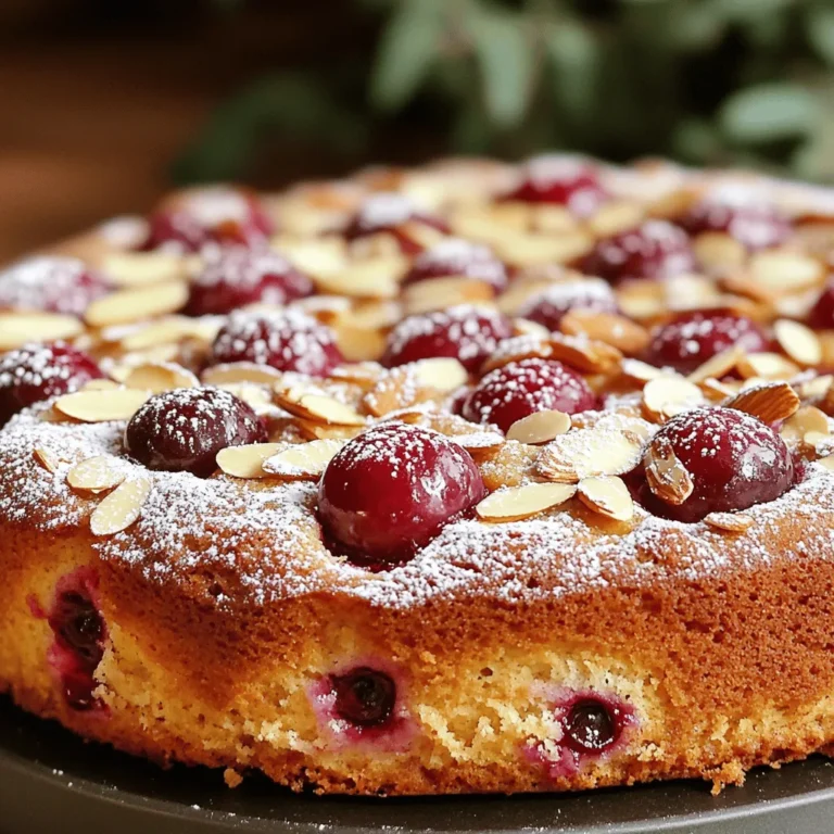 To make the Cherry Almond Coffee Cake, gather these ingredients: - 1 cup all-purpose flour - 1 cup almond flour - 1 cup granulated sugar - 1/2 cup unsalted butter, softened - 2 large eggs - 1/2 cup sour cream - 1 teaspoon vanilla extract - 1 teaspoon almond extract - 1 teaspoon baking powder - 1/2 teaspoon baking soda - 1/4 teaspoon salt - 1 cup fresh cherries, pitted and halved - 1/2 cup sliced almonds - Powdered sugar, for dusting If you want to switch things up, here are some ideas: - Use coconut flour instead of almond flour for a different flavor. - Greek yogurt can replace sour cream for a healthy twist. - Swap fresh cherries for frozen ones if out of season. Just thaw them first. - Try honey or maple syrup instead of granulated sugar for a natural sweetener. Understanding measurements can help you adjust recipes. Here are some common conversions: - 1 cup = 8 fluid ounces - 1/2 cup = 4 fluid ounces - 1 teaspoon = 5 milliliters - 1 tablespoon = 15 milliliters These conversions can help you scale the recipe up or down as needed. Start by preheating your oven to 350°F (175°C). Grease and flour a 9-inch round cake pan or line it with parchment paper. In a large bowl, cream together the softened butter and granulated sugar until the mixture is light and fluffy. This step is key for making a soft cake. Next, beat in the eggs one at a time. Make sure each egg is mixed in fully before you add the next one. Then, add the sour cream, vanilla extract, and almond extract. Mix everything until it is well combined. In a separate bowl, whisk together the all-purpose flour, almond flour, baking powder, baking soda, and salt. Slowly add this dry mixture to the wet mixture. Stir gently until just combined. Be careful not to overmix, as this can make the cake tough. Finally, gently fold in the fresh cherry halves. This ensures the cherries are spread evenly throughout the batter. Pour the batter into your prepared cake pan and smooth the top with a spatula. Sprinkle sliced almonds on top for an added crunch. Now it’s time to bake! Place the cake pan in the preheated oven. Bake for 35-40 minutes. Check if it’s done by inserting a toothpick into the center. If it comes out clean, your cake is ready. If not, give it a few more minutes. After baking, remove the cake from the oven. Let it cool in the pan for 10 minutes. Then, transfer it to a wire rack to cool completely. This cooling step is important for the best texture. Once the cake is cool, dust the top with powdered sugar for a nice touch. Slice and serve your Cherry Almond Coffee Cake to family and friends. Enjoy this delightful treat with coffee or tea! To keep your cake moist, use sour cream. It adds richness and prevents dryness. Mixing the butter and sugar well also helps trap air. This makes the cake light. Do not overmix your batter. Gently fold in the cherries. This method keeps the cake fluffy. Ovens can vary in heat. Start checking your cake at 35 minutes. Insert a toothpick in the center. If it comes out clean, your cake is ready. If it still has batter, give it a few more minutes. Check again to avoid overbaking. Dust your cake with powdered sugar for a lovely finish. You can use a fine sieve for even coverage. Add extra sliced almonds on top for a nice crunch. Serve with fresh cherries on the side for color. A pretty plate can make your cake stand out even more. {{image_2}} You can make this cake gluten-free. Use a 1:1 gluten-free flour blend instead of all-purpose flour. This swap works well with almond flour. The texture may change slightly, but the taste stays great. Just follow the same steps in the recipe. Cherry almond coffee cake is versatile. You can use other fruits for fun flavors. Try blueberries, raspberries, or peaches. Each fruit gives a new twist. Dice the fruit and fold it into the batter just like with cherries. Adjust the sugar based on the fruit’s sweetness. Add extra flavor to this cake easily. Consider adding lemon zest for a fresh taste. A pinch of cinnamon or nutmeg also works well. You can mix in a splash of orange juice with the wet ingredients. These small changes make a big difference. Each bite will surprise your taste buds! To keep your Cherry Almond Coffee Cake fresh, store it in an airtight container. Place it at room temperature for up to three days. If you want it to last longer, the fridge is a good option. Just be aware that the cake may dry out a bit in the fridge. Wrap it well in plastic wrap to keep moisture in. When you want to enjoy your cake again, reheating is simple. Preheat your oven to 350°F (175°C). Place a slice of cake on a baking sheet. Cover it with foil to keep it moist. Heat for about 10 minutes. You can also use a microwave. Heat a slice for 15 to 20 seconds. This method works well but might make the cake a bit soft. Freezing your Cherry Almond Coffee Cake is easy. First, let it cool completely. Slice the cake into portions for easy thawing. Wrap each slice in plastic wrap, then place them in a freezer bag. Be sure to squeeze out the air before sealing. You can freeze the cake for up to three months. When ready to eat, thaw it in the fridge overnight. Enjoy your delightful treat any time! Yes, you can make this cherry almond coffee cake ahead of time. I suggest baking it a day before you plan to serve it. This cake tastes even better after sitting for a bit. Just store it in an airtight container at room temperature. This keeps the cake moist and fresh. If you don’t have sour cream, use plain yogurt. Greek yogurt works too. Both options give a nice creaminess and tang. You can also mix cream cheese with a little milk for a similar texture. These substitutes maintain the cake's rich flavor. This cherry almond coffee cake lasts about three days at room temperature. If you need it to last longer, store it in the fridge. It can last up to a week when chilled. Make sure it’s in an airtight container to keep it fresh. You learned about the key ingredients needed for your cake and their alternatives. We talked about how to prep the batter, bake, cool, and serve the cake. Tips on keeping it moist and enhancing its look were shared too. You also saw how to adapt the recipe for gluten-free options and different flavors. Lastly, we covered how to store and reheat your cake properly. Enjoy your baking journey and share your delicious creations with others!