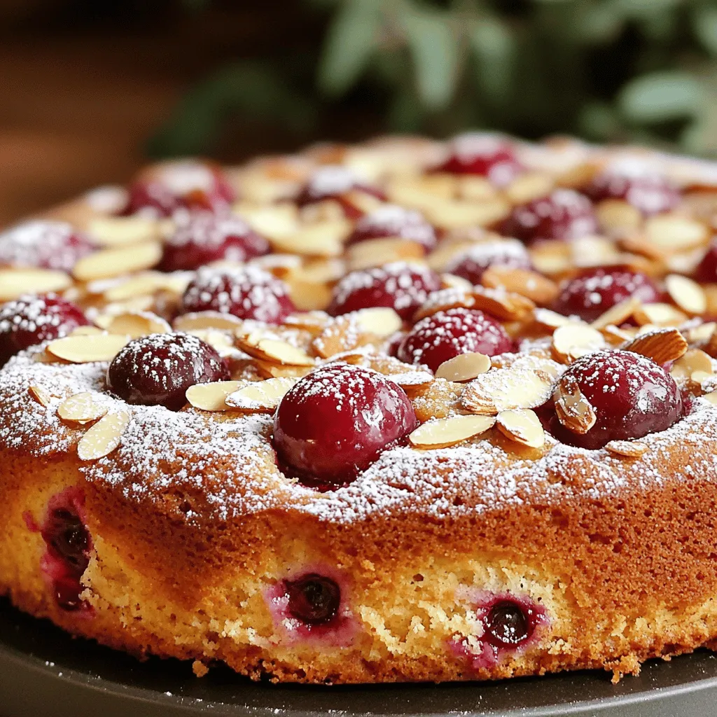 To make the Cherry Almond Coffee Cake, gather these ingredients: - 1 cup all-purpose flour - 1 cup almond flour - 1 cup granulated sugar - 1/2 cup unsalted butter, softened - 2 large eggs - 1/2 cup sour cream - 1 teaspoon vanilla extract - 1 teaspoon almond extract - 1 teaspoon baking powder - 1/2 teaspoon baking soda - 1/4 teaspoon salt - 1 cup fresh cherries, pitted and halved - 1/2 cup sliced almonds - Powdered sugar, for dusting If you want to switch things up, here are some ideas: - Use coconut flour instead of almond flour for a different flavor. - Greek yogurt can replace sour cream for a healthy twist. - Swap fresh cherries for frozen ones if out of season. Just thaw them first. - Try honey or maple syrup instead of granulated sugar for a natural sweetener. Understanding measurements can help you adjust recipes. Here are some common conversions: - 1 cup = 8 fluid ounces - 1/2 cup = 4 fluid ounces - 1 teaspoon = 5 milliliters - 1 tablespoon = 15 milliliters These conversions can help you scale the recipe up or down as needed. Start by preheating your oven to 350°F (175°C). Grease and flour a 9-inch round cake pan or line it with parchment paper. In a large bowl, cream together the softened butter and granulated sugar until the mixture is light and fluffy. This step is key for making a soft cake. Next, beat in the eggs one at a time. Make sure each egg is mixed in fully before you add the next one. Then, add the sour cream, vanilla extract, and almond extract. Mix everything until it is well combined. In a separate bowl, whisk together the all-purpose flour, almond flour, baking powder, baking soda, and salt. Slowly add this dry mixture to the wet mixture. Stir gently until just combined. Be careful not to overmix, as this can make the cake tough. Finally, gently fold in the fresh cherry halves. This ensures the cherries are spread evenly throughout the batter. Pour the batter into your prepared cake pan and smooth the top with a spatula. Sprinkle sliced almonds on top for an added crunch. Now it’s time to bake! Place the cake pan in the preheated oven. Bake for 35-40 minutes. Check if it’s done by inserting a toothpick into the center. If it comes out clean, your cake is ready. If not, give it a few more minutes. After baking, remove the cake from the oven. Let it cool in the pan for 10 minutes. Then, transfer it to a wire rack to cool completely. This cooling step is important for the best texture. Once the cake is cool, dust the top with powdered sugar for a nice touch. Slice and serve your Cherry Almond Coffee Cake to family and friends. Enjoy this delightful treat with coffee or tea! To keep your cake moist, use sour cream. It adds richness and prevents dryness. Mixing the butter and sugar well also helps trap air. This makes the cake light. Do not overmix your batter. Gently fold in the cherries. This method keeps the cake fluffy. Ovens can vary in heat. Start checking your cake at 35 minutes. Insert a toothpick in the center. If it comes out clean, your cake is ready. If it still has batter, give it a few more minutes. Check again to avoid overbaking. Dust your cake with powdered sugar for a lovely finish. You can use a fine sieve for even coverage. Add extra sliced almonds on top for a nice crunch. Serve with fresh cherries on the side for color. A pretty plate can make your cake stand out even more. {{image_2}} You can make this cake gluten-free. Use a 1:1 gluten-free flour blend instead of all-purpose flour. This swap works well with almond flour. The texture may change slightly, but the taste stays great. Just follow the same steps in the recipe. Cherry almond coffee cake is versatile. You can use other fruits for fun flavors. Try blueberries, raspberries, or peaches. Each fruit gives a new twist. Dice the fruit and fold it into the batter just like with cherries. Adjust the sugar based on the fruit’s sweetness. Add extra flavor to this cake easily. Consider adding lemon zest for a fresh taste. A pinch of cinnamon or nutmeg also works well. You can mix in a splash of orange juice with the wet ingredients. These small changes make a big difference. Each bite will surprise your taste buds! To keep your Cherry Almond Coffee Cake fresh, store it in an airtight container. Place it at room temperature for up to three days. If you want it to last longer, the fridge is a good option. Just be aware that the cake may dry out a bit in the fridge. Wrap it well in plastic wrap to keep moisture in. When you want to enjoy your cake again, reheating is simple. Preheat your oven to 350°F (175°C). Place a slice of cake on a baking sheet. Cover it with foil to keep it moist. Heat for about 10 minutes. You can also use a microwave. Heat a slice for 15 to 20 seconds. This method works well but might make the cake a bit soft. Freezing your Cherry Almond Coffee Cake is easy. First, let it cool completely. Slice the cake into portions for easy thawing. Wrap each slice in plastic wrap, then place them in a freezer bag. Be sure to squeeze out the air before sealing. You can freeze the cake for up to three months. When ready to eat, thaw it in the fridge overnight. Enjoy your delightful treat any time! Yes, you can make this cherry almond coffee cake ahead of time. I suggest baking it a day before you plan to serve it. This cake tastes even better after sitting for a bit. Just store it in an airtight container at room temperature. This keeps the cake moist and fresh. If you don’t have sour cream, use plain yogurt. Greek yogurt works too. Both options give a nice creaminess and tang. You can also mix cream cheese with a little milk for a similar texture. These substitutes maintain the cake's rich flavor. This cherry almond coffee cake lasts about three days at room temperature. If you need it to last longer, store it in the fridge. It can last up to a week when chilled. Make sure it’s in an airtight container to keep it fresh. You learned about the key ingredients needed for your cake and their alternatives. We talked about how to prep the batter, bake, cool, and serve the cake. Tips on keeping it moist and enhancing its look were shared too. You also saw how to adapt the recipe for gluten-free options and different flavors. Lastly, we covered how to store and reheat your cake properly. Enjoy your baking journey and share your delicious creations with others!