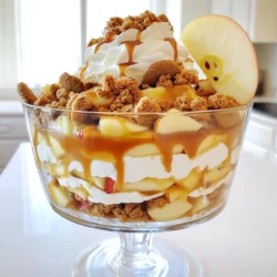 To make a delicious Caramel Apple Trifle, you need the right ingredients. Here’s what you will need: - 4 medium-sized apples (Granny Smith or Honeycrisp) - 1 tablespoon lemon juice - 1 teaspoon cinnamon - 1 cup brown sugar - 1/4 cup unsalted butter - 1 cup heavy cream - 1/4 cup powdered sugar - 1 teaspoon vanilla extract - 1 cup vanilla pudding - 1 cup crumbled ginger snap cookies - Caramel sauce for drizzling - Whipped cream for topping These ingredients create a blend of sweet and tart flavors. The apples give a fresh crunch, while the caramel adds a rich touch. The ginger snap cookies bring a nice spice, making this dessert truly special. Each bite delivers comfort and joy, perfect for fall gatherings or cozy nights in. Start by peeling, coring, and dicing four medium-sized apples. I like Granny Smith or Honeycrisp for their crisp taste. Toss the diced apples in a medium bowl with one tablespoon of lemon juice and one teaspoon of cinnamon. The lemon juice keeps the apples fresh and adds a nice zing. Let this mixture marinate for about 10 minutes. This step helps the flavors blend. Next, heat a skillet over medium heat. Melt a quarter cup of unsalted butter in the skillet. Once the butter melts, add one cup of brown sugar. Stir until it dissolves. Add the marinated apples to the skillet. Cook them for about 5-7 minutes. You want the apples to be tender and nicely caramelized. They should have a glossy look. Once done, remove the skillet from heat and let the apples cool. In a separate bowl, whip one cup of heavy cream. Add in a quarter cup of powdered sugar and one teaspoon of vanilla extract. Whip until soft peaks form. This will give your trifle a light and fluffy texture. Now, it’s time to layer everything in your trifle dish or individual glasses. Start with a layer of crumbled ginger snap cookies. Then add a layer of caramelized apples. Next, pour in a layer of vanilla pudding. Finally, top with a layer of whipped cream. Repeat these layers until your dish is full. Make sure to end with whipped cream on top. Drizzle caramel sauce over the whipped cream and add extra crumbled cookies for a delightful finish. To get tender and flavorful apples, choose the right type. I love using Granny Smith or Honeycrisp apples. They add a nice tartness that balances the sweetness of the caramel. After peeling and coring, toss the diced apples with lemon juice and cinnamon. This step adds flavor and keeps the apples fresh. Let them sit for about 10 minutes. This time helps the flavors soak in, making them extra tasty when caramelized. When cooking, melt the butter first, then add brown sugar. Stir until it dissolves. Finally, add the marinated apples and cook until they’re tender and slightly caramelized. Creating appealing layers makes your trifle stand out. Start with crumbled ginger snap cookies at the bottom. This gives a nice crunch and a flavor boost. Next, add a layer of caramelized apples. Follow this with vanilla pudding and whipped cream. Repeat these layers until your dish is full. Finish with whipped cream on top because it looks great and tastes amazing. To make it even more stunning, drizzle caramel sauce over the top. This adds a beautiful finish and extra sweetness. Presentation is key to impressing your guests. If you use individual glasses, add a thin slice of apple on the rim for decoration. It adds a nice touch and shows off the main ingredient. Sprinkle some extra cinnamon on top for added flavor and style. When serving, keep the trifle chilled until it’s time to eat. This keeps the layers nice and firm. Your guests will love the look and taste of this dessert! {{image_2}} You can swap apples with pears for a new taste. Pears add a soft texture and a sweet flavor. You might also try seasonal fruits like peaches or plums. These fruits work well with the caramel. Just make sure they are ripe for the best taste. If you don’t have ginger snap cookies, you can use graham crackers. They give a milder taste but still crunch. You could also try oatmeal cookies for a chewy texture. Each cookie choice changes the flavor and feel of your trifle. To make your trifle unique, add spices like nutmeg or cardamom. These spices enhance the warmth of the dessert. You can also add a splash of almond or maple extract for extra flavor. Adjust these flavors to match your taste. To store your caramel apple trifle, first cover it well. Use plastic wrap or a lid. Keep it in the fridge. The cool air will help it last longer. Try to eat it within three days for best taste. If you used individual glasses, just cover each one. You usually don’t need to reheat a trifle. The layers taste best cold. If you want to warm just the apples, put them in a bowl. Heat them in the microwave for about 30 seconds. Stir and check if they are warm enough. Your trifle will last about three days in the fridge. After that, the cookies may get soggy. The flavors will still be good, but the texture changes. For best results, serve it fresh on the first or second day. Enjoy the layers at their best! Yes, you can make the Caramel Apple Trifle ahead of time. I suggest preparing it up to a day in advance. This allows the flavors to blend well. Just keep the trifle covered in the fridge. If you have whipped cream on top, add it right before serving. This keeps it fresh and fluffy. Absolutely! If you want to swap out heavy cream, you have options. You can use whipped coconut cream for a dairy-free version. Another choice is to use half-and-half, but it won’t whip as well. You could also try using cream cheese mixed with milk for a thicker texture. Making homemade vanilla pudding is simple! Here’s a quick outline: 1. Ingredients: You’ll need 2 cups of milk, 1/2 cup of sugar, 1/4 cup of cornstarch, and 1 teaspoon of vanilla. 2. Mix: In a pot, whisk the sugar and cornstarch. Gradually add the milk, stirring until smooth. 3. Cook: Heat over medium heat, stirring constantly until it thickens. 4. Finish: Remove from heat and stir in vanilla. Let it cool before using it in your trifle. This pudding adds a rich taste to your dessert! This blog post covered how to make a delicious Caramel Apple Trifle. You learned about the key ingredients, step-by-step instructions, and helpful tips. We explored variations to suit your taste and shared storage methods for leftovers. Now, you can create this fun dessert for any occasion. Enjoy the layers of flavor and texture. Share it with friends and family for a sweet treat they’ll love.