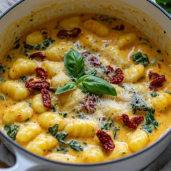 - 1 package (16 oz) potato gnocchi - 1 cup sun-dried tomatoes in oil, drained and chopped - 1 cup heavy cream - 1 cup vegetable broth - 1 cup fresh spinach - 1/2 cup grated Parmesan cheese - 2 cloves garlic, minced - 1 teaspoon dried oregano - 1 teaspoon red pepper flakes (optional) - Salt and pepper to taste - Fresh basil for garnish This recipe brings together simple yet rich flavors. First, we use potato gnocchi, which is soft and fluffy. The sun-dried tomatoes add a sweet and tangy taste. Their oil helps to add depth to the dish. Heavy cream makes the sauce smooth and rich. Vegetable broth adds a savory layer without being too heavy. Fresh spinach gives the dish a nice color and a healthy boost. Garlic adds a warm, aromatic flavor. Dried oregano brings a hint of earthiness. Red pepper flakes can add a nice kick, but feel free to skip them if you prefer mild flavors. Lastly, salt and pepper are key for seasoning, making sure everything comes together beautifully. Don't forget the fresh basil for garnish! It adds a pop of color and freshness to the dish. Each ingredient plays a role in creating a creamy delight that is both comforting and satisfying. To make creamy sun-dried tomato gnocchi, start by gathering your ingredients. You'll need potato gnocchi, sun-dried tomatoes, heavy cream, vegetable broth, spinach, and cheese. This dish comes together quickly in one pot. It takes about 20 minutes to cook and serves four. First, heat a large pot over medium heat. Add the chopped sun-dried tomatoes and minced garlic. Sauté for 2-3 minutes. The garlic should become fragrant and golden. This step adds a rich flavor base to your dish. Next, pour in the vegetable broth. Bring this mixture to a simmer. Once simmering, add the potato gnocchi. Cook for 3-4 minutes until the gnocchi floats to the top. This means they are cooked through. Lower the heat and slowly stir in the heavy cream. Keep stirring continuously to blend it well. After that, add the fresh spinach, dried oregano, and red pepper flakes if you want some heat. Cook for another 3-4 minutes until the spinach wilts. Finally, mix in the grated Parmesan cheese until it melts and the sauce becomes creamy. Season with salt and pepper to taste. Let it rest for a few minutes before serving. Enjoy this creamy delight! To make the sauce creamy, the heavy cream is key. Add it slowly, stirring all the time. This helps mix the cream well with the rest. If you want a thicker sauce, let it cook a bit longer. The cheese adds creaminess too. Grate it fresh for the best taste. Always taste your sauce. Adjust salt and pepper as needed. A pinch of nutmeg can add a nice twist. I recommend using potato gnocchi for this dish. It has a soft texture that holds sauce well. Look for gnocchi that is fresh or frozen. If you can find it, fresh gnocchi cooks quickly. Cook it until it floats for the best bite. Frozen gnocchi is great too; just add it directly to the pot. No need to thaw! For a beautiful presentation, serve in deep bowls. Garnish with fresh basil leaves and a sprinkle of cheese on top. You can also add a drizzle of olive oil for extra flavor. Pair this dish with a simple salad or garlic bread. Both add a nice crunch to your meal. Enjoy every creamy bite! {{image_2}} You can easily boost the protein in this dish. A few great choices include chicken, shrimp, or sausage. For chicken, add bite-sized pieces after sautéing the garlic. Cook until golden brown before adding the sun-dried tomatoes. For shrimp, toss them in right after the gnocchi. They will cook quickly and add a nice flavor. If you like sausage, remove it from the casing and cook it with the garlic. This adds a savory taste that pairs well with the creamy sauce. This dish is already vegetarian, but you can make it even more filling. Add chickpeas or white beans for a protein boost. You can also toss in more vegetables. Try mushrooms, bell peppers, or zucchini. Sauté them with the garlic for added flavor. They will add texture and make the meal even more colorful. If you want a heartier meal, mix in quinoa or barley as well. To make this dish even more exciting, think about adding fresh herbs. Basil or thyme can elevate the taste. Stir in a handful of fresh basil at the end for a bright finish. You could also sprinkle in some lemon zest for a bit of zing. If you love spice, increase the red pepper flakes or add a dash of hot sauce. Next, try a splash of balsamic vinegar for a sweet touch that balances the creaminess. These small tweaks can bring new life to your creamy sun-dried tomato gnocchi. You can store leftover creamy sun-dried tomato gnocchi in an airtight container. Keep it in the fridge for up to three days. Make sure it cools down first. This way, the gnocchi stays fresh and tasty. If you notice any separation in the sauce, don't worry. Just give it a quick stir before serving. To reheat, put the gnocchi in a pot over low heat. Add a splash of vegetable broth or cream. Stir often to prevent sticking. Heat until warm, about 5-7 minutes. You can also use the microwave. Heat in 30-second bursts, stirring in between. This keeps the dish creamy and delicious. You can freeze this dish if you have extra. Let it cool completely before freezing. Store it in a freezer-safe container for up to three months. When you're ready to eat, thaw it overnight in the fridge. Then reheat as mentioned above. The flavor will still be great, and you’ll enjoy it just as much! Yes, you can use fresh gnocchi. It cooks faster than packaged gnocchi. Reduce the cooking time by 1-2 minutes. Fresh gnocchi may also give a softer texture. You can use coconut cream or cashew cream as a substitute. Both options add creaminess without dairy. Another choice is using a mix of milk and cornstarch. This mix thickens the sauce well. To make this dish vegan, replace heavy cream with coconut cream. Use nutritional yeast instead of Parmesan for a cheesy flavor. Lastly, ensure your gnocchi is egg-free. Many brands offer vegan gnocchi. Enjoy your plant-based delight! This blog post covered a delicious gnocchi dish, from the list of ingredients to step-by-step cooking. I shared tips on perfecting the sauce and suggested tasty variations. You can easily store leftovers and reheat them later. Remember, you can swap ingredients to fit your taste or diet. Cooking should be fun and flexible. Enjoy trying out these ideas in your kitchen. Your next meal could be easy and tasty with these tips.
